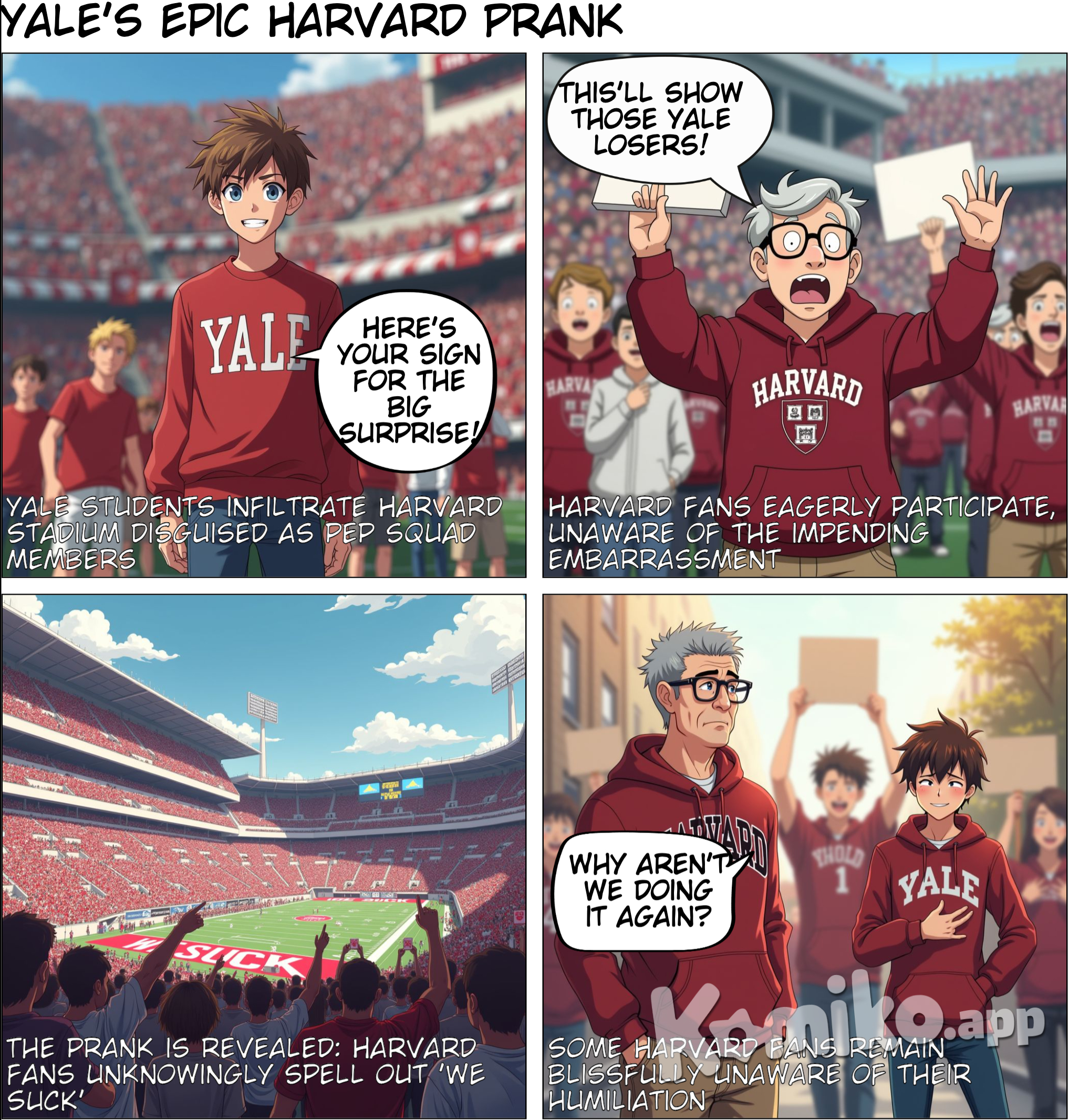 In 2004, Yale students executed a clever prank by disguising themselves as a Harvard pep squad and tricking Harvard fans into unwittingly holding up placards that spelled "WE SUCK" at their own game. According to a barely restrained write-up in the Yale Daily news, representatives of the fictitious Harvard pep squad distributed red and white construction paper pieces in a specific order to Harvard Stadium's home team side in Allston. They explained to curious sign-holders that if everyone raised them simultaneously, the message "Go Harvard" would be visible from the Yale side of the stands. Unbeknownst to the crowd, these students were not part of any Harvard pep squad, as it turns out; they were Yale students. When the signs went up, the Yale crowd responded with cheers and chants of "You suck" as an entire half-stadium of Harvard fans held up paper that spelled out "We Suck." The Harvard crowd, unaware of the prank, even repeated the signs several times, with some Harvard students remaining oblivious to what had transpired for days.
