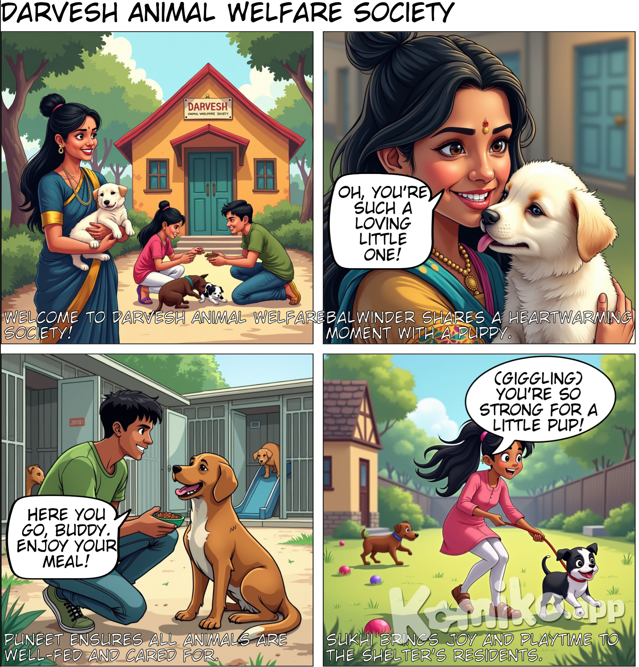 Panel 1: (Wide shot of the Darvesh Animal Welfare Society shelter) Caption: "Welcome to Darvesh Animal Welfare Society!" In the foreground, Balwinder Kaur is seen holding a fluffy puppy, smiling at its antics while Puneet feeds a dog in the background. Sukhi is playing with a playful puppy nearby.