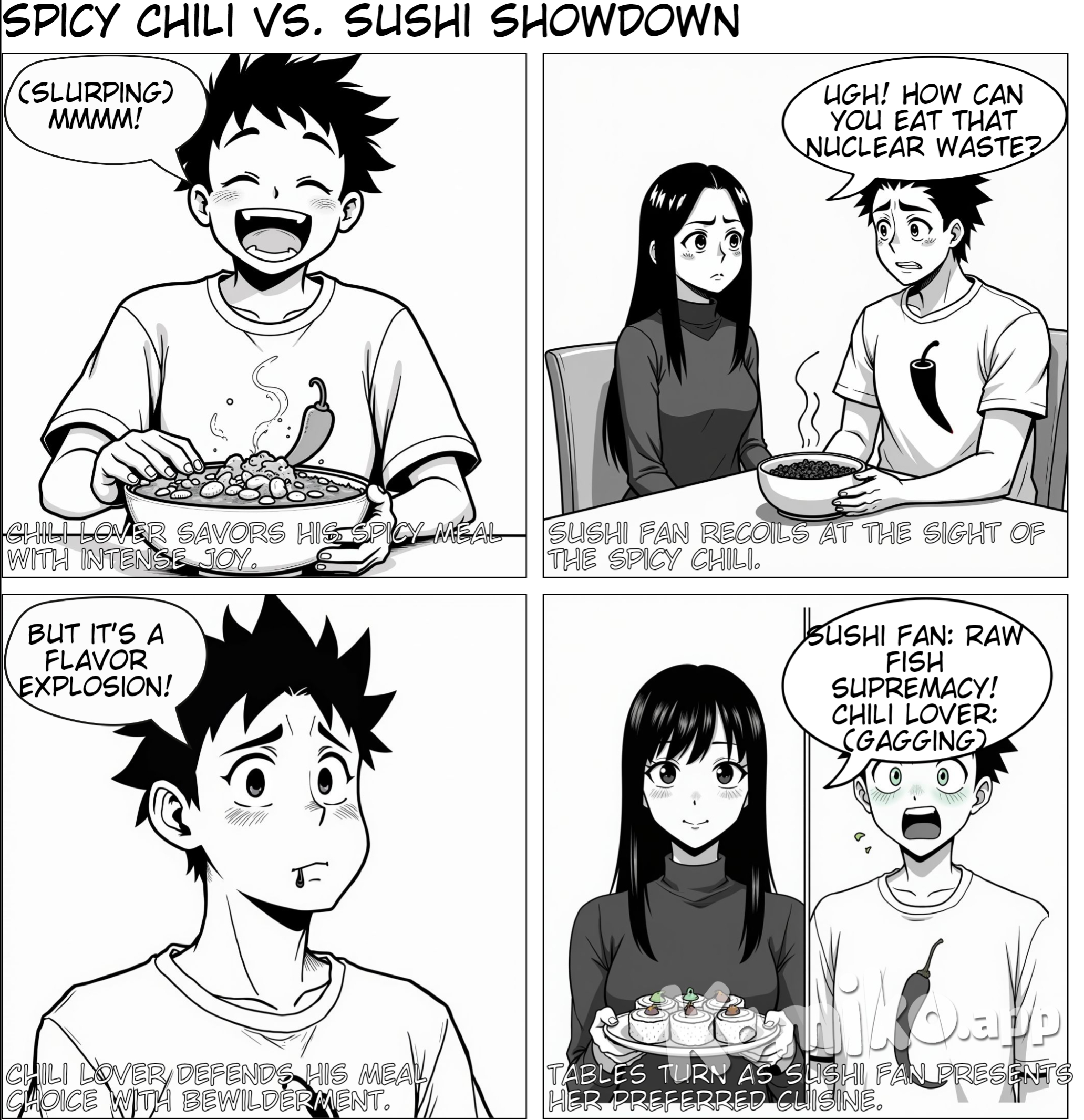 Panel 1: The first person is happily eating a large bowl of spicy chili, with a big smile on their face and a thought bubble saying, “This is the best meal ever!” Panel 2: A second person walks by, sees the chili, and their face turns green with disgust. They say, “How can you eat that? It’s way too spicy!” Panel 3: The first person looks puzzled and responds, “It taste great!” Panel 4: The second person holds up a plate of sushi, saying, “Well, I prefer sushi.” The first person now looks green with disgust and says, “Yuck, raw fish!”.
