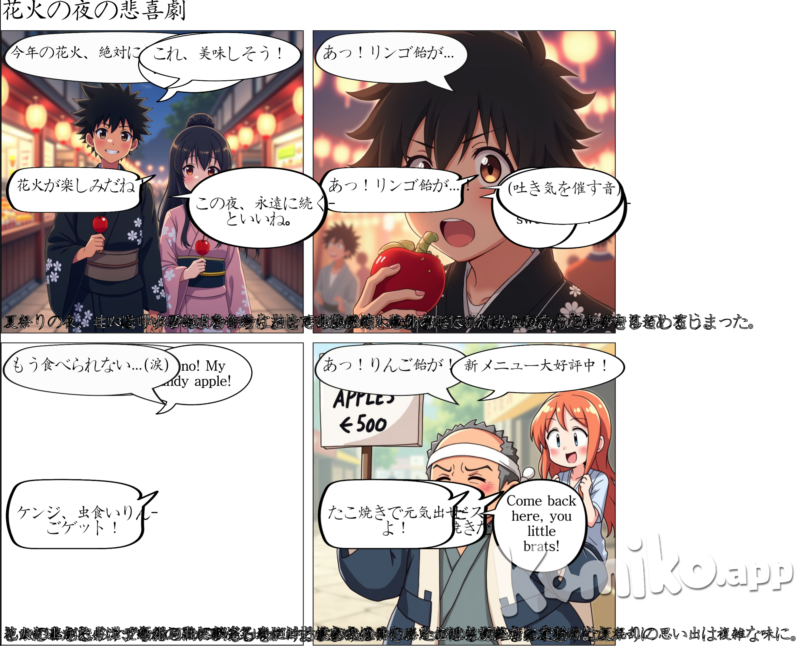 During a summer night festival in Japan, a boy in a black kimono and a girl in a pale pink kimono walk happily down the street, each holding a candy apple.  Under the night sky illuminated by lights, amidst the bustling crowd and lively stalls, fireworks suddenly burst forth in the dark.