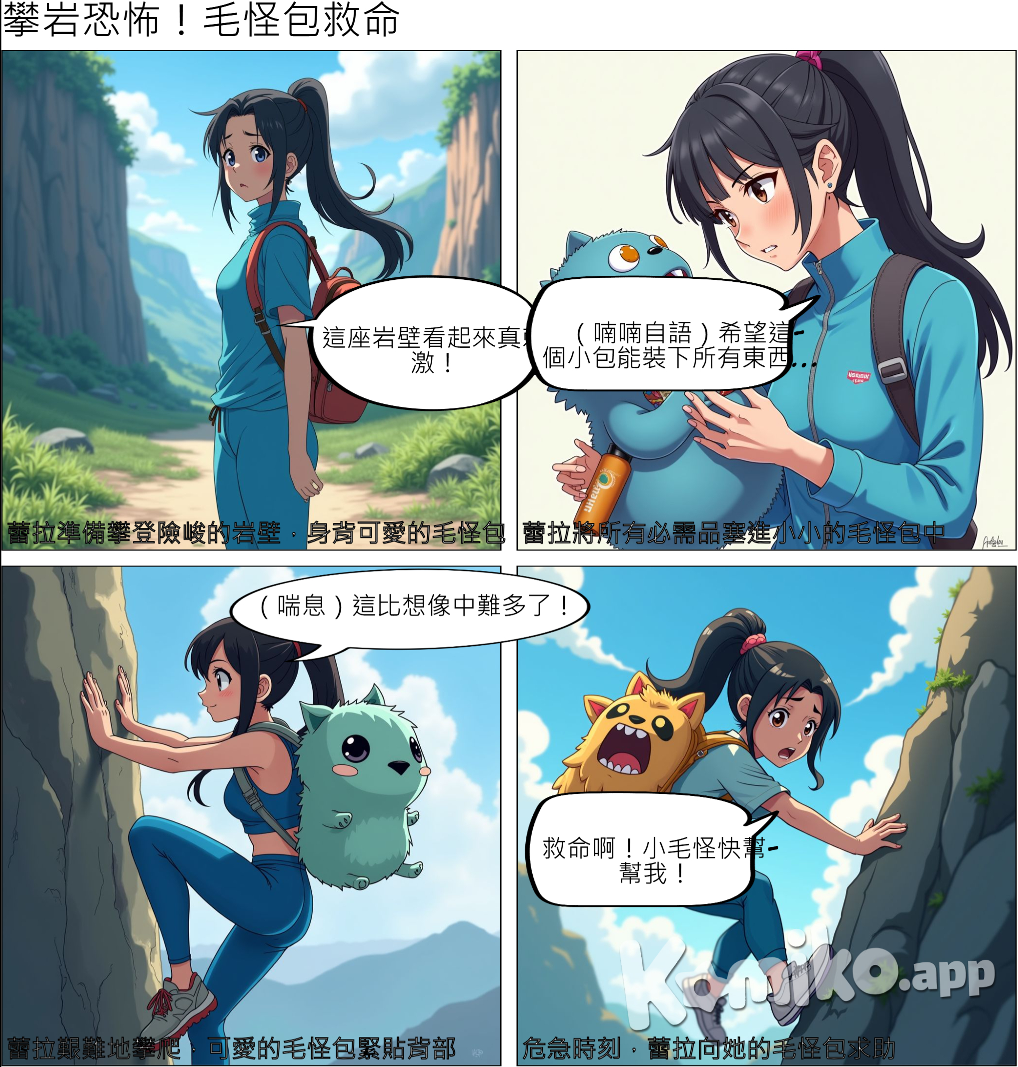 分鏡	劇本	拍攝說明 1	開場：準備與出發	這是一個開放的山谷，蕾拉站在山腳下，面對一座險峻的岩壁。她穿著運動服，神情專注但有些緊張。背著她的88PLUS卡通造型隨身包，這是她的必需品。 2	準備物品	蕾拉開始將攀岩所需的小物品（如手機、能量棒、小型水壺、繩索等）放入背包。她細心地將每一項物品整理好，神情專注。 3	開始攀爬	蕾拉背著包開始攀爬岩壁。她的動作靈活且有些謹慎，但每當她稍微停下來休息，她都會檢查背包的狀態。 4	遇到困難	在攀爬過程中，蕾拉遇到了一個難關，腳滑了一下，失去平衡。她的表情變得焦慮，感到恐懼。 5	背包的關鍵作用	蕾拉焦急地回頭，從背包中迅速取出應急物品。她掏出了繩索、手套，並拿起能量棒迅速補充體力。這些物品幫助她渡過了這個困難。  6	重新振作，繼續攀爬	蕾拉擦去額頭上的汗水，深呼吸後，重新專注於攀爬。她的動作變得更加果斷，每一步都充滿信心。背包再次隨著她的動作輕微晃動。 7	成功到達頂峰	蕾拉終於成功到達岩壁的頂端，站在高處，面對遼闊的景色。她看著遠方，臉上露出微笑，滿意和自豪地看著自己手中的背包。 8	總結與象徵	站在頂峰的蕾拉低頭看著她的88PLUS背包，眼中充滿感激。背包是她成功的見證，也是她自信與勇氣的象徵。 9	結尾與品牌呈現	蕾拉笑著向前走，背景中出現88PLUS品牌Logo，並出現廣告語。背包是很小的毛怪圖案斜背包 