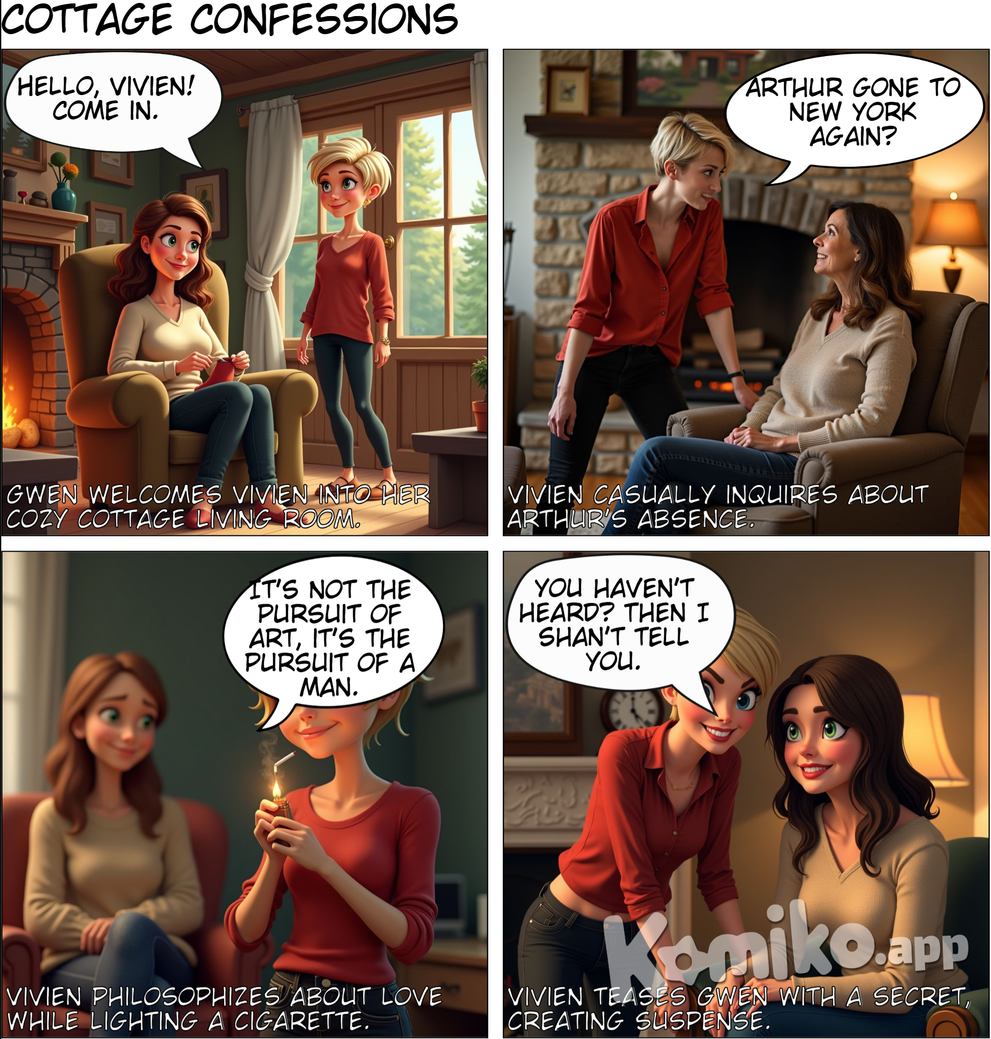  BOTH CHARACTERS TALK AND HAVE DIAOGUE AND MAKE IT A NORMAL ANIME  Comic Title: Cottage Confessions Panel 1: Cozy Living Room Background: A warm, inviting living room in a summer cottage in Camelot, Maine. Gwen sits comfortably in a big chair, darning socks, while Vivien stands in the doorway, smiling. Vivien: “Hello, Gwen!” Gwen: “Hello, Vivien! Come in.”  Panel 2: Lonely Moments Vivien enters and leans casually against the mantelpiece, looking playful. Vivien: “Arthur gone to New York again?” Gwen: “Yes, for over Sunday. And I’m lonely.”  Panel 3: The Pursuit of Love Vivien, now lighting a cigarette, looks thoughtful. Vivien: “It’s not the pursuit of art, it’s the pursuit of a man.” Gwen: “Don’t try to talk like a woman in a Shaw play. Just say you’re in love!”  Panel 4: Secrets and Longing Vivien grins mischievously, leaning closer to Gwen, who looks intrigued. Vivien: “You haven’t heard? Then I shan’t tell you.” Gwen: “But—why?” Vivien: “Because you’ll think I’ve a nerve to want him!”