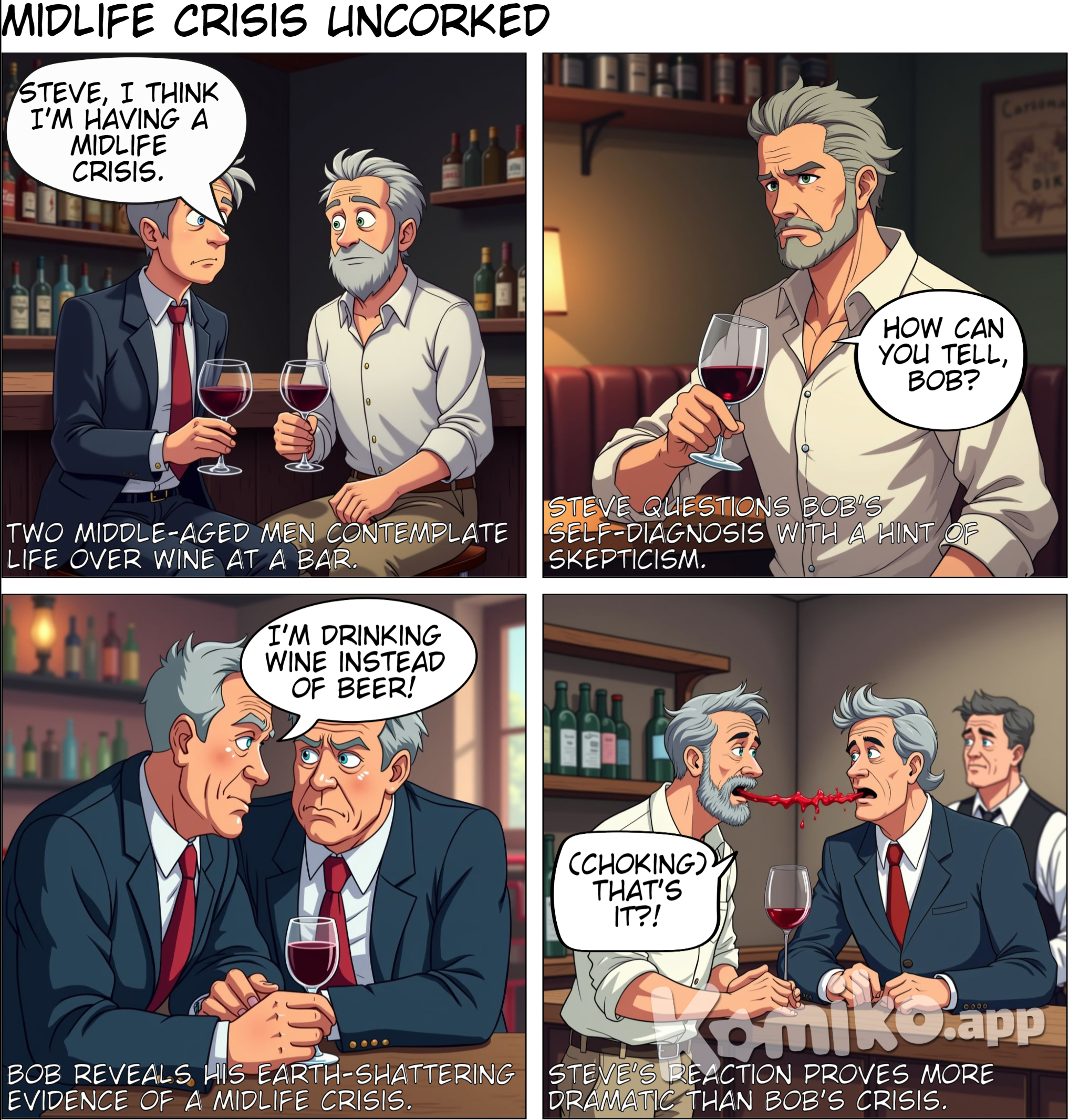 two grey haired men in their 40s sitting in a bar drinking wine talking to each other. They look serious.