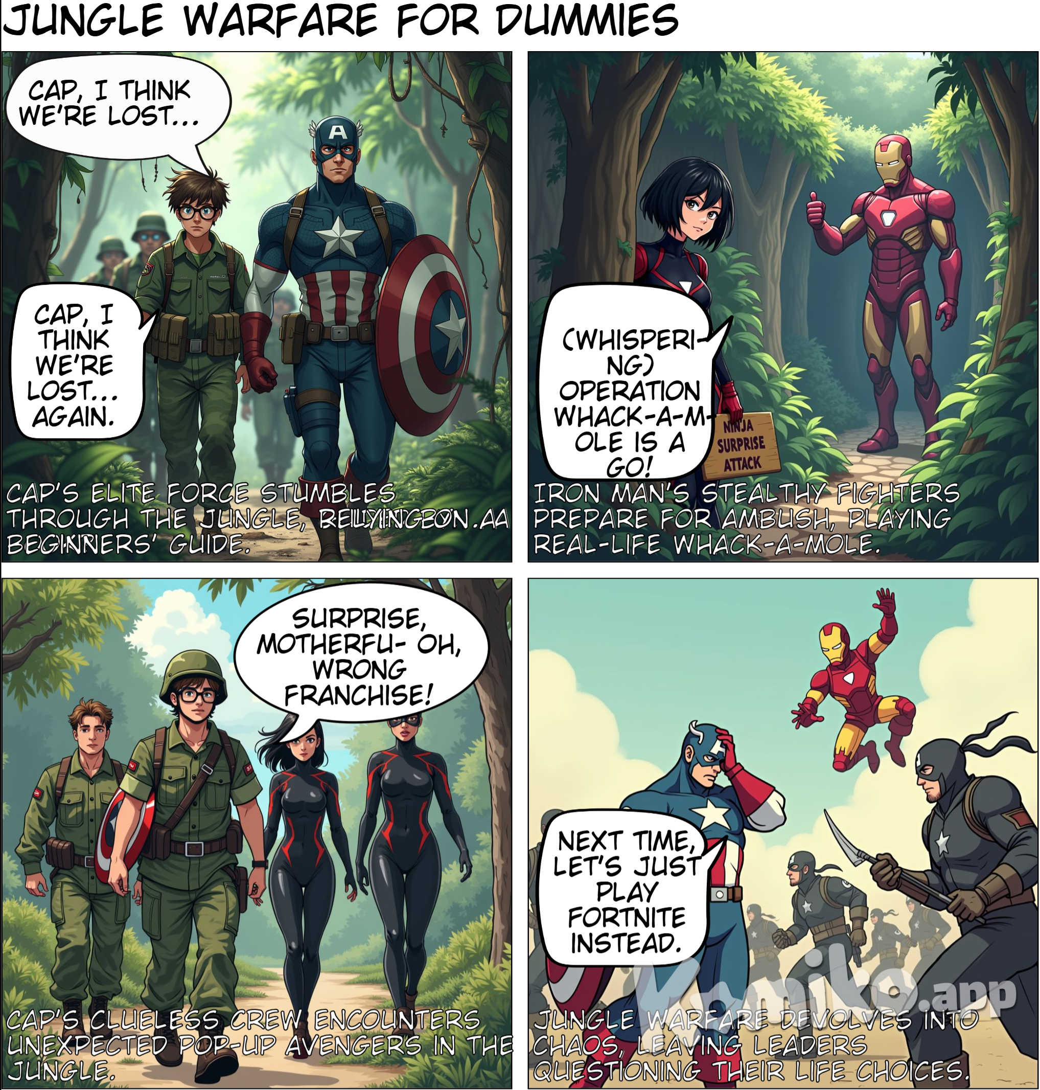 *Panel 1:* Cap’s soldiers stumble through the jungle, sweating and holding a giant *‘Guide to Jungles for Beginners’* book.  *Panel 2:* Iron Man’s team of stealthy fighters hide in bushes and tunnels, holding little “Surprise Attack” signs, ready to pounce.  *Narration Box:*   "Turns out, the jungle was a *tricky place.* Iron Man’s pals kept hiding and popping up like whack-a-mole! Cap’s soldiers had no clue where to go."