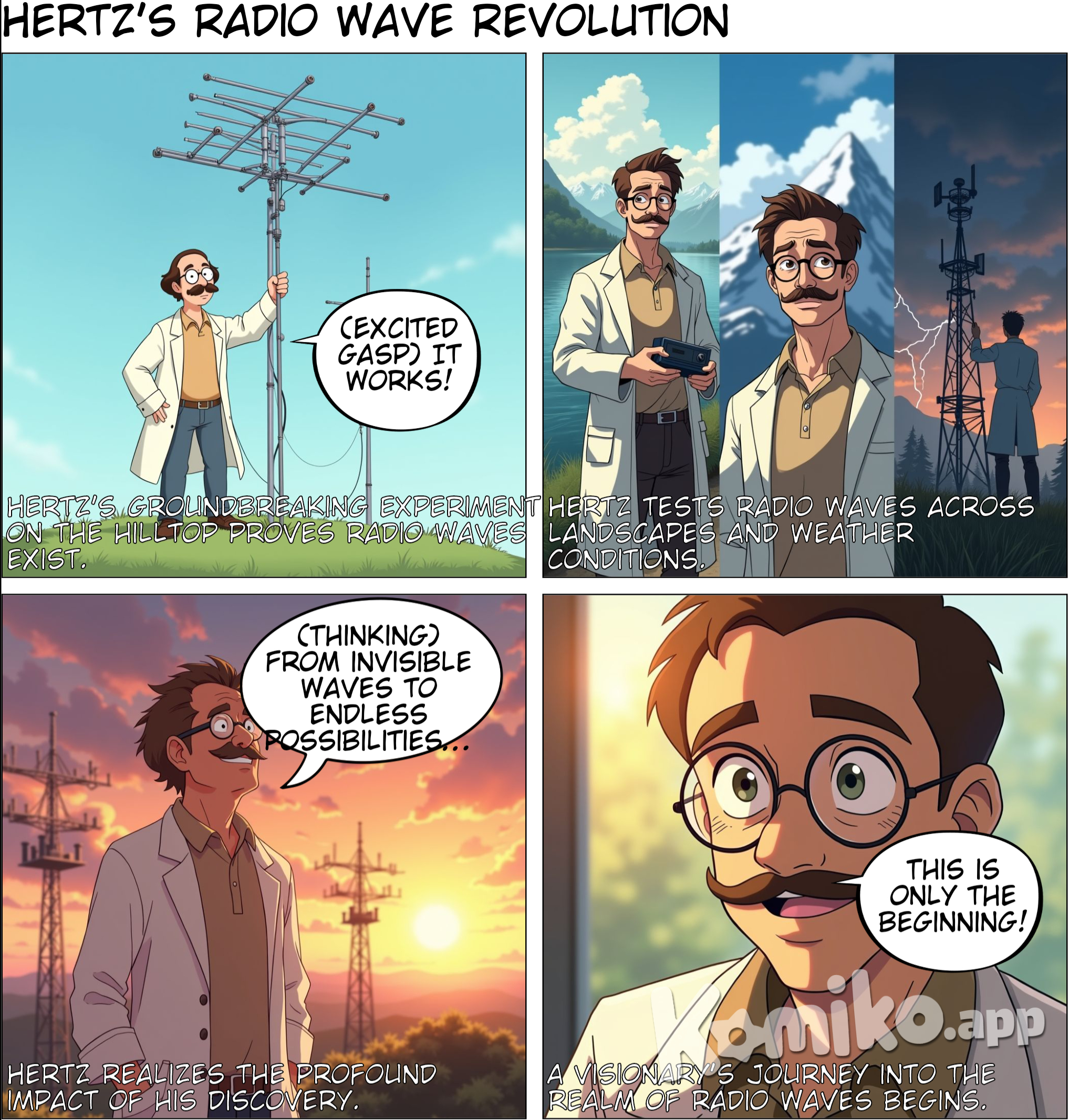 Can you make about Heinrich Hertz the one who discovered the radio waves  in the first panel is when he go to the hill and he raised the antenna he made called LC oscillator, He used a spark gap attached to an induction coil and a separate spark gap on a receiving antenna. When waves created by the sparks of the coil transmitter were picked up by the receiving antenna, sparks would jump its gap as well. In the second panel a Montage of Professor Wave's adventures: traveling to different places, testing his radio device by sending signals over lakes, mountains, and even through a thunderstorm.  Narration (Caption): "He pushed the limits of what radio waves could do, learning that they could travel over great distances and through various obstacles." Final shot of Professor Wave standing on the hill at sunset, looking at the sky with his radio antenna, a satisfied smile on his face.  Professor Wave (thinking): "From invisible waves to endless possibilities... this is only the beginning.", make it old but not that very old, with brown hair and glasses and light brown polo and a lab coat  and a mustache