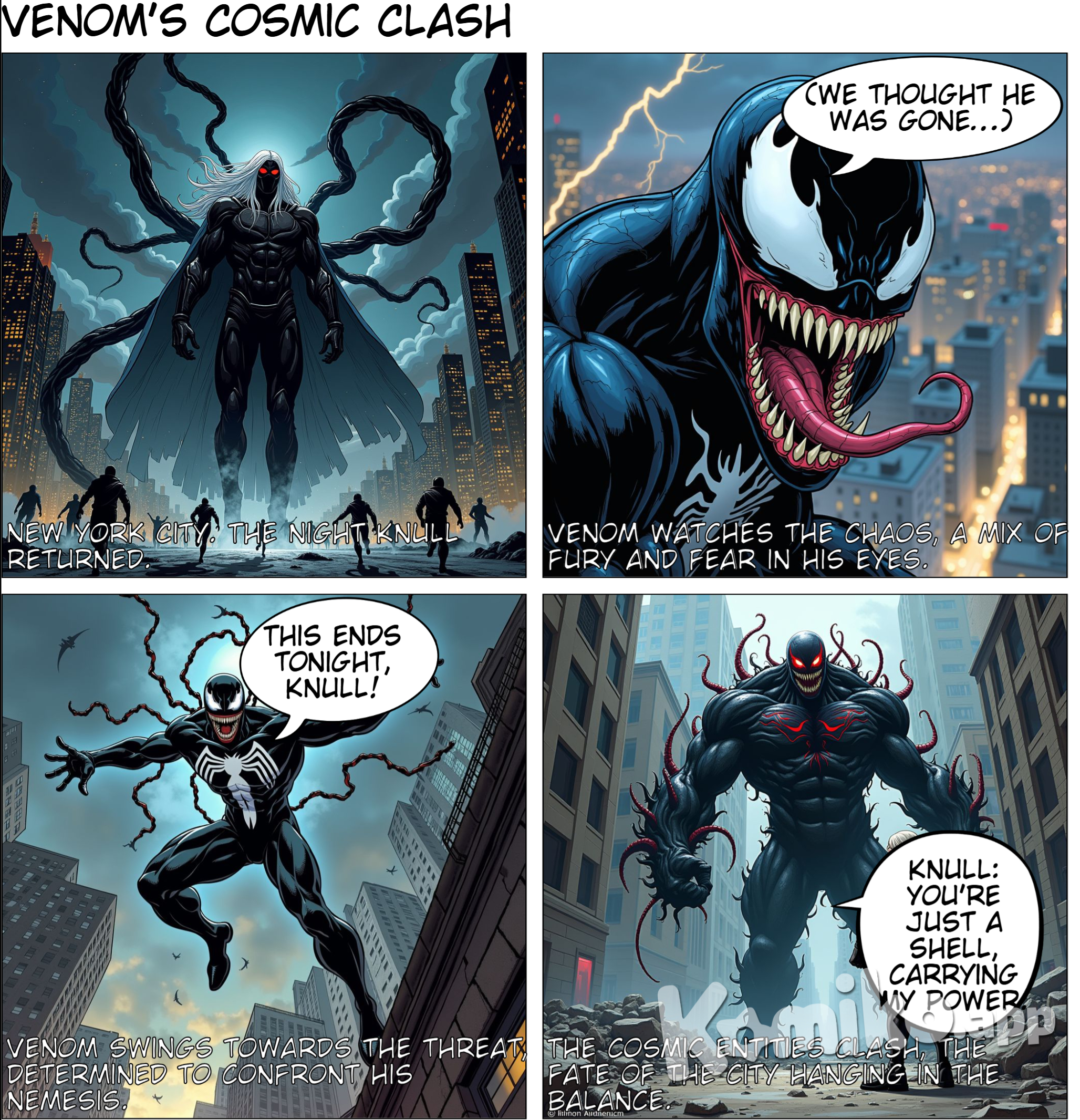 "Venom vs. Knull: The Dark Reckoning"** --- ### PAGE 1 #### PANEL 1 *Setting: A dark, stormy sky over a chaotic New York City. People run in terror as the skyline is filled with symbiote tendrils sprawling from a shadowy, towering figure in the distance.* **CAPTION**: *New York City. The night Knull returned.* #### PANEL 2 *Knull, an imposing figure with a cold, menacing smile, stands amidst a whirl of symbiotic energy, eyes gleaming with red power.* **KNULL**: I am creation, Eddie. I am destruction. And this time... no one will keep me from what I am owed. #### PANEL 3 *Close-up of Eddie Brock as Venom, watching from a rooftop. He looks furious, but there’s a hint of fear.* **VENOM (INTERNAL MONOLOGUE)**: We thought we had seen the end of him. But some things… they refuse to stay buried. #### PANEL 4 *Venom leaps from the rooftop, tendrils shooting out as he swings toward Knull.* **VENOM**: This ends tonight, Knull! No more of your lies! --- ### PAGE 2 #### PANEL 1 *Venom lands in front of Knull, a figure of raw power and muscle, and they square off. The city crumbles around them.* **KNULL**: Lies? No, Eddie… I am truth incarnate. And your existence is the real deception. #### PANEL 2 *Knull raises a hand, and hundreds of tendrils extend from his fingers, twisting toward Venom like serpents.* **KNULL**: You’re not worthy of the gift I created. You’re only a shell, carrying pieces of MY power. #### PANEL 3 *Venom braces, but the tendrils strike fast, entangling and strangling him. He grits his teeth, fighting back.* **VENOM**: Maybe… but I don’t need your permission… to keep fighting you! #### PANEL 4 *With a powerful burst, Venom’s own tendrils push back against Knull’s, breaking his hold. The struggle leaves both of them snarling, eyes locked.* --- ### PAGE 3 #### PANEL 1 *Knull chuckles, an ominous, sinister sound.* **KNULL**: Brave words, Eddie. But bravado won’t save you. #### PANEL 2 *Venom’s face contorts, torn between rage and desperation as he tries to gather strength.* **VENOM (INTERNAL MONOLOGUE)**: We need to dig deeper. We have to *reach* them… #### PANEL 3 *Close-up of Eddie’s eyes, glowing with a faint, white-blue light as he concentrates.* **VENOM**: This isn’t your power anymore, Knull. It belongs to every one of us who has ever fought you. #### PANEL 4 *Venom releases a blast of energy, resonating with other symbiotes across the city as they respond to his call. In the background, Knull’s smile finally falters.* --- ### PAGE 4 #### PANEL 1 *Other symbiote hosts begin to converge on Knull’s position, their combined energies amplifying Venom’s own power.* **KNULL**: Insolent traitors! You’ll all perish together! #### PANEL 2 *Venom smirks, defiant as the power grows around him.* **VENOM**: You’re scared, Knull. Finally… you’re scared. #### PANEL 3 *Venom and the other symbiote hosts charge at Knull, their combined energy forming a powerful light that slices through his darkness.* **VENOM (INTERNAL MONOLOGUE)**: Together, we might just have a chance. #### PANEL 4 *Impact shot of Venom’s punch connecting with Knull’s face, shattering part of his armor and revealing cracks in his dark facade.* **SFX**: *CRAAAACK!* --- ### PAGE 5 #### PANEL 1 *Knull stumbles back, his features twisted in rage.* **KNULL**: You’ll regret that, Eddie… #### PANEL 2 *Venom stands tall, his stance resolute. The light from the other symbiotes begins to envelop them both.* **VENOM**: No, Knull… I don’t think I will. #### PANEL 3 *Knull screams as the light intensifies, burning him, while the symbiote hosts surround him in a blinding halo.* **SFX**: *FOOOOM!* #### PANEL 4 *Final shot of Venom, standing amidst the rubble, his symbiote form flickering but triumphant. Knull is nowhere to be seen, leaving only the faint, glowing remnants of the light.* **CAPTION**: *For now… the darkness is gone.* --- **END**