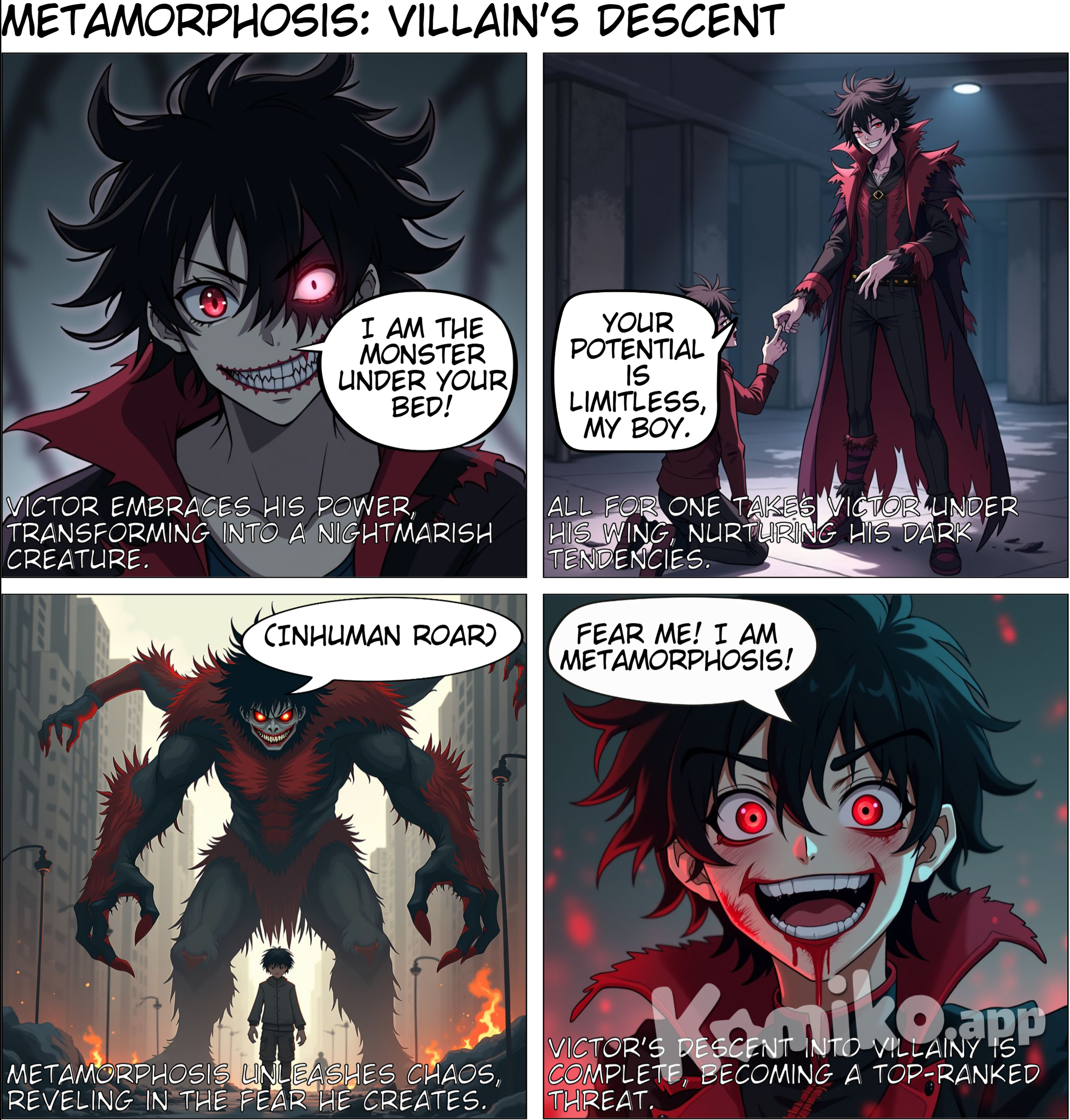 Hero Name: Metamorphosis Real Name: Victor Malum Age: 16 Quirk: Monster Manifestation Victor’s quirk allows him to transform into any type of monster he can imagine, including grotesque and horrifying creatures inspired by his own mind and the eerie monsters from Silent Hill. His transformations come with unique abilities, such as enhanced strength, agility, and fear induction. Hero Ranking: #47 Victor’s unique and terrifying quirk, combined with his effectiveness in combat and psychological warfare, has earned him a spot among the top 50 heroes in Japan. Despite his young age, his abilities and strategic mind make him a formidable hero. Powers and Abilities: Transformation: Can morph into any type of monster he can imagine, each with unique abilities. Adaptive Physiology: Gains the strengths and weaknesses of the monster form he takes on. Regeneration: Limited healing abilities that allow him to recover from injuries faster than normal. Fear Induction: Can strike fear into the hearts of his enemies, making them more susceptible to his attacks. Cannibalistic Rage: When fully insane, he can consume others to temporarily gain their abilities and enhance his own power. Weaknesses: Energy Drain: Each transformation consumes a significant amount of energy, limiting the duration he can stay in a monstrous form. Mental Instability: Already mentally unstable, the transformations exacerbate his instability, making him more erratic and unpredictable. Vulnerability in Human Form: When not transformed, he is as vulnerable as any regular human. Backstory: Victor Malum was born with the unique and terrifying power to transform into any monster he could imagine. His father was abusive, and one night, Victor snapped, transforming into a monstrous form and killing his entire family. Instead of feeling remorse, he found pleasure in the act. Left on the streets, he was taken in by All For One, who saw potential in Victor’s abilities and nurtured his dark tendencies. Under All For One’s guidance, Victor embraced his monstrous nature and honed his powers to spread fear and chaos. Motivation: Victor revels in his monstrous transformations and the fear they instill. He aims to create a world where he reigns supreme, feared by all, and uses his powers to spread chaos and terror. Personality: Victor is unpredictable and erratic, with moments of brilliance overshadowed by bouts of madness. His unstable mind makes him a dangerous and formidable foe, capable of extreme cruelty and cunning. Appearance: In his human form, Victor appears as a young man with wild hair and a manic gleam in his eyes. When transformed, his appearance varies depending on the monster he becomes, but all forms share a terrifying and grotesque nature, often inspired by the nightmarish creatures from Silent Hill or his own twisted imagination. Victor Malum, as Metamorphosis, brings a unique and terrifying presence to the hero rankings, making him a standout Chapter 3: Embracing the Darkness Victor, now known as Metamorphosis, fully embraced his role as a villain. He used his Quirk to create nightmarish creatures, each more terrifying than the last. His ability to induce fear became his greatest weapon, breaking the spirits of his enemies before he even laid a hand on them. His reputation grew, and he became a figure of dread in the hero community. Despite his young age, Metamorphosis quickly rose through the ranks of villains, his cunning and brutality earning him a place among the most feared. He relished the chaos he caused, each act of violence and terror feeding his insatiable hunger for power. MHA art style