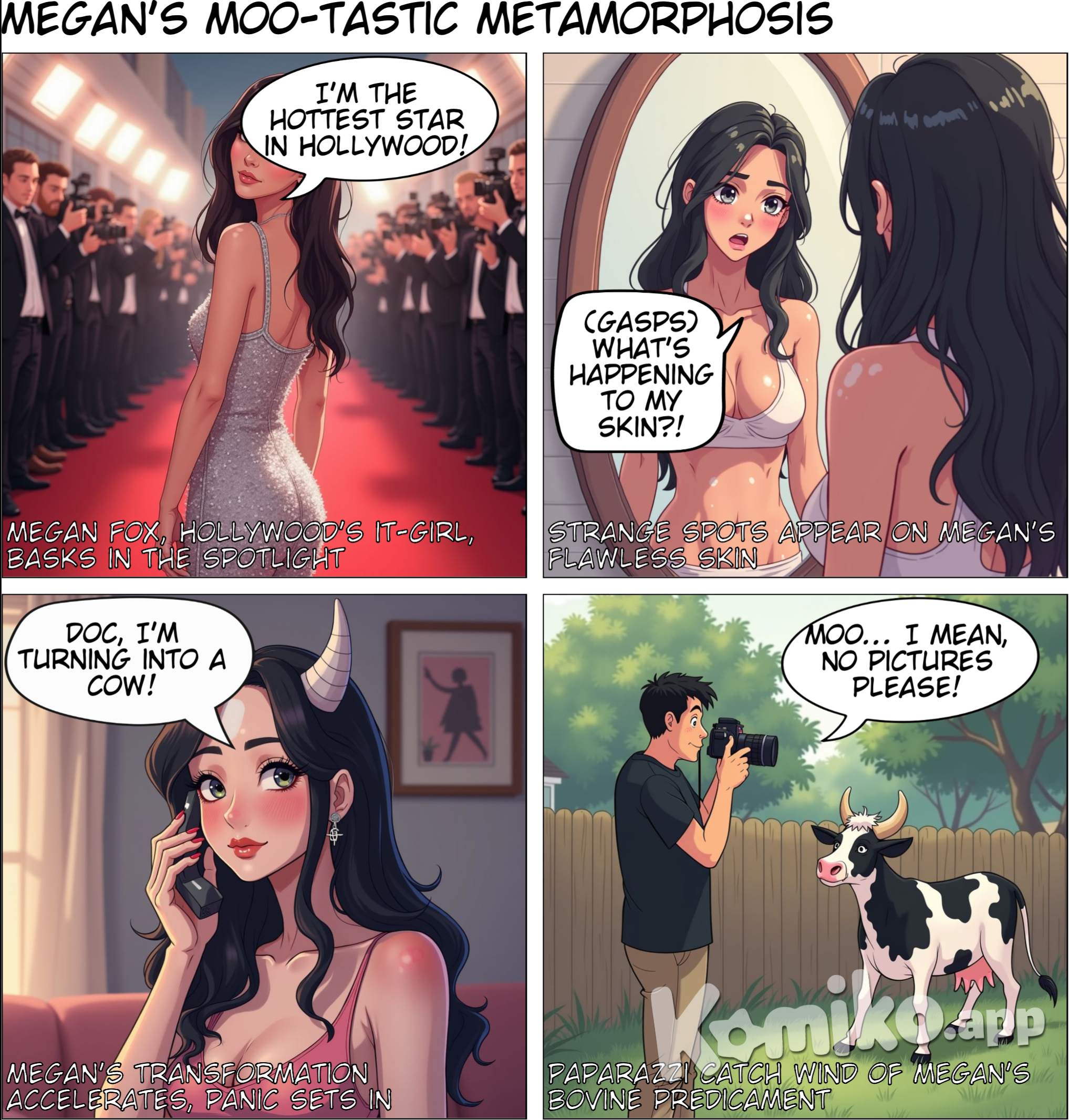 An 8 panel comic about Megan fox transforming into a girl-cow