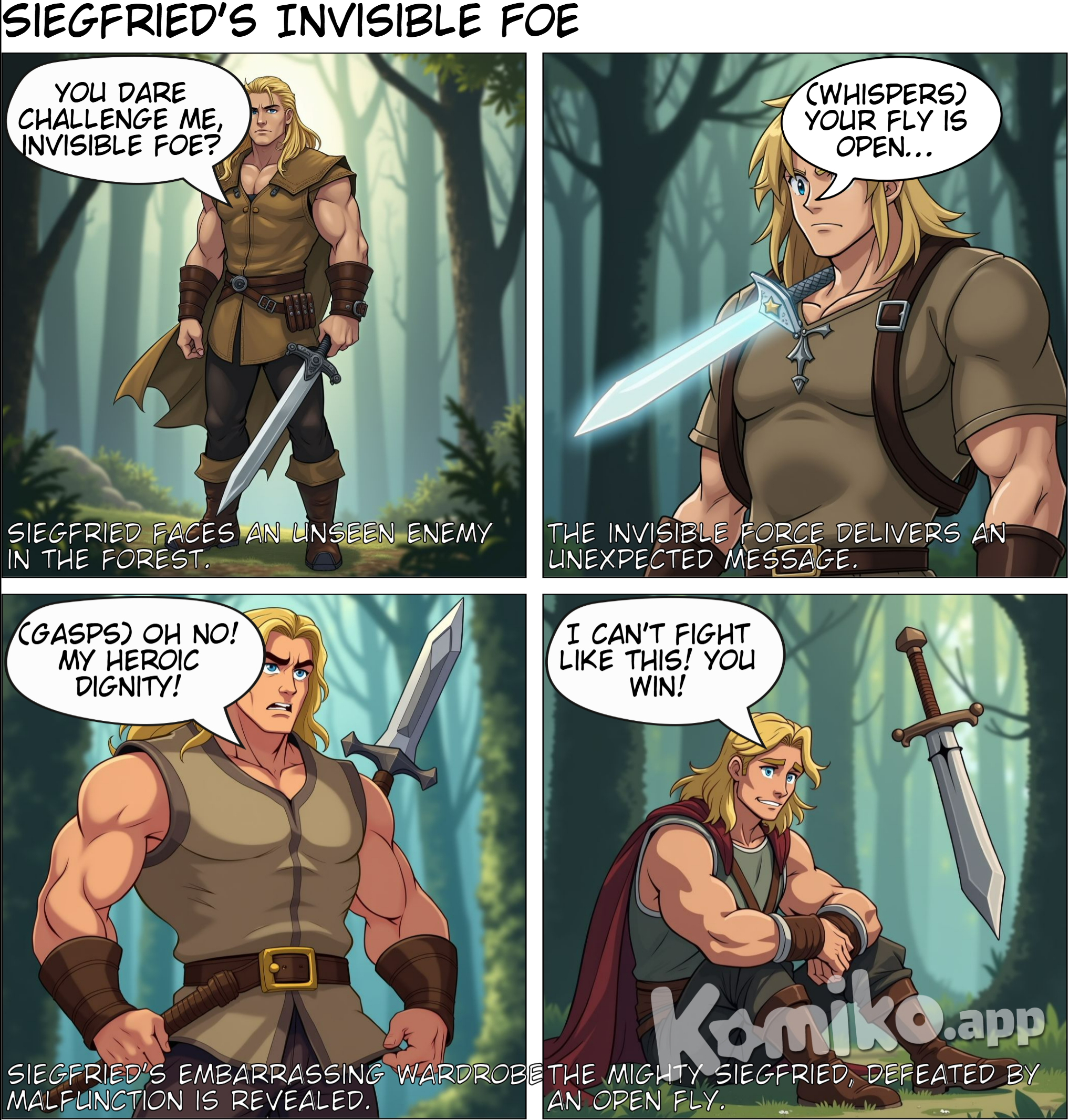 : A muscular man in his 30s with piercing blue eyes, long blond hair, and a strong jawline. He wears a light brown leather tunic, dark brown pants, and sturdy boots.. Siegfried, looking determined and angry, swings his fists wildly in the air. A floating sword hovers menacingly in front of him, seemingly controlled by an invisible force. The forest background is blurred, focusing on the intense action, anime style with soft pastel color and soft lighting