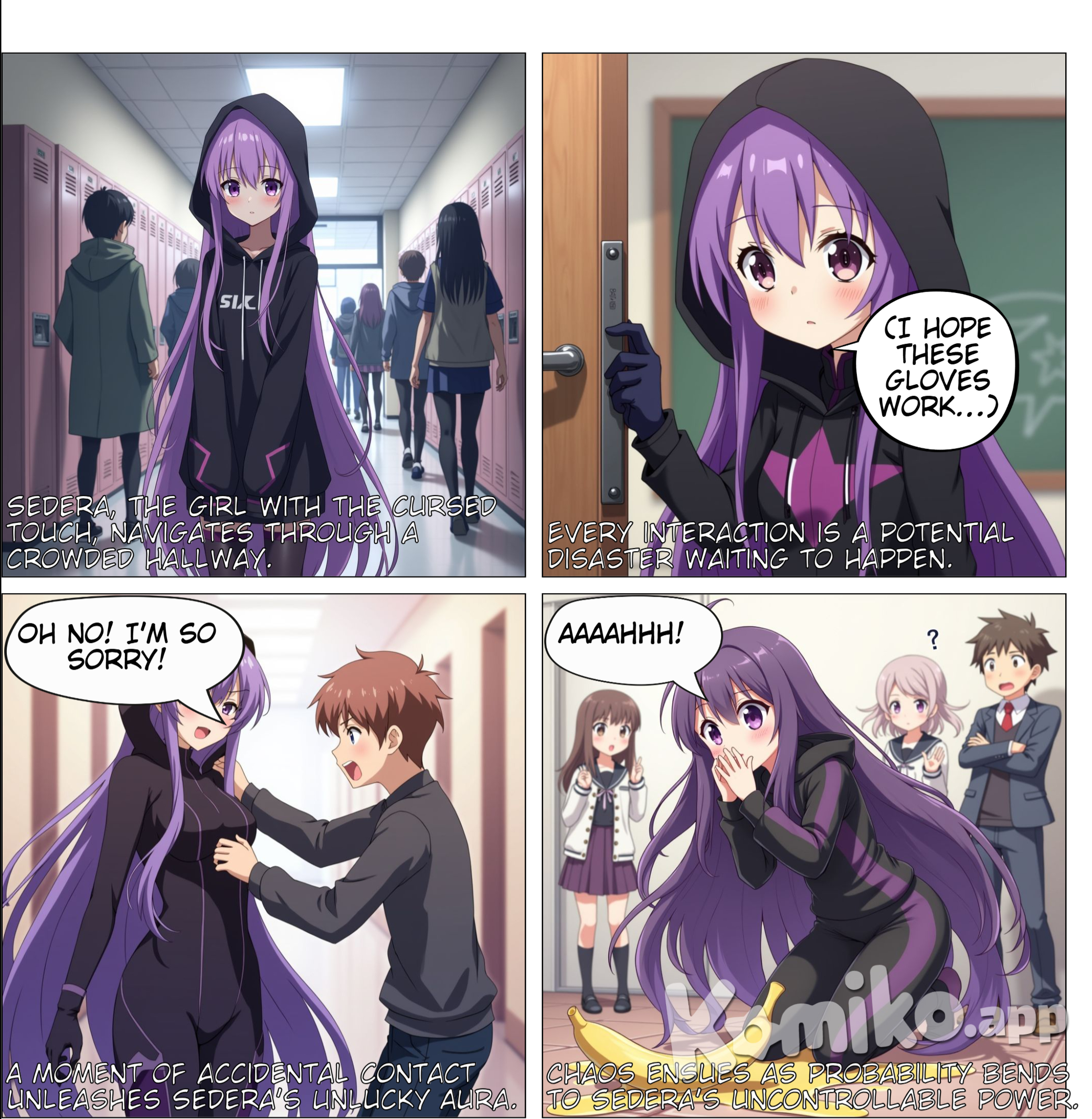 Real Name: Sedera Kurura Hero Name: Unluck Powers: Unlucky Aura: Description: This ability activates when Sedera comes into physical contact with another person. Within 5 seconds of contact, the affected individual begins to experience a series of misfortunes. These misfortunes can range from minor inconveniences to severe accidents, depending on various factors such as Sedera’s emotional state and the context of the situation. The effects are unpredictable and uncontrollable, making it a double-edged sword. Note: This power is always active and cannot be turned off, making physical contact with others a constant risk. Sedera has no control over what happens, and the outcomes are always unpredictable. Clothing is safe to touch, as the power only activates upon skin contact. Probability Alteration: Description: Sedera can manipulate the probabilities of events to produce negative outcomes. This power allows her to subtly influence the likelihood of certain events occurring, always skewing towards unfavorable results for those around her. This can lead to a chain reaction of bad luck, causing anything from tripping over a shoelace to more serious accidents. Power Description: Sedera’s powers take effect immediately upon physical contact with another person. The Unlucky Aura begins to manipulate the probabilities of events in the affected person’s surroundings, leading to a series of misfortunes, accidents, or failures. The severity and type of misfortune depend on factors such as Sedera’s emotional state and the situation they are in. The outcomes are random each time, ranging from harmless bad luck to serious injuries. This unpredictability makes Sedera’s power both a powerful asset and a potential liability. Note: The Unlucky Aura is always active and cannot be turned off, making Sedera’s interactions with others particularly challenging. Sedera has no control over the specific outcomes, and they are always unpredictable. Clothing is safe to touch, as the power only activates upon skin contact. Personality Traits: Empathetic: Despite her powers, Sedera is deeply empathetic and often feels guilty about the misfortunes she causes. Adaptable: She is constantly learning to control her emotions to minimize the negative impact of her powers. Intelligent: Sedera uses her intelligence to find creative ways to help others without causing harm. Approachable: She maintains a friendly and kind demeanor, making her well-liked despite the risks associated with her powers. Sense of Belonging: Sedera struggles with feelings of not belonging anywhere. Her powers make her feel isolated and misunderstood, leading to a sense of alienation. She often questions her place in the world and at UA High School, despite her desire to connect with others and be part of a community. Appearance: Hair Color: Violet Hair Description: Sedera’s hair is extremely long, reaching the floor and capable of being wrapped around her body 5-6 times. She keeps it hidden under her hoodie for practicality and to avoid drawing attention. Height: Approximately 5 feet 6 inches (167.6 cm) Eyes: Deep, expressive eyes that reflect her empathetic nature. Skin Tone: Fair Hero Outfit: Sedera wears a practical and stealthy hero outfit designed to cover her skin completely, minimizing the risk of accidental contact. The outfit is made of lightweight, flexible, and durable fabric in shades of black and dark purple, complementing her hair color. Her hoodie is an essential part of her outfit, helping to conceal her long hair and maintain her stealthy appearance. Accessories: She carries a pair of gloves to ensure she can interact with objects and people without triggering her powers. Her boots are designed for agility and quick movement, allowing her to navigate various terrains with ease. Background: Sedera Kurura’s life has been marked by the constant challenge of her uncontrollable powers. From a young age, she realized that her touch brought misfortune to those around her, leading to a sense of isolation and guilt. Despite this, Sedera’s empathetic nature drives her to help others, even if it means keeping her distance. Her intelligence and adaptability have helped her find ways to minimize the impact of her powers, but the unpredictability remains a constant source of anxiety. At UA High School, Sedera hopes to learn more about controlling her abilities and finding her place in the world, even as she grapples with feelings of not belonging. Preferences and Interests: Favorite Color: Dark purple, as it matches her hero outfit and hair. Hobbies: Reading mystery novels, practicing meditation to control her emotions, and sketching. Favorite Food: Comfort foods like ramen and onigiri, which she enjoys eating alone to avoid accidental contact. Music: Prefers instrumental music that helps her relax and focus, avoiding lyrics that might distract her. Favorite Place: Quiet, secluded spots where she can be alone without worrying about her powers affecting others, such as a hidden corner in the school library or a peaceful garden. Interests: Sedera is fascinated by probability theory and enjoys studying it to understand her powers better. She also has a keen interest in psychology, hoping to find ways to cope with her feelings of isolation and guilt. Emotional Struggles: Desire for Physical Touch: Sedera deeply desires physical touch and connection with others but is painfully aware that her powers make this impossible. This longing adds to her sense of isolation and sadness, making her feel more disconnected from those around her. Dark and Gloomy Outlook: Due to her powers and the resulting isolation, Sedera often has a dark and gloomy outlook on life. She struggles with feelings of hopelessness and questions her place in the world, despite her determination to find a way to belong. Sedera Kurura, known as Unluck, was born with a unique and challenging power: the Unlucky Aura. From a young age, she realized that her touch brought misfortune to those around her. This discovery came with a heavy burden, as she saw friends and family suffer from accidents and mishaps whenever they came into contact with her. The unpredictability and uncontrollability of her power led to a deep sense of guilt and isolation. Growing up, Sedera’s parents, who were supportive but cautious, helped her understand the importance of controlling her emotions. They provided her with gloves and clothing that covered her skin, minimizing the risk of accidental contact. Despite their efforts, Sedera often felt like an outsider, unable to experience the simple joys of physical touch and connection. Determined to find a way to use her powers for good, Sedera enrolled at UA High School, a prestigious academy for aspiring heroes. She hoped that the school would provide her with the training and support she needed to control her abilities and find her place in the world. At UA High, Sedera met other students with unique powers and challenges, which helped her feel less alone. However, her powers still made her wary of forming close relationships, fearing the harm she might cause. Sedera’s time at UA High has been a journey of self-discovery and growth. She has learned to harness her intelligence and adaptability to find creative solutions to her problems. Her fascination with probability theory and psychology has driven her to study these subjects in depth, hoping to gain better control over her powers and understand the impact they have on others. Despite her dark and gloomy outlook, Sedera’s empathetic nature shines through. She often goes out of her way to help others, even if it means keeping her distance. Her desire for physical touch and connection remains a constant struggle, adding to her sense of isolation and sadness. Yet, she remains determined to overcome these challenges and find her place in the world. Sedera’s story is one of resilience and determination. She continues to navigate the complexities of her powers while striving to connect with others and make a positive impact. As she progresses through her training at UA High, Sedera hopes to become a hero who can protect and support those around her, despite the risks her powers pose. Her journey is a testament to the strength of the human spirit and the unwavering desire to belong and make a difference.