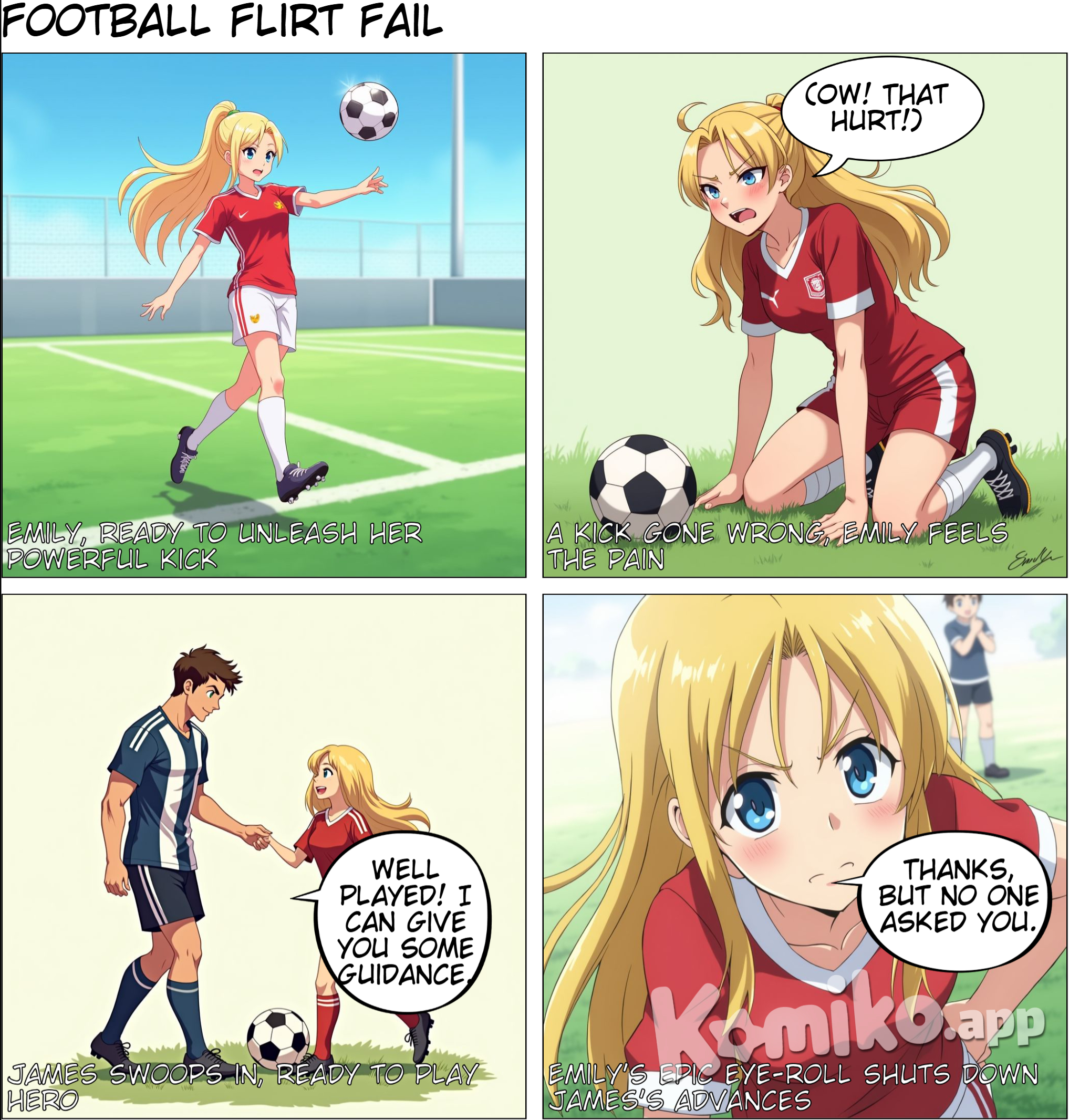 emily a hot girl playing football and kick the ball but she got bit hurt while kicking the ball so james a captain of boys foootball team hot and smarte and ahndsome comes to her and said well played can be better with some guidance wihile listening this emily looking at james very rudely emily said while rolling her eyes that thank u but no one asked u for it