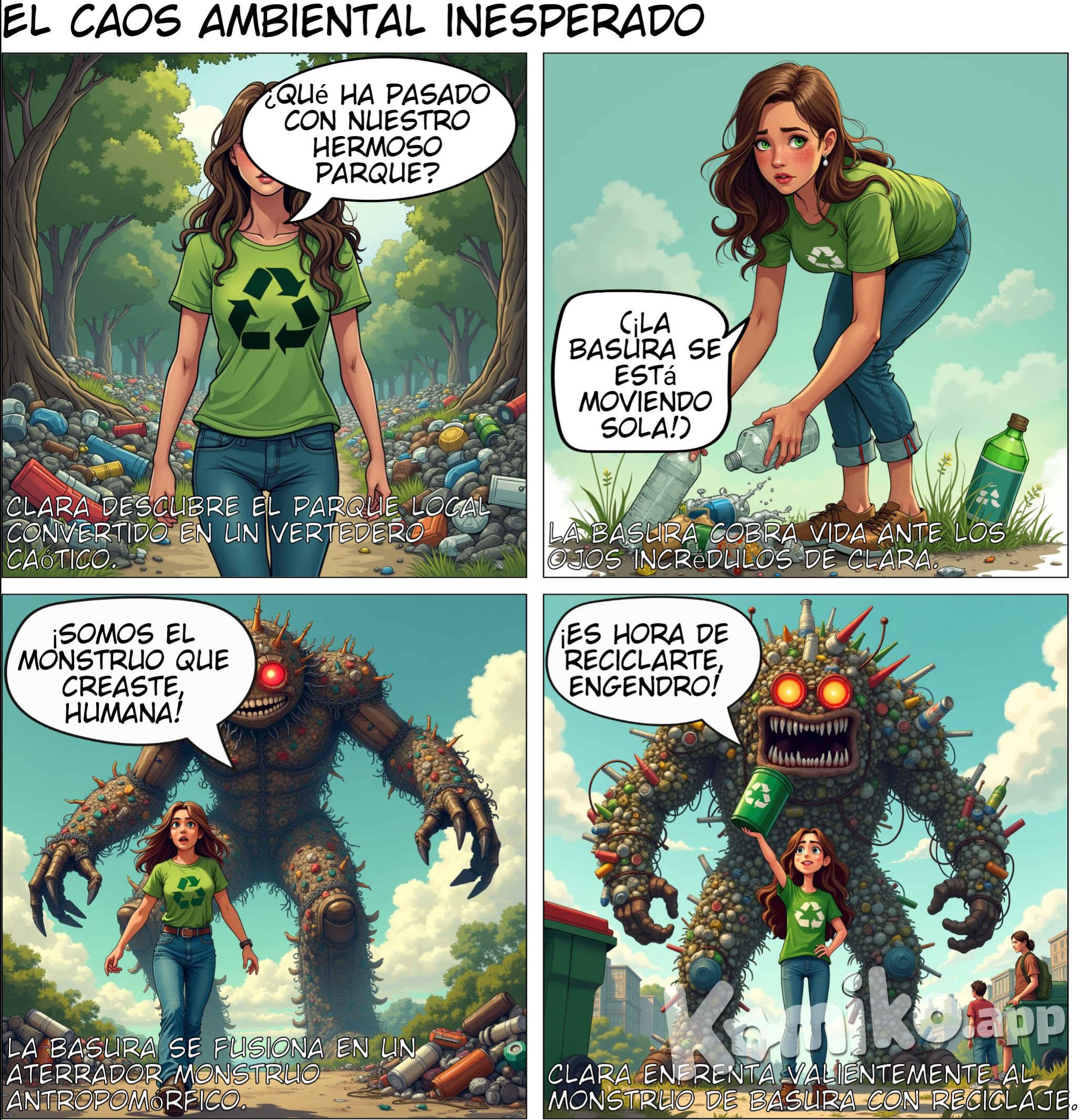 Página 1: "Algo no anda bien…"  Escena 1: (Clara camina por el parque, con una expresión de preocupación. A su alrededor hay montones de basura esparcidos, mientras algunos animales huyen asustados.)  Cuadro de texto: "Todo comenzó cuando notamos que algo estaba cambiando en nuestra ciudad..."  Viñeta 1: (Clara se agacha, recogiendo una botella de plástico, con expresión de desánimo.) Clara: "Esto es peor de lo que pensaba... hace unos meses, este parque estaba lleno de vida."  Viñeta 2: (Aparecen Ana y Leo corriendo hacia Clara. Leo señala el suelo cubierto de basura.) Leo: "Clara, ¿también lo has notado? Cada vez hay más basura y menos animales..."  Viñeta 3: (Ana, cruzada de brazos, frunce el ceño al ver a unos niños jugando cerca de la basura.) Ana: "No es solo aquí. El río también está lleno de desechos... y nadie parece hacer nada al respecto."  Viñeta 4: (Clara mira a lo lejos, pensativa.) Clara: "¿Qué está ocurriendo en nuestra ciudad? Esto no puede seguir así."   ---  Página 2: "El caos ambiental"  Escena 1: (Los personajes están en una pequeña reunión. Se ven imágenes en una pantalla de fábricas contaminando, ríos llenos de plástico, y deforestación.)  Cuadro de texto: "Nos enfrentamos a un problema grave: la degradación ambiental. Si no actuamos ahora, el daño será irreversible."  Viñeta 1: (Tomás está frente a la pantalla, mostrando un gráfico en el que se ve el aumento de CO2.) Tomás: "El CO2 está por las nubes. Las fábricas están funcionando al máximo y nadie está regulando sus emisiones."  Viñeta 2: (Ana interrumpe, señalando la pantalla con enojo.) Ana: "¿Y qué hay de los bosques? Las empresas están talando miles de hectáreas al año. ¡Nos estamos quedando sin árboles!"  Viñeta 3: (Leo se sienta con los brazos cruzados, su rostro refleja preocupación.) Leo: "He leído que los océanos están llenos de plástico. ¡Los animales marinos se están muriendo!"  Viñeta 4: (Clara se levanta de su asiento, decidida.) Clara: "No podemos ignorar esto. Si no hacemos algo, nuestra ciudad se convertirá en un basurero."   ---  Página 3: "¿Qué haremos?"  Escena 1: (Los personajes discuten intensamente. Los rostros de Clara, Tomás, Ana, y Leo reflejan distintas emociones.)  Cuadro de texto: "Todos teníamos una opinión, pero el consenso era claro: algo debía cambiar."  Viñeta 1: (Clara está de pie, con el ceño fruncido, mirando a los demás.) Clara: "No podemos quedarnos de brazos cruzados. Si no hacemos algo ahora, será demasiado tarde."  Viñeta 2: (Tomás toma la palabra, con un gesto serio.) Tomás: "Necesitamos soluciones científicas. Hay tecnologías que pueden ayudarnos a limpiar el aire y el agua, pero necesitamos inversión y voluntad política."  Viñeta 3: (Ana golpea la mesa, enojada.) Ana: "¡La gente tiene que abrir los ojos! No basta con tecnología, también necesitamos conciencia social. La educación es clave."  Viñeta 4: (Leo levanta la mano, buscando calmar los ánimos.) Leo: "Tienen razón. Pero también debemos empezar por cosas pequeñas. Si todos ponemos de nuestra parte, el cambio será real."   ---  Página 4: "¿Por qué estamos aquí?"  Escena 1: (Se muestran diferentes viñetas representando las causas del problema.)  Cuadro de texto: "El problema radica en nuestras acciones: la industrialización, la deforestación y la falta de conciencia ambiental."  Viñeta 1: (Una fábrica gigante emitiendo humo negro al cielo, contaminando el aire a su alrededor.) Tomás: "Las fábricas están trabajando sin ningún tipo de control ambiental. Este humo es tóxico para todos."  Viñeta 2: (Un camión talando árboles, destruyendo un bosque verde y lleno de vida.) Ana: "La deforestación es criminal. Están destruyendo ecosistemas completos. ¡Los animales no tienen adónde ir!"  Viñeta 3: (Una calle llena de coches, con el tráfico detenido y el aire lleno de smog.) Leo: "El uso excesivo de autos está matando el aire que respiramos. Necesitamos alternativas más limpias."  Viñeta 4: (Clara señalando un río lleno de basura y plástico flotante.) Clara: "Y este río... solía ser un lugar limpio. Ahora está lleno de plástico. Los peces ya ni se ven."   ---  Página 5: "Las consecuencias"  Escena 1: (Se muestran los efectos devastadores del cambio climático.)  Cuadro de texto: "Las consecuencias ya son visibles: el cambio climático está alterando el equilibrio del planeta."  Viñeta 1: (Un huracán arrasando una ciudad costera, con casas destruidas y gente evacuando.) Tomás: "Los huracanes son cada vez más fuertes. Esto es una consecuencia directa del calentamiento global."  Viñeta 2: (Un gran incendio forestal arrasando un bosque. Los animales huyen despavoridos.) Ana: "Los incendios se están volviendo más comunes. La sequía provocada por el cambio climático está destruyendo bosques enteros."  Viñeta 3: (Una playa llena de desechos plásticos, con una tortuga enredada en una bolsa.) Leo: "Los animales marinos están muriendo. Cada día, toneladas de plástico llegan al océano."  Viñeta 4: (Tomás observando un gráfico con el deshielo de los polos.) Tomás: "Si los polos siguen derritiéndose, el nivel del mar subirá y muchas ciudades costeras desaparecerán."   ---  Página 6: "¡Es hora de actuar!"  Escena 1: (Los personajes comienzan a poner en marcha sus soluciones.)  Cuadro de texto: "Nuestras soluciones incluían campañas de concienciación, energías limpias y una mejor gestión de residuos."  Viñeta 1: (Clara y Ana marchando junto a un grupo de personas, con pancartas que dicen "Salvemos el planeta" y "No más contaminación".) Clara: "Si todos nos unimos, podemos hacer una diferencia. ¡Es hora de que el mundo nos escuche!"  Viñeta 2: (Tomás en un laboratorio, trabajando en un panel solar mientras otros científicos colaboran.) Tomás: "La energía solar es una solución limpia y eficiente. Debemos promover su uso masivo."  Viñeta 3: (Leo organizando una campaña de reciclaje en su barrio, entregando bolsas reutilizables a los vecinos.) Leo: "Reciclar es un pequeño paso, pero si todos lo hacemos, el impacto será enorme."   ---  Página 7: "Un futuro verde"  Escena 1: (Después de las acciones realizadas, el ambiente en la ciudad mejora.)  Cuadro de texto: "Juntos, habíamos dado el primer paso hacia un futuro más verde."  Viñeta 1: (El grupo observando un parque limpio, lleno de árboles y vida. Los edificios tienen paneles solares y las calles están llenas de bicicletas en lugar de coches.) Sara: "A veces, los cambios pequeños pueden hacer una gran diferencia."  Viñeta 2: (El equipo sonríe, satisfecho con los avances. Clara y Ana miran a Tomás, quien muestra orgullosamente un informe de los logros ambientales.) Cuadro de texto final: "Esto es solo el comienzo. El futuro está en nuestras manos."