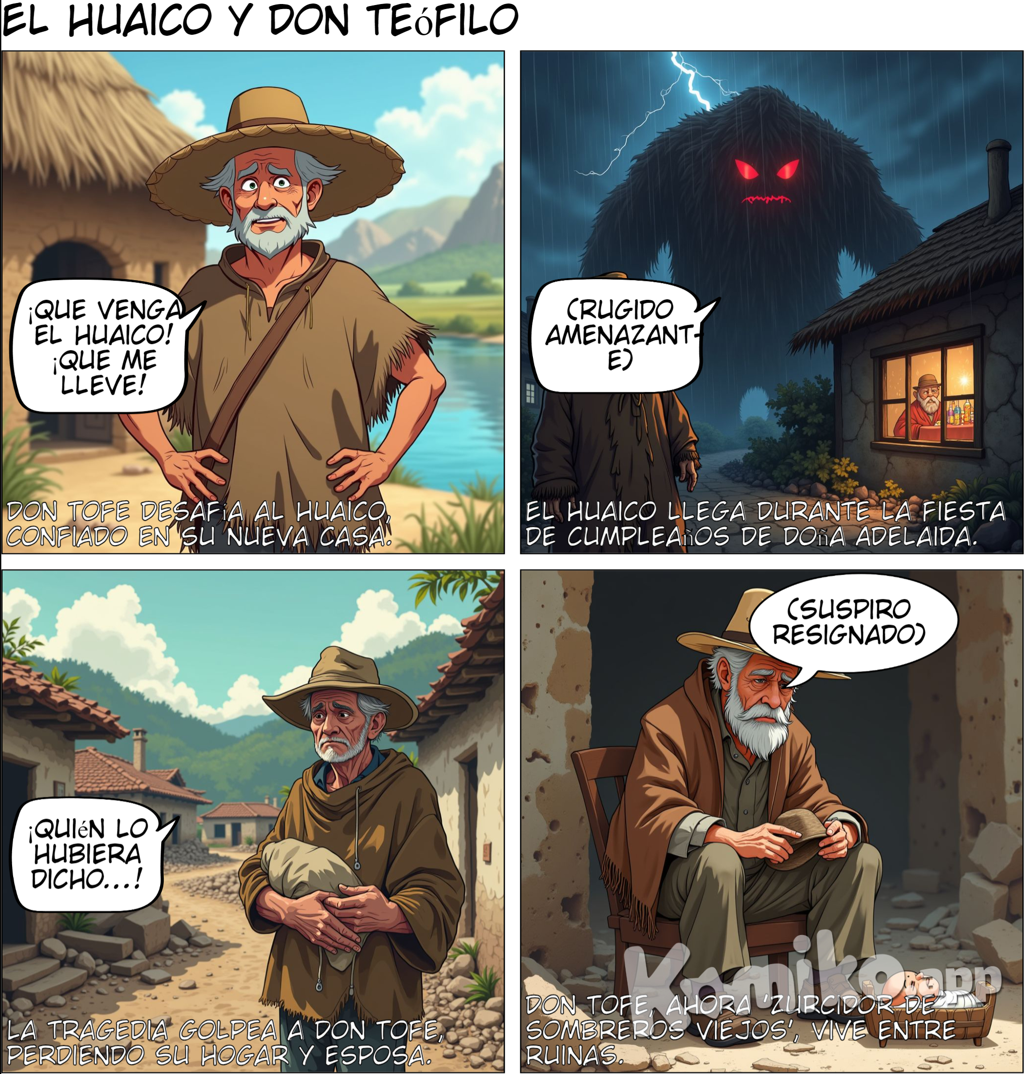 Alrededor de don Teófilo Navarro no queda sino contagiador aire entristecido. Su casa, pura pampa quedó después del huaico —agua de mala entraña— que lo tumbó todo. Los vecinos están medio que están nomás. La mitad se les fue tratando de levantar pared con la mirada y la otra mitad para consolarlo: —Con un poco de voluntad, podrá usted levantarse de nuevo. El caso fue así: Todas las veces de susto le decían: —Don Tofe, haga usted construir muro de piedra a su casa, no sea que el huaico... Pero él se reía con suficiencia, y para decir algo por contestar, repetía: —Que venga el huaico. Que me lleve. De resbaladera acabará la pena. Lo decía por decir porque en el pueblo, con penas y todo, siempre somos felices. Después que levantó su casa, en que hubo apurado trajín para terminar, luego de la techa, en que hubo demorado canto de no acabar con música y zapateo para afirmar el suelo, se hizo tranquilidad. Y como él lo dijo desafiador: —Hasta que otro guapo se atreva, pared y techo contra viento y noche que revienten de impotencia. Fabricaba y componía sombreros. A la puerta de su casa, aguja en mano, sombrero en horma, silbido y canto para rellenar hueco de tarde nostalgiosa, lo veíamos cumplir. En el invierno paz, no en el verano. Medio que se quisquillaba don Tofe mirando temeroso el agua que crecía hasta engrosar el río. Decía: —¡Esto es costumbre! ¿Habrá por qué temer? Muchas veces la campana madrina de la iglesia, en talantalanes de peligro, anunciaba desbordera, y don Tofe, creído, corría que corría para ver. Allí estaba intactita la casa a la orilla del cauce. La noche en que sucedió no podía ser, aunque se hubiese roto el brazo el sacristán o hubiera podido más y rompiera las campanas avisando. Era cumpleaños de doña Adelaida Suárez. No se podía creer. Y más cuando la fiesta había sido con música y la agasajada era persona que estaba bien con Dios. Don Tofe decía: —Beber, beber, que la vida se ha de acabar. Verlo era un gusto, alegre como estaba, a pesar de que la Grimalda, su mujer, con su tremenda barriga, sentada en un rincón censuraba. Primero fue un rumor creciente que llegó, junto con el grito de Julián Mayta que salía corriendo de la huerta: —¡Está entrando agua!.. ¡Está trayendo piedras!.. Muy pocos lo oyeron. En ese instante entró el agua hasta el patio. No debía ser grave la cosa... El agua avanzaba rápidamente como buscando algo. Entonces sí que reaccionamos, aunque de primera intención no se tomó ninguna iniciativa. En la sala de la derecha, ebrios los músicos, sin darse cuenta, bromeaban todavía. Yo comencé a correr sin saber a dónde. Un golpe fuerte en la sala de la izquierda que da al cauce, comprendiendo el peligro, nos puso con la cara seria. Y cuando ya lampón y pico los hombres se disponían, se inundaron las salas y los cuartos. La cocina con sus viejas era un grito de rezos. El agua furiosa sabía de memoria su trabajo, lo que hacía. En un santiamén todo estuvo inundado sobre la altura de los cimientos. En el momento en que los animales salían al escape, las paredes empezaron a ceder. Las mujeres (doña Eulalia Espinoza principalmente) gritaban, clamaban al cielo. Y los hombres lisureaban dándose coraje. No se podía. Era torrente de fuerza. Las paredes del corral vencidas se cayeron. Don Antonio Ebúsquez era el único de carácter que se dejaba oír: —¡Rompan la puerta falsa que da al cauce para desatorar! Pero la lluvia lo atoraba a él, porque era como río que bajaba. En la tiniebla éramos gente oscurecida, loca, como la entraña de esa noche de rayos y de truenos. Al relámpago, apurado seguía bajando el aluvión. Desde el corral, por el patio, al camino, y luego al río bajaba. De la puerta del zaguán quedaban astillas. Vimos a la Grimalda. Subida sobre un batán lloraba a más no poder. Pensaba en Dios con todos sus dolores. De agua, de noche, de viento, fue la tumbadera de la casa de don Tofe. Con gritos de parto también, pues la Grimalda, ayudada por Roque Barrera y subida sobre una mesita que a la vez la contenía contra la pared sobre el poyo, comenzó a descuartizarse. Doña Toribia estuvo felizmente, atendiéndola como pudo. Roque a duras penas contenía la mesa y sostenía también a la Grimalda. Doña Toribia, con las manos de agua terrosa, remangándose el brazo, la asistía. Grimalda se animaba casi quebrándole el brazo al Roque con el esfuerzo: —¡Ayude usted! ¡Ayude usted, mamá Tulli! —Sin embargo, fue como una lucha el nacimiento, mientras el agua amenazaba con derribarnos. Luego doña Toribia, serena como siempre, descorchetán-dose el monillo, cobijó a la criatura que ya gritaba, junto a sus lacios senos. Otro grito fuerte fue como una protesta, pero con el llanto del niño nos renació el valor. A su mamá hubiera podido también reanimarla; no, ella había fallecido antes de oírlo. Total, todo se apagó. Solamente cuando la pena arreciaba, mirando los cimientos lavados que quedaban, pasó la lluvia. El huaico bajó su correntada o habría bajado antes: oíamos un rumor entre violento y tranquilo. En adelante se comenzó a buscar: —¡Don Macshi!.. ¡Mamá Brígida!.. ¡Lázaro!.. Oía su nombre cada cual y cada cual contestaba animándose. Don Tofe, sin haberse enterado todavía, buscaba a su Grimalda. Media puerta del zaguán, inservible, había ido a parar a la chacra de enfrente. Las sillas y ventanas desparramadas. Dice Demetrio López que un cerdo había varado cerca de Vilca- bamba. Los muros y cimientos quedaron débiles. Algunos baúles amarrados al manzano estaban astillados. Allí quedaba también el batán de don Jacinto Navarro, centenaria piedra donde molieron los abuelos. Lo demás y más fuerte se supo cuando don Tofe llegó hasta nosotros, con su mujer muerta en brazos. Detrás doña Toribia con el recién nacido. Esas dos caras fueron para nosotros un ¡golpe! que nunca habíamos sentido. En el velorio, en casa de don Nicolás Arosemena, no se rió por primera vez los chistes de Roque. En un ángulo de la sala, don Teófilo se quejaba. Parecía que el aire de esa mala noche se le había secado en la cara. Eran como furia vencida las huellas de su rostro. Repetía: —¡Quién lo hubiera dicho...! ¡Quién lo hubiera dicho! En fin, la velada fue de razonar pesimista, con ese café consolador apenas. ¡Cómo se recordó la muerte! ¡Cuántos nombres! Eladio Amaro, Fortunato Rojas, Pedro Tintush. ¡Pero nunca desgraciados! —¡Ah, ya se fueron! Se sintió la muerte a muerte. Adentro, hasta los tuétanos como angustia; afuera, en los miembros ateridos, como temblor desconocido. Ni coca ni aguardiente pudieron esa noche. Desde entonces don Tofe, medio vivo, medio fantasma, allí está. —Zurcidor de sombreros —dicen. Mientras, verdeciendo, retoña el valle de la gente que habla por hablar: —¡Caído, con la cara en el suelo! —¡Zurcidor de sombreros viejos!