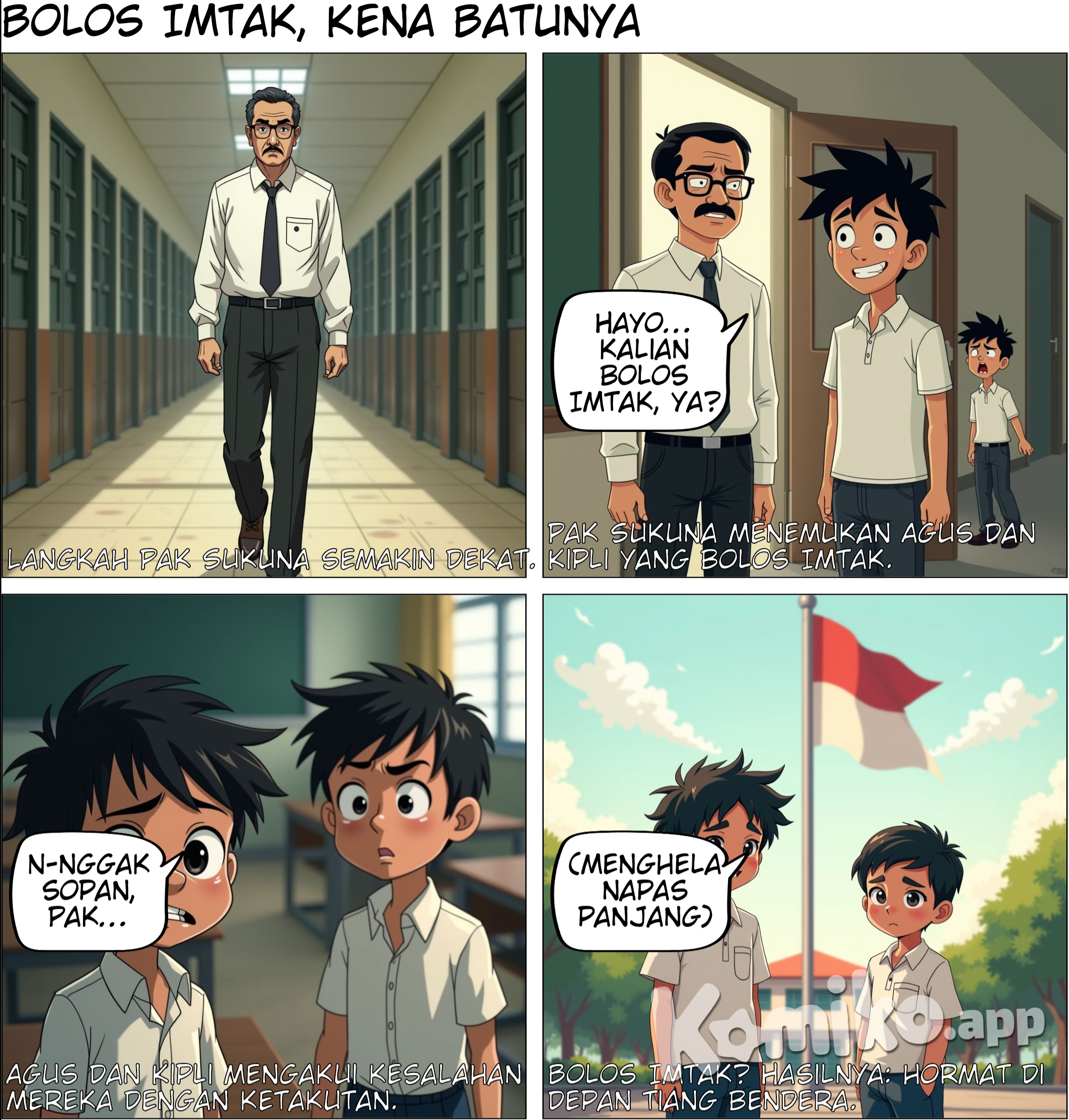 Panel 4: (Gambar: Pak Sukuna terlihat dari jauh, langkah kakinya terdengar mendekat ke kelas. Wajahnya serius dan tampak siap menindak siswa yang membolos.) Teks (sound effect): "Tek... tek... tek..." Teks (narasi): "Langkah Pak Sukuna semakin dekat." --- Panel 5: (Gambar: Pak Sukuna berdiri di depan pintu kelas, dengan wajah tegas. Agus dan Kipli terlihat panik dan ketakutan.) Pak Sukuna (menegur dengan suara berat): "Hayo... kalian bolos Imtak, ya? Kalian pikir sopan nggak kalau kaya gini di hadapan Tuhan?" Agus dan Kipli (serempak, ketakutan): "N-nggak sopan, Pak..." --- Panel 6: (Gambar: Agus dan Kipli sedang menjalani hukuman, berdiri hormat di depan tiang bendera. Wajah mereka tampak kesal tapi pasrah.) Teks (narasi): "Bolos Imtak? Hasilnya: hormat di depan tiang bendera." ---