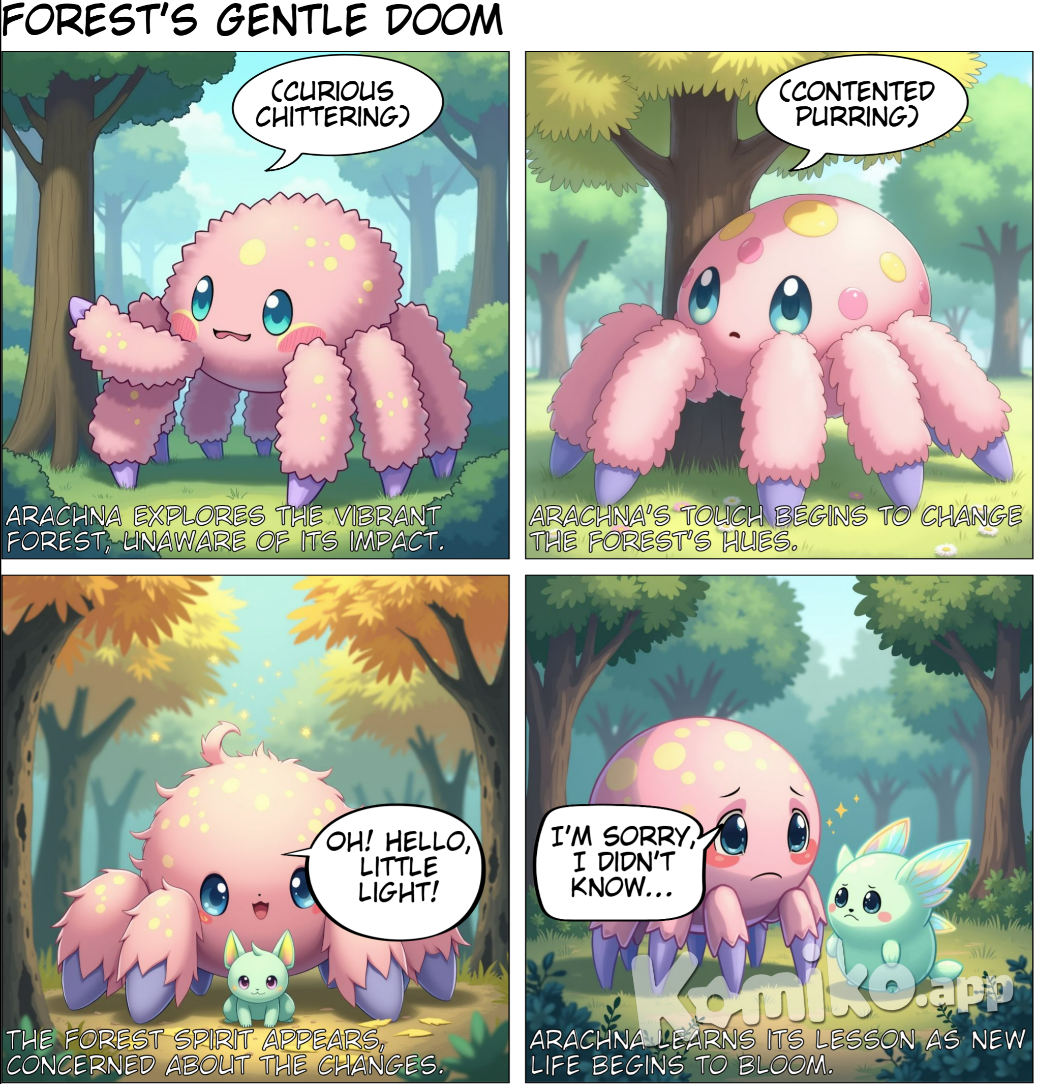 a spider-like creature destroying the forest. Anime style with soft pastel color and soft lighting