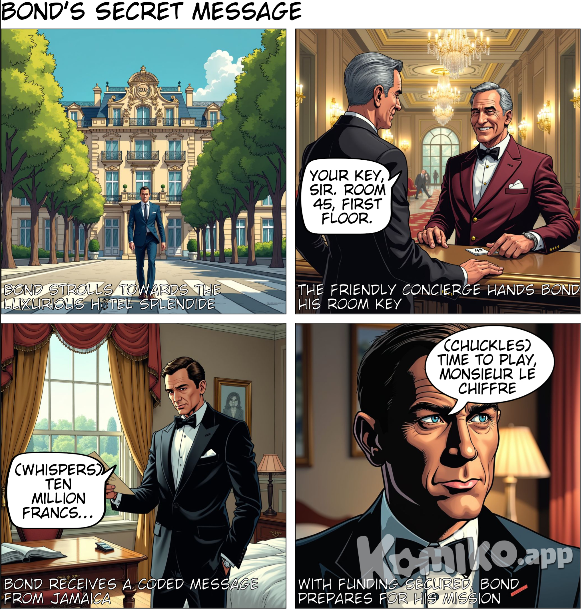 He walked across the broad boulevard and through the gardens to the H“tel Splendide. He smiled at the concierge who gave him his key - No 45 on the first floor - and took the cable.  It was from Jamaica and read:  KINGSTONJA XXXX XXXXXX XXXX XXX  BOND SPLENDIDE ROYALE-LES-EAUX SEINE INFERIEURE  HAVANA CIGAR PRODUCTION ALL CUBAN FACTORIES 1915  TEN MILLION REPEAT TEN MILLION STOP HOPE THIS FIGURE  YOU REQUIRE REGARDS. DASILVA  This meant that ten million francs was on the way to him. It was the reply to a request Bond had sent that afternoon through Paris to his headquarters in London asking for more funds. Paris had spoken to London where Clements, the head of Bond's department, had spoken to M, who had smiled wryly and told 'The Broker' to fix it with the Treasury.  Bond had once worked in Jamaica and his cover on the Royale assignment was that of a very rich client of Messrs Caffery, the principal import and export firm of Jamaica. So he was being controlled through Jamaica, through a taciturn man who was head of the picture desk on the Daily Gleaner, the famous newspaper of the Caribbean.