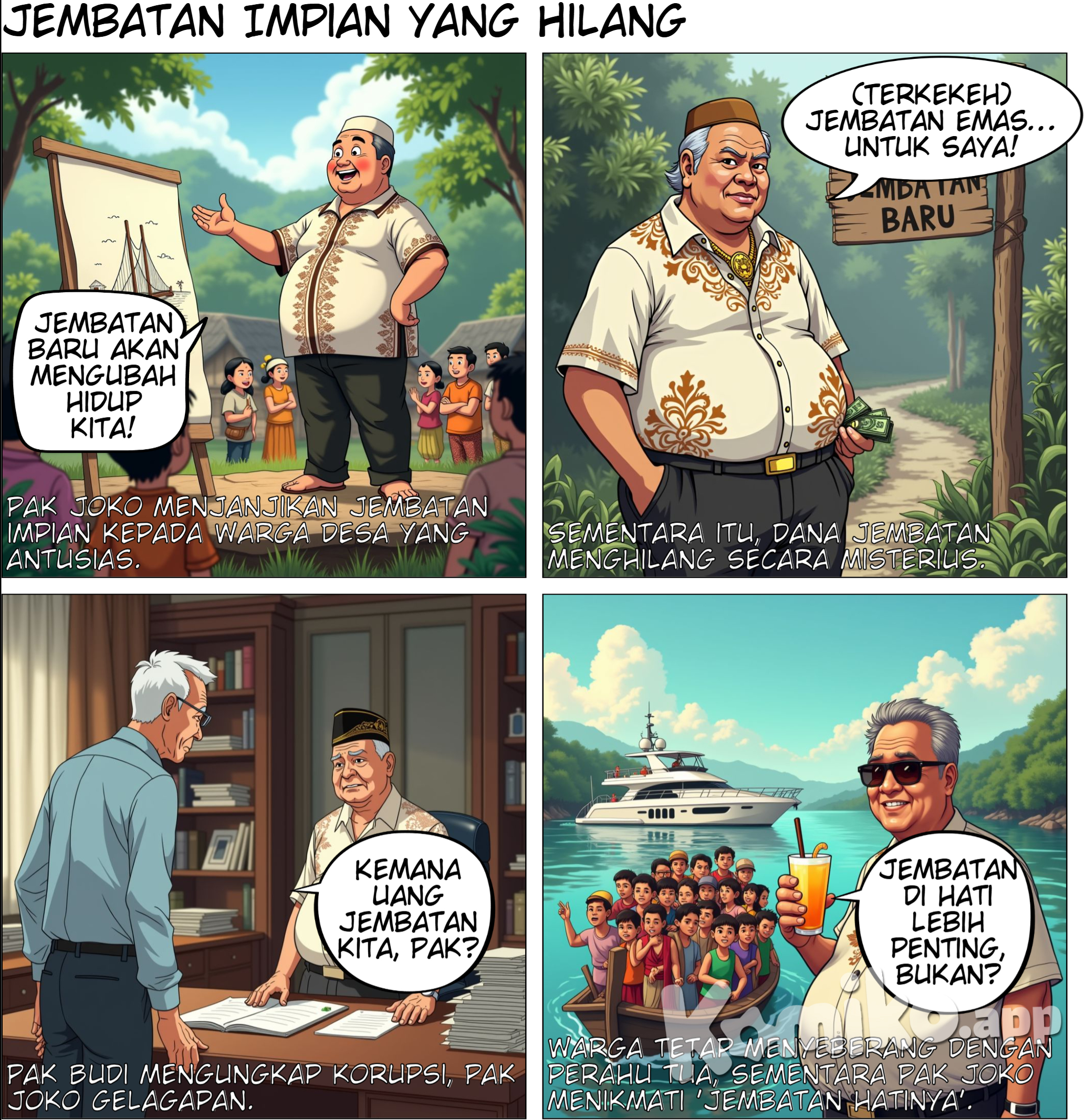 Di sebuah desa terpencil, warga berharap pada jembatan baru yang dijanjikan oleh Pak Joko, kepala desa. Namun, meski anggaran besar disetujui, pembangunan jembatan tak kunjung dimulai. Saat Pak Budi menyelidiki, ia menemukan bahwa sebagian besar uang hilang entah ke mana. Pak Joko hanya mengelak dengan mengatakan bahwa "jembatan di hati" lebih penting. Akhirnya, jembatan tidak pernah dibangun, dan warga tetap menggunakan perahu tua untuk menyeberangi sungai.