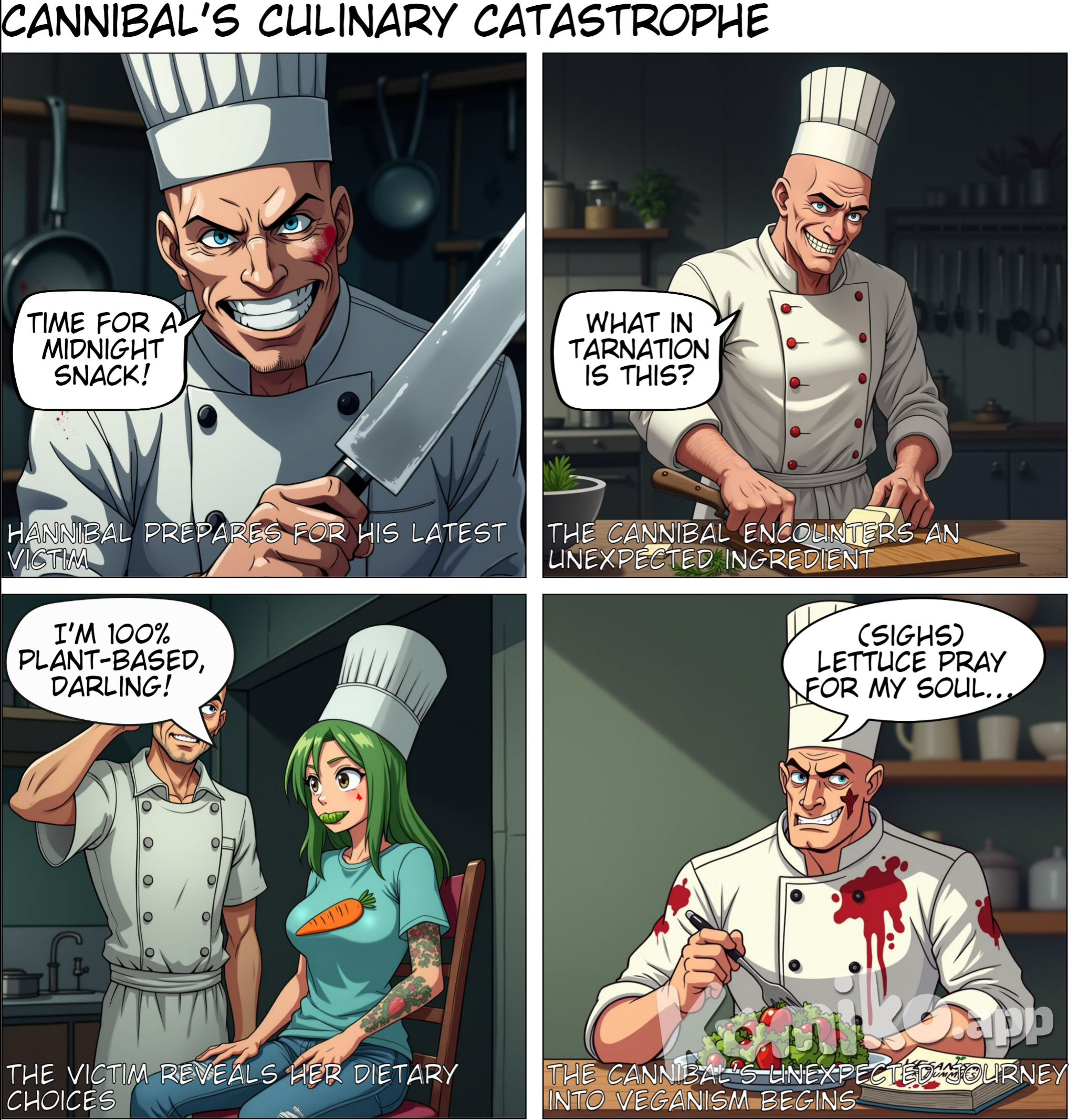 give me a horror comic of a vicious cannibal