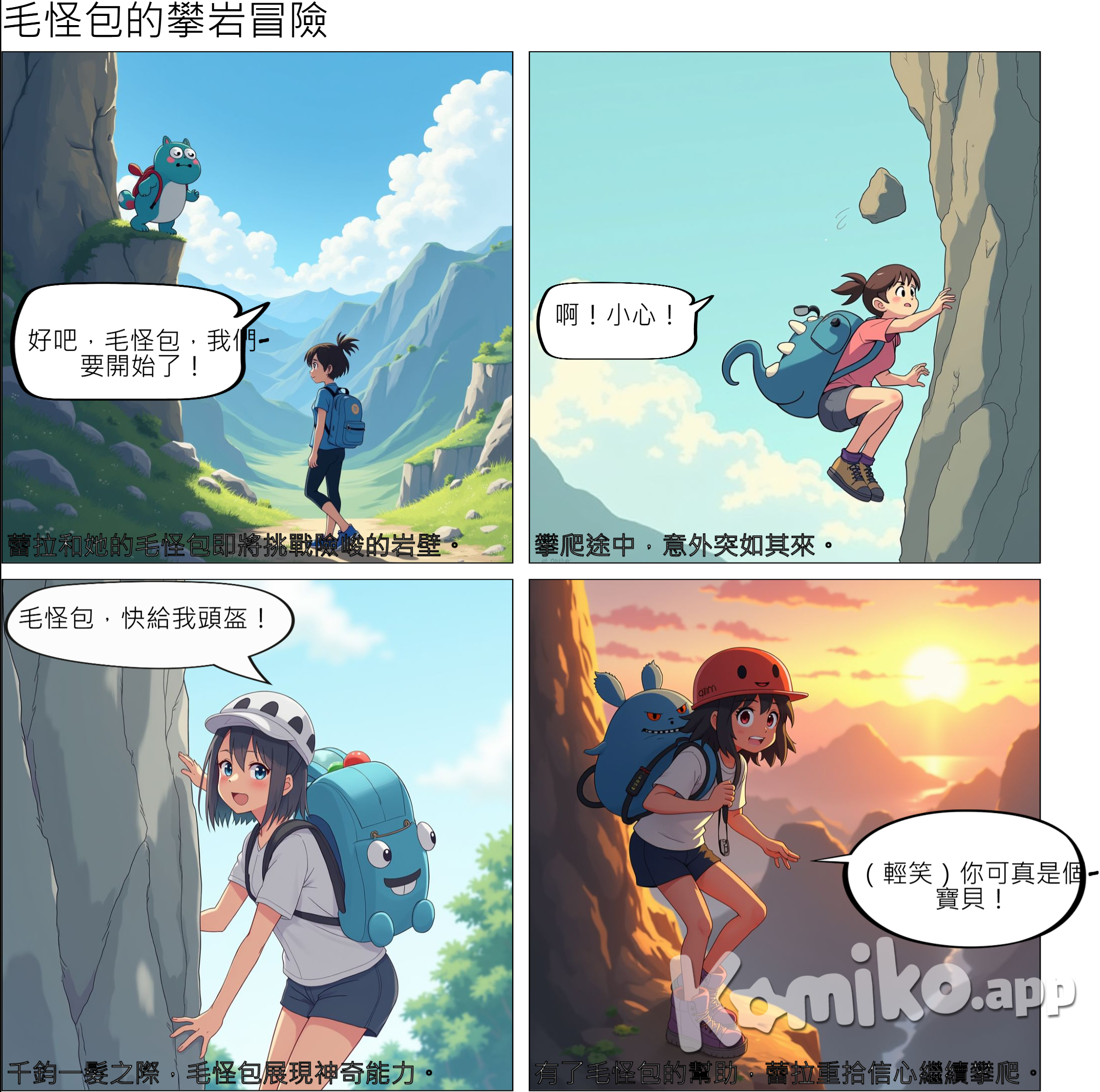 分鏡	劇本	拍攝說明 1	開場：準備與出發	這是一個開放的山谷，蕾拉站在山腳下，面對一座險峻的岩壁。她穿著運動服，神情專注但有些緊張。背著她的88PLUS卡通造型隨身包，這是她的必需品。 5	背包的關鍵作用	蕾拉焦急地回頭，從背包中迅速取出應急物品。她掏出了繩索、手套，並拿起能量棒迅速補充體力。這些物品幫助她渡過了這個困難。 6	重新振作，繼續攀爬	蕾拉擦去額頭上的汗水，深呼吸後，重新專注於攀爬。她的動作變得更加果斷，每一步都充滿信心。背包再次隨著她的動作輕微晃動。  這個包包是一個毛怪圖案的 斜背包 包包體積很小