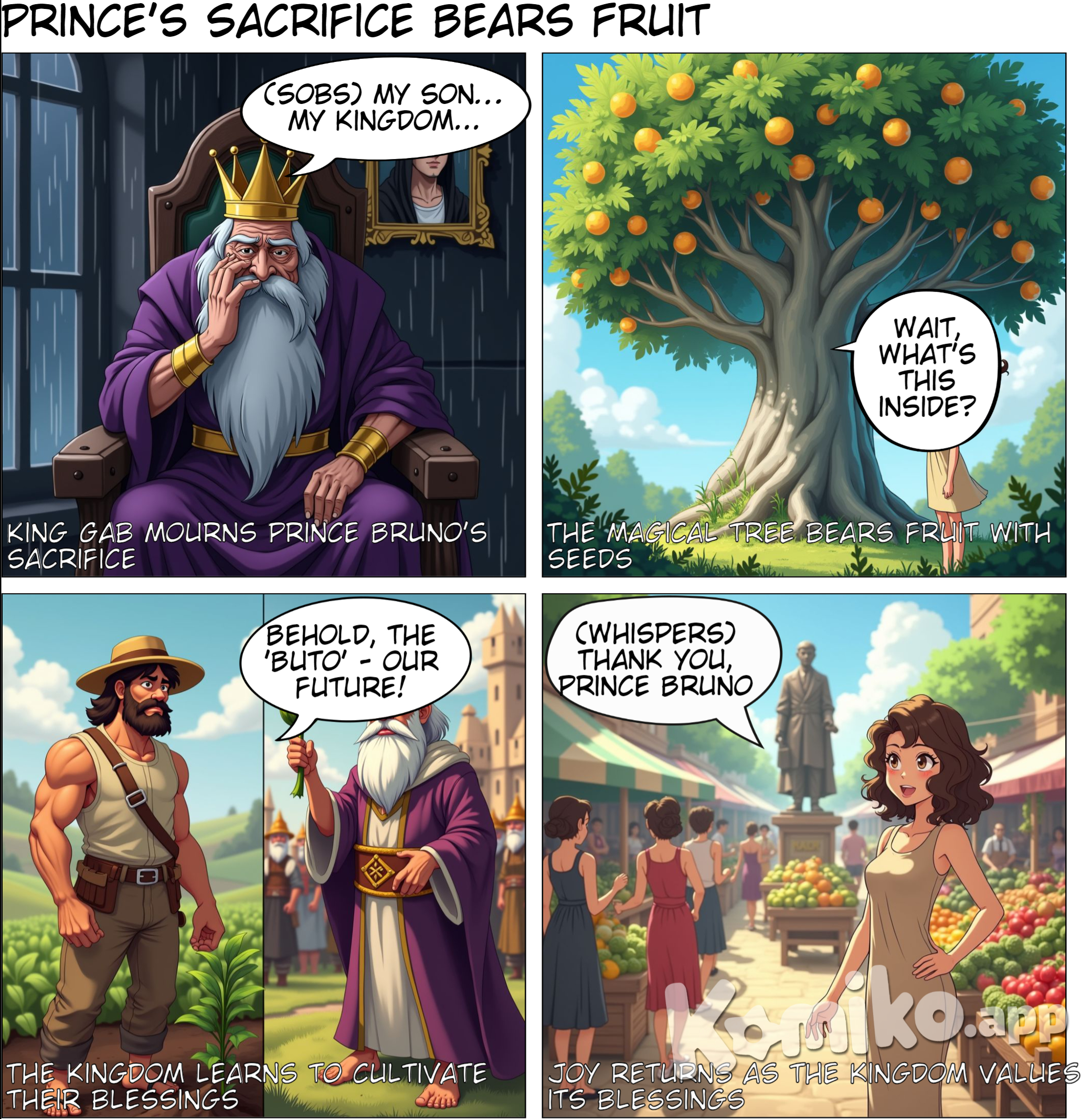 Box 1-Prince Bruno returned to the kingdom and told King Gab about his conversation with Gian. The king was heartbroken, but he could not change his son’s decision.,box 2-After a few days, it rained, and as time passed, a tree slowly grew from the prince’s burial site. Months later, the tree bore fruit similar to the magical fruit. When the people tasted the fruit, they noticed that there was now a hard seed inside it, something that had not been there before. The king remembered his conversation with Gian and named the seed “Buto.” box 3-As the enchanted being had said, the tree no longer produced endless fruit. The people had to plant the seed, nurture it, and wait for it to grow into a tree before they could enjoy its fruit. The famine ended, the people learned to value their blessings, and joy returned to the kingdom. 