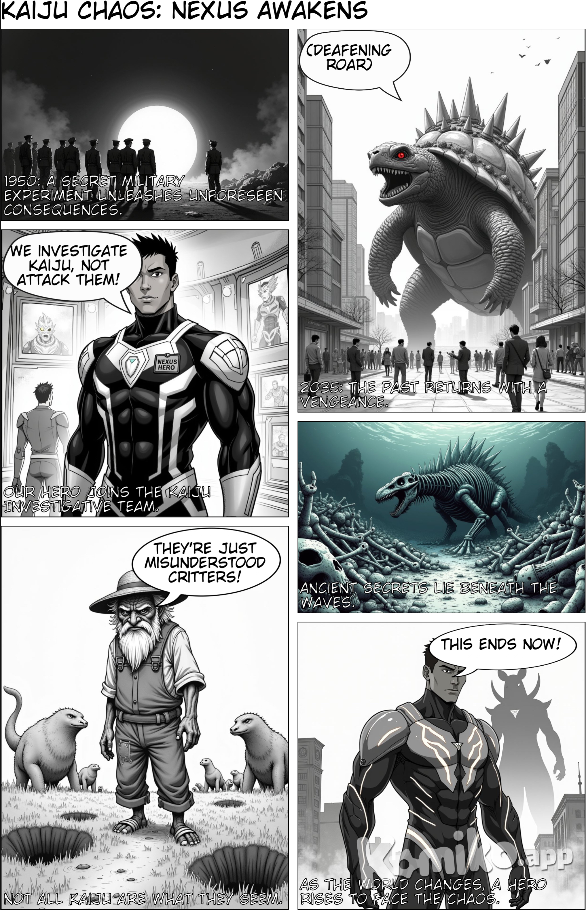 Write a series about a Ultra-man inspired hero (nexus tiga dyna ) a giant turtle Kaiju who is the first Kaiju in the story and add other kaiju one will be a giant rat and it will cause a food shortage and some of the Kaiju were awakened by construction and this is a outline for this series and the prologue will start in the past 1950 but the monsters will reappear in the story in 2035 and this world will have advanced technology like smartphones and people don’t know who the monsters are because only people in the military saw them and most Kaiju were made by radiation due to world military (us and other countries) and the Kaiju will attack a cargo ship and they can infect other things and we see vegation and animals and people get infected and the Kaiju will go around the world and don’t make a ending and leave it so I can add stuff and the Kaiju will make the world completely foggy and it will be snowing and cold . And this story will be like Godzilla singular point. And there will be a Kaiju investigative team which our main character( African American looks mixed but is lightskined )will be apart of the branch is apart of but they investigate Kaiju incidents and disasters and prevent them and they constantly remind people that they investigate Kaiju not attack and the investigators wear uniforms and will just be a investigator and he will transform into the Ultraman inspired hero . And the Kaiju were common thing after the prologue and constantly attacked and so did aliens and make some ultraman like alien villains. And some of the Kaiju existed with the dinosaurs and some Kaiju are prehistoric and there will be a underwater Kaiju skeleton graveyard. And there will be a episode where someone a crazy old man says he has tamed Kaiju and the Kaiju act like farm animals and the owner is on a massive plot of open land with pits dug for the Kaiju and the Kaiju aren’t mind controlled.