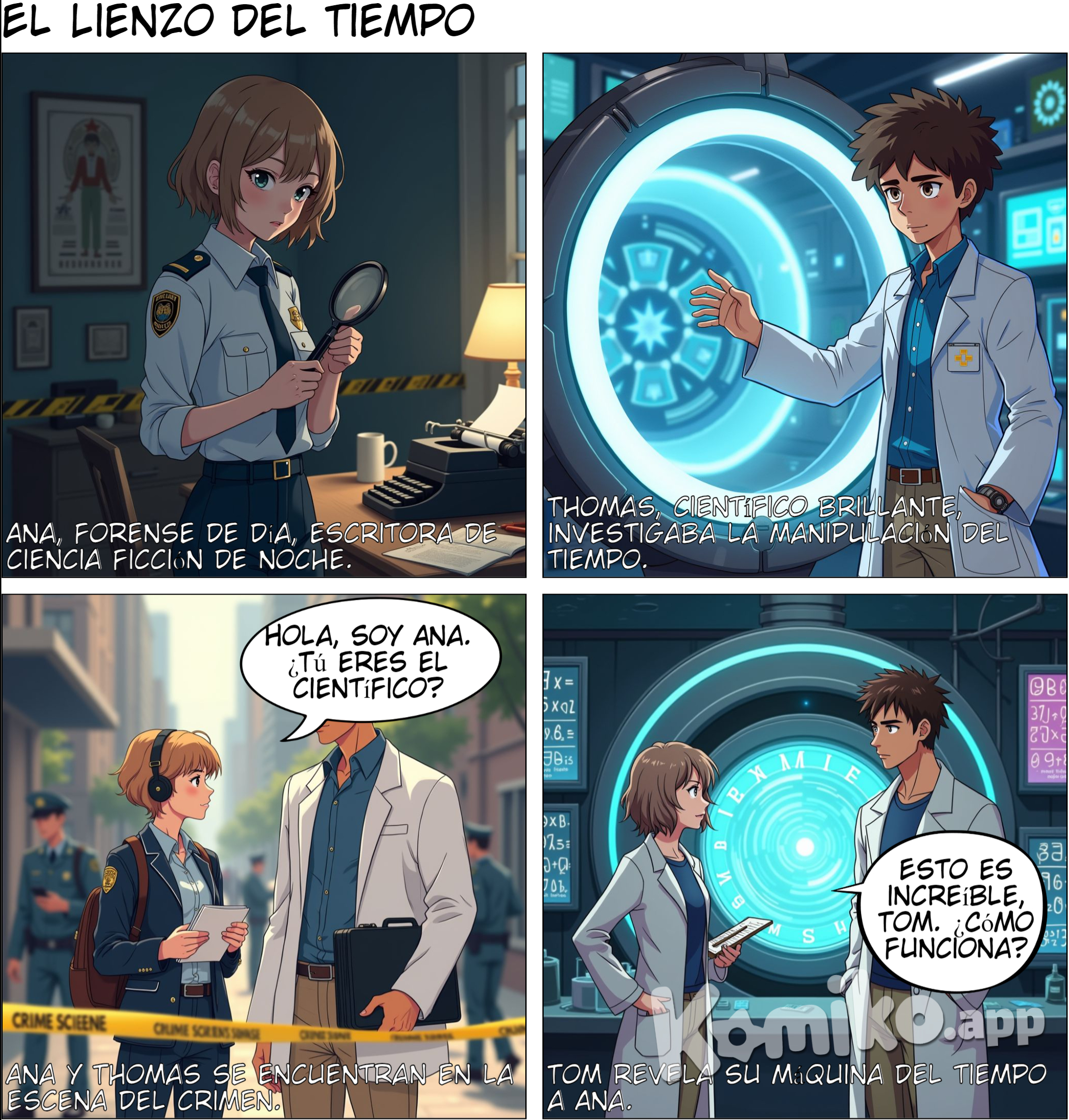 Título: “El Lienzo del Tiempo” Ana: Una joven curiosa, de pelo corto y ondulado, de color castaño claro, de estatura media y de contextura delgada, de piel blanca, con ojos claros, y facciones suaves y delicadas, y Thomas: Un joven introvertido, de pelo corto y crespo, de color café no tan oscuro, alto y musculoso, de piel morena, ojos color avellana y facciones delicadas Página 1: Encuentro Inesperado Viñeta 1: (Ana en la escena del crimen, recogiendo pruebas) Texto: “Ana, una policía forense, llevaba una vida doble. Durante el día, resolvía crímenes, pero por las noches, escribía novelas de ciencia ficción.” Viñeta 2: (Tom llega a la escena del crimen) Texto: “Thomas, un brillante científico, trabajaba en un laboratorio vinculado con la policía. Su investigación se centraba en la manipulación del tiempo.” Viñeta 3: (Ana y Tom se miran por primera vez) Diálogo Ana: “Hola, soy Ana. Trabajo en el área forense. ¿Tú eres el científico que nos ayudará con este caso?” Diálogo Tom: “Sí, soy Tom. Es un placer conocerte, Ana.” Página 2: El Secreto del Laboratorio Viñeta 1: (Tom muestra la máquina del tiempo a Ana en su laboratorio) Texto: “Tom invitó a Ana a su laboratorio, donde le mostró su proyecto más ambicioso: una máquina del tiempo.” Diálogo Ana: “Esto es increíble, Tom. ¿Cómo funciona?” Viñeta 2: (Tom explica la máquina del tiempo) Diálogo Tom: “Utiliza una combinación de energía cuántica y campos magnéticos para crear un portal temporal. Pero necesito alguien en quien confiar para probarlo.” Viñeta 3: (Ana y Tom viajando en el tiempo) Texto: “Juntos, comenzaron a realizar experimentos, viajando a diferentes épocas y documentando sus hallazgos.” Página 3: El Antagonista Viñeta 1: (Dr. Marcus descubre la máquina del tiempo) Texto: “El Dr. Marcus, un antiguo colega de Tom, había descubierto sus investigaciones y quería robar la máquina del tiempo para sus propios fines.” Viñeta 2: (Marcus irrumpe en el laboratorio) Texto: “Una noche, Marcus irrumpió en el laboratorio, pero Ana y Tom lograron escapar justo a tiempo, viajando al pasado.” Viñeta 3: (Marcus persiguiendo a Ana y Tom a través del tiempo) Texto: “Sin embargo, Marcus no se dio por vencido y comenzó a perseguirlos a través del tiempo.” Página 4: Aliados Inesperados Viñeta 1: (Ana y Tom conocen a la tribu antigua) Texto: “En uno de sus viajes, Ana y Tom conocieron a una tribu antigua que tenía una conexión especial con los animales.” Viñeta 2: (Luna, el lobo, se presenta) Texto: “Entre los animales, destacaba un lobo llamado Luna, que tenía la habilidad de detectar peligros antes de que ocurrieran.” Viñeta 3: (Ana y Tom con Luna y otros animales) Texto: “Luna se convirtió en una compañera inseparable de Ana y Tom, guiándolos y protegiéndolos en sus aventuras.” Página 5: El Confrontamiento Final Viñeta 1: (Ciudad futurista donde ocurre el enfrentamiento final) Texto: “El enfrentamiento final con Marcus tuvo lugar en un futuro lejano, en una ciudad donde el arte y la tecnología se habían fusionado de manera inimaginable.” Viñeta 2: (Batalla entre Ana, Tom y Marcus) Diálogo Marcus: “No puedes detenerme, Tom. El poder del tiempo será mío.” Diálogo Tom: “No mientras yo esté aquí para impedirlo.” Viñeta 3: (Ana y Tom desactivan la máquina de Marcus) Texto: “Con un esfuerzo conjunto, Ana y Tom lograron desactivar la máquina de Marcus y capturarlo.” Página 6: Un Nuevo Comienzo Viñeta 1: (Ana y Tom explorando nuevas épocas) Texto: “Con Marcus fuera de escena, Ana y Tom decidieron utilizar la máquina del tiempo para explorar el universo y seguir creando arte y literatura inspirados en sus viajes.” Viñeta 2: (Ana escribiendo y Tom pintando) Texto: “En cada época que visitaban, Ana escribía sobre sus experiencias y Tom pintaba los paisajes que encontraban.” Viñeta 3: (Ana y Tom fundando una academia) Texto: “Finalmente, Ana y Tom regresaron a su tiempo y fundaron una academia donde enseñaban sobre la importancia de la ciencia, el arte y la naturaleza.”