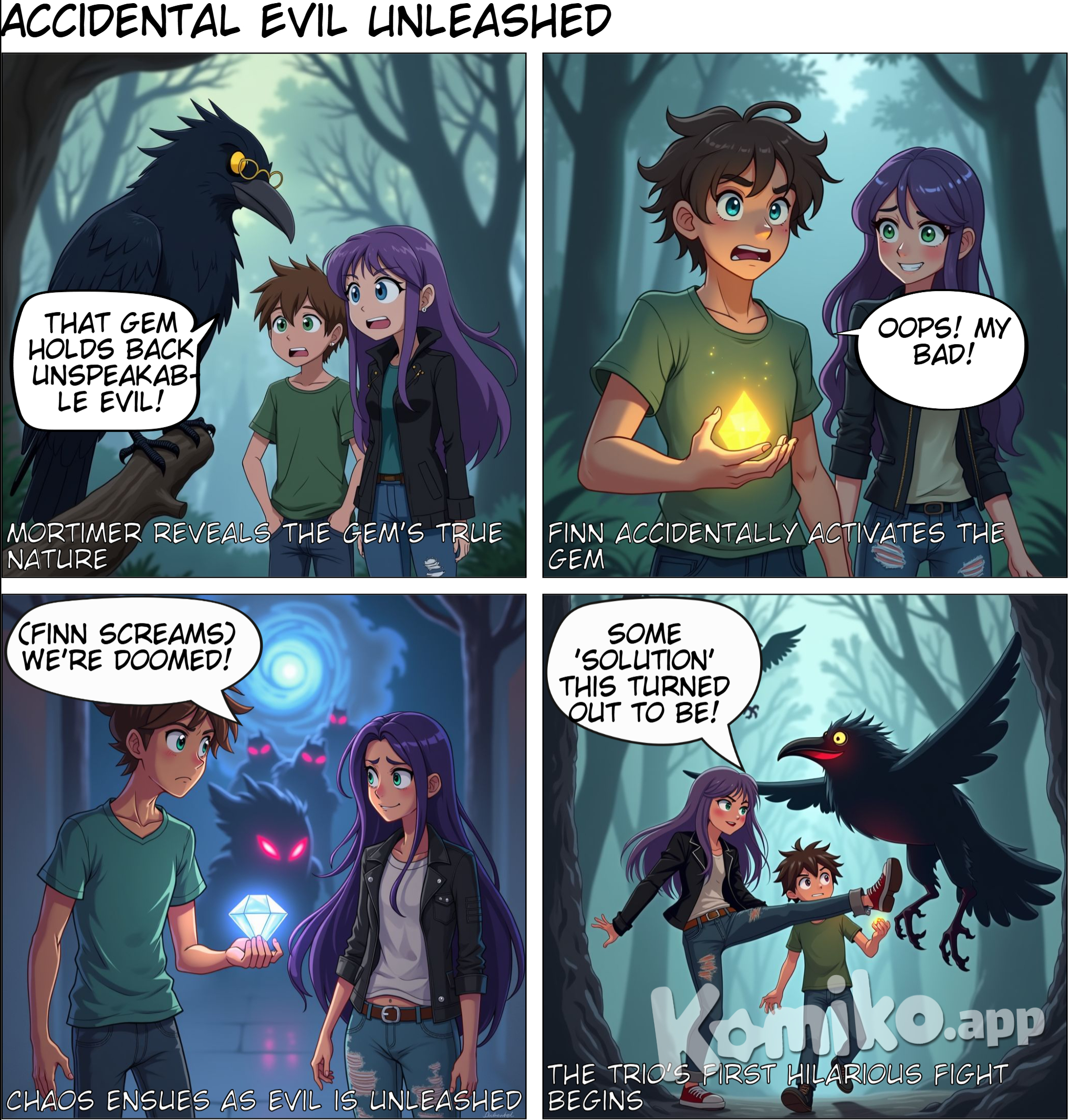 Episode 2: Talking Trouble They stumble upon Mortimer, the talking crow, who claims to have a solution to their bond. Mortimer reveals that the gem Lyra stole is a magical keystone holding back a forgotten evil. Finn, of course, accidentally activates it, causing chaos and summoning shadowy monsters. Cue the trio’s first hilarious fight scene.