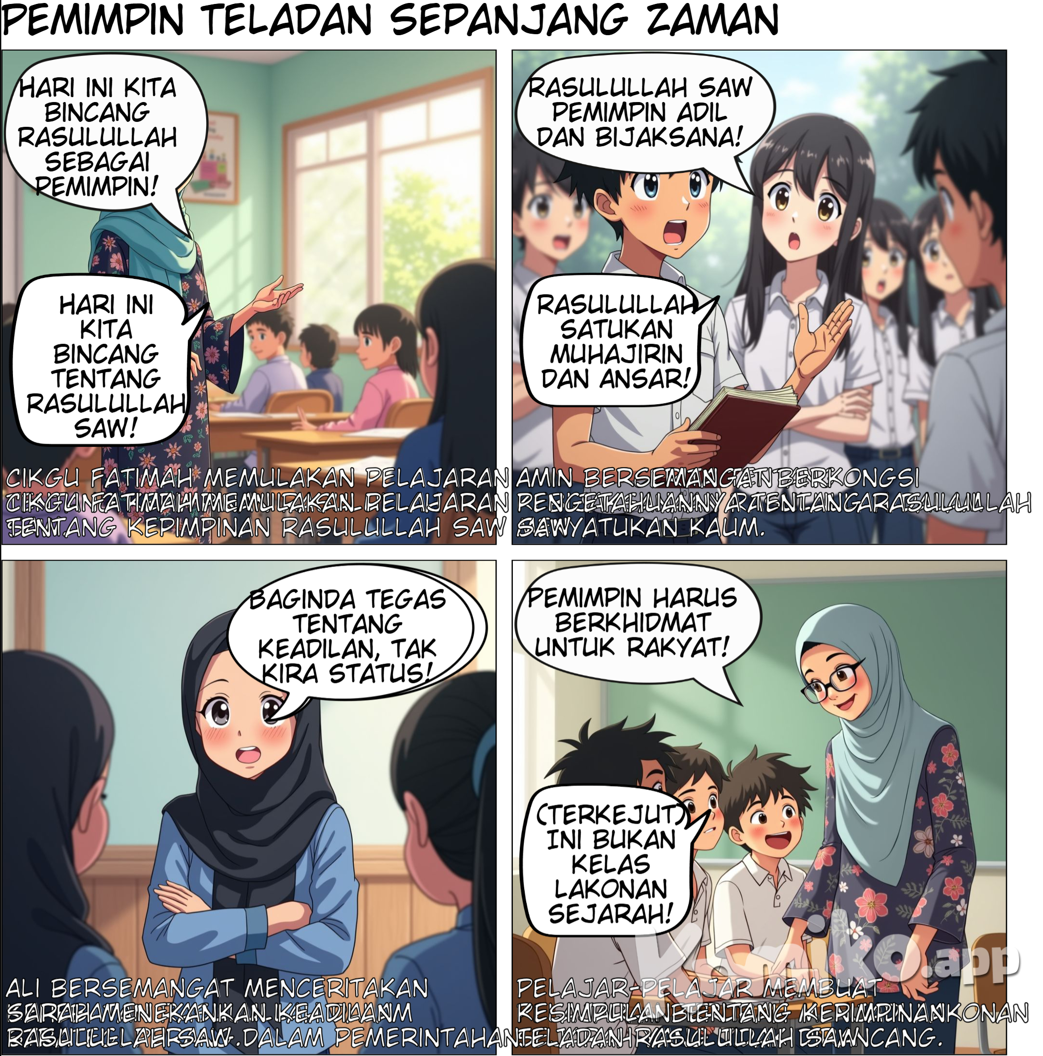 Sebuah kelas sekolah menengah. Pelajar duduk berkumpul dalam kumpulan kecil, bercerita dan berbincang. Cikgu Fatimah: Baiklah, kelas. Hari ini kita akan berbincang tentang Rasulullah SAW sebagai seorang pemimpin negara dan juga panglima perang. Saya mahu kamu semua berbincang dalam kumpulan dan ceritakan apa yang kamu tahu. Mari kita mulakan! (Kumpulan pelajar mula berbincang.) Amin: Korang tahu tak, Rasulullah SAW adalah contoh pemimpin yang adil dan bijaksana. Baginda bukan saja urus negara Madinah dengan aman, tapi juga berjaya satukan kaum Muhajirin dan Ansar. Sarah: Betul tu, Amin. Baginda juga sangat tegas bila berkaitan keadilan. Ingat tak kisah wanita dari Bani Makhzum yang mencuri, dan orang ramai minta Baginda ringankan hukuman? Tapi Rasulullah tetap adil, walaupun orang tu dari keturunan bangsawan. Ali: Lagi satu, Baginda bukan saja pemimpin negara. Dalam perang pun Baginda sangat hebat! Contohnya, dalam Perang Badar, walaupun umat Islam jumlahnya sedikit, Rasulullah SAW rancang strategi dengan sangat bijak sampai menang! Aina: Saya suka cerita tentang Perang Khandak. Rasulullah SAW dengar cadangan Salman al-Farisi untuk gali parit. Itu bukti Baginda sentiasa terbuka pada idea orang lain, walaupun bukan dari kaum Arab. Amin: Ya, itu sebab Baginda disegani, bukan saja oleh umat Islam, tapi juga oleh musuh. Sebab Baginda tak pernah anggap dirinya lebih hebat daripada orang lain. Sarah: Lagi satu, dalam setiap keputusan, Rasulullah SAW sentiasa utamakan maslahat ummah. Itu sebab semua orang hormat Baginda sebagai pemimpin. (Cikgu Fatimah menghampiri kumpulan mereka.) Cikgu Fatimah: Wah, perbincangan kamu sangat menarik! Jadi, apa kesimpulan kamu tentang kepimpinan Rasulullah SAW? Ali: Rasulullah SAW adalah contoh pemimpin yang sempurna—adil, bijak, berani, dan sentiasa utamakan kebajikan orang lain. Aina: Betul tu, cikgu. Baginda mengajar kita yang pemimpin harus berkhidmat untuk rakyat, bukan untuk diri sendiri. Cikgu Fatimah: Tepat sekali! Kalau semua pemimpin ikut contoh Rasulullah SAW, dunia kita pasti lebih aman dan makmur. (Semua pelajar tersenyum sambil mengangguk bersetuju.)
