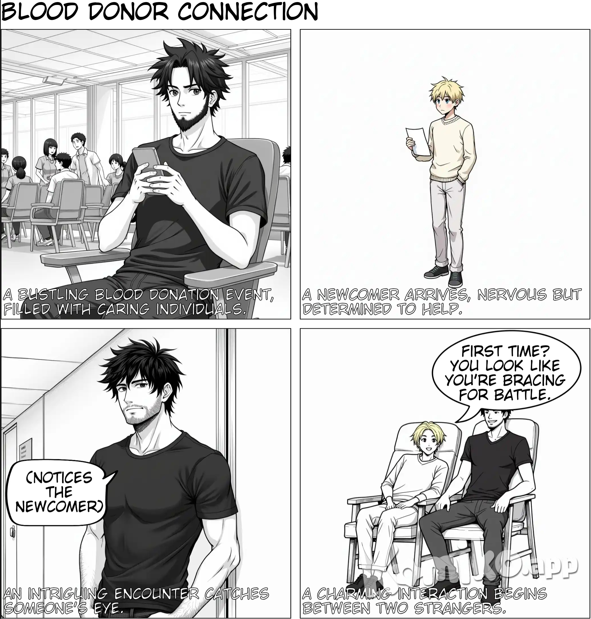 **Scene 1: The Blood Donation Event** **Panel 1:** A bustling, warm blood donation room. The atmosphere is inviting, with large windows letting in soft sunlight. Rows of chairs are filled with people donating blood, volunteers assisting. In one chair, a 26-year-old man with medium-length, textured messy black hair and a trimmed beard is scrolling on his phone. He has a tall, athletic build, wearing a fitted black t-shirt and dark jeans, exuding an effortless, confident vibe. He looks comfortable, relaxed, and charming. **Panel 2:** A 24-year-old man with short-medium straight wavy blonde hair enters the room, his body language shy but determined. He is wearing a soft pastel sweater and light-colored trousers, holding a blood donation form. He scans the room nervously, unsure but ready to participate. His demeanor is a bit anxious. **Panel 3:** The confident man looks up from his phone, noticing the new arrival. He gives a curious, intrigued look with a soft smirk. **Panel 4:** The shy man sits down beside the confident one. He adjusts his sweater nervously. The confident man leans slightly toward him with a warm, reassuring smile. **Dialogue:** **Confident man** (playfully): "First time donating? You look like you’re bracing for battle." **Shy man** (bashful): "Something like that. Needles aren’t my favorite thing." **Panel 5:** Close-up on the confident man’s charming grin, eyes twinkling with warmth and a hint of humor. **Confident man**: "Don’t worry. I’ll distract you. Just focus on my soothing voice." **Shy man** (soft laugh): "I think I’ll survive, thanks." **Panel 6:** Both are seated side by side, donating blood. The confident man is animated, talking with gestures, while the shy man listens intently, his nervousness melting away. **Dialogue:** **Shy man**: "I’m here because my mom needed transfusions. Giving back feels... right." **Confident man**: "That’s really thoughtful. I’m here for a charity gig. But honestly, I like meeting people who care." **Confident man** (smirking): "Like you." **Shy man** (blushing): "Oh, I—I just try to help when I can." ---