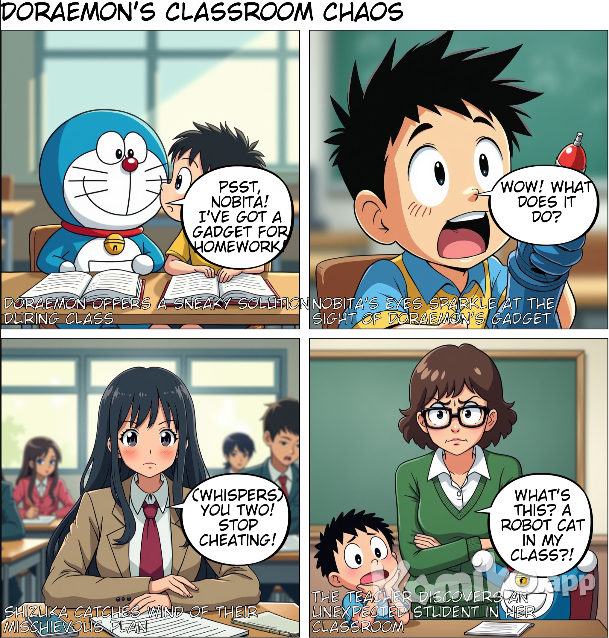 Doraemon and his friends chat in class while doing homework