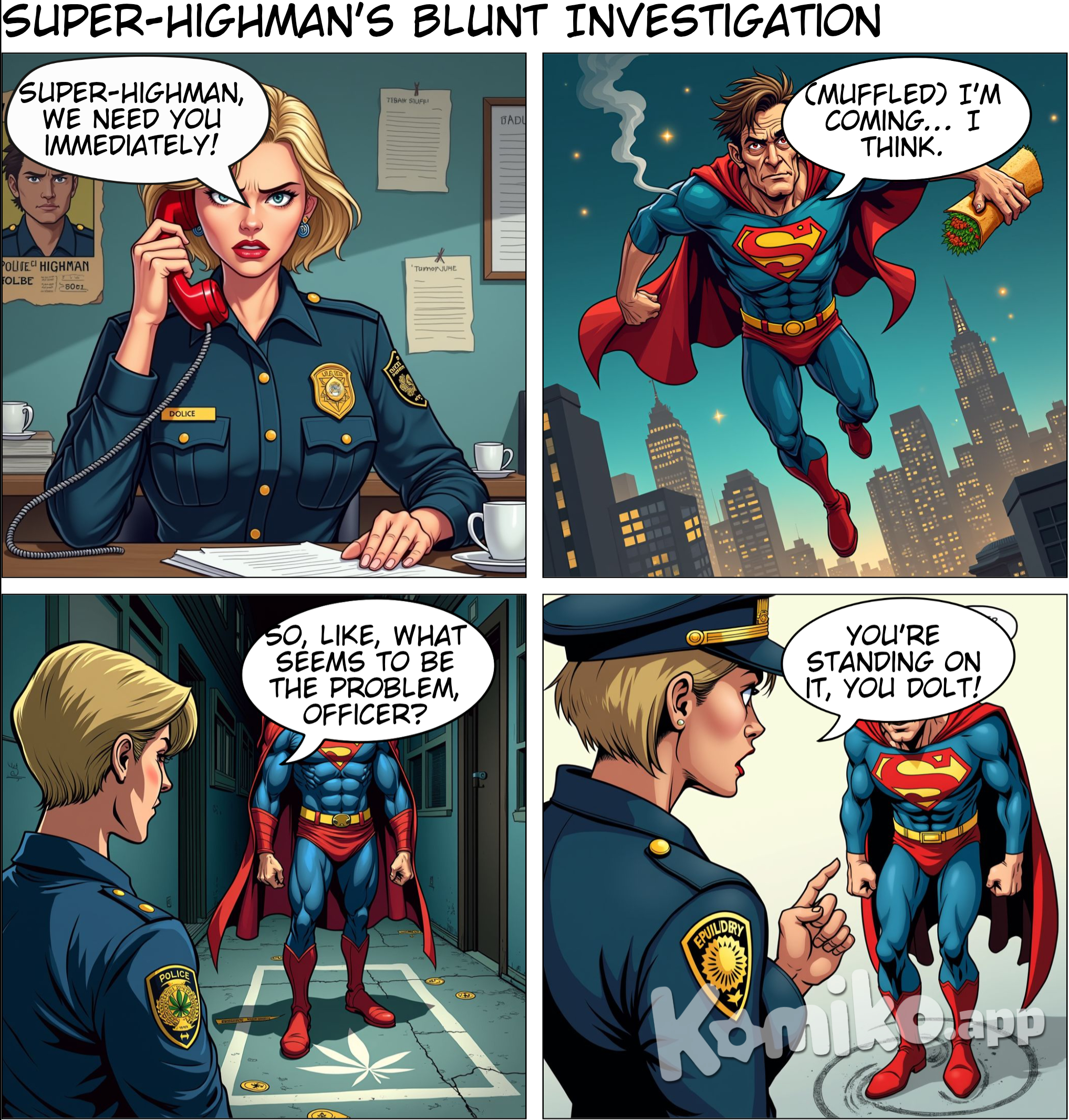 A superhero named Super-highman. He has bloodshot drooping eyes. Panel one: A police station,  a murder has been committed. The police call Super-highman. Panel 2: Super-highman flies to the scene. Panel 3: Super-highman is standing on a corpse and asks the police officer what the problem is. Panel 4: The police officer says to Super-highman "you are standing on it"