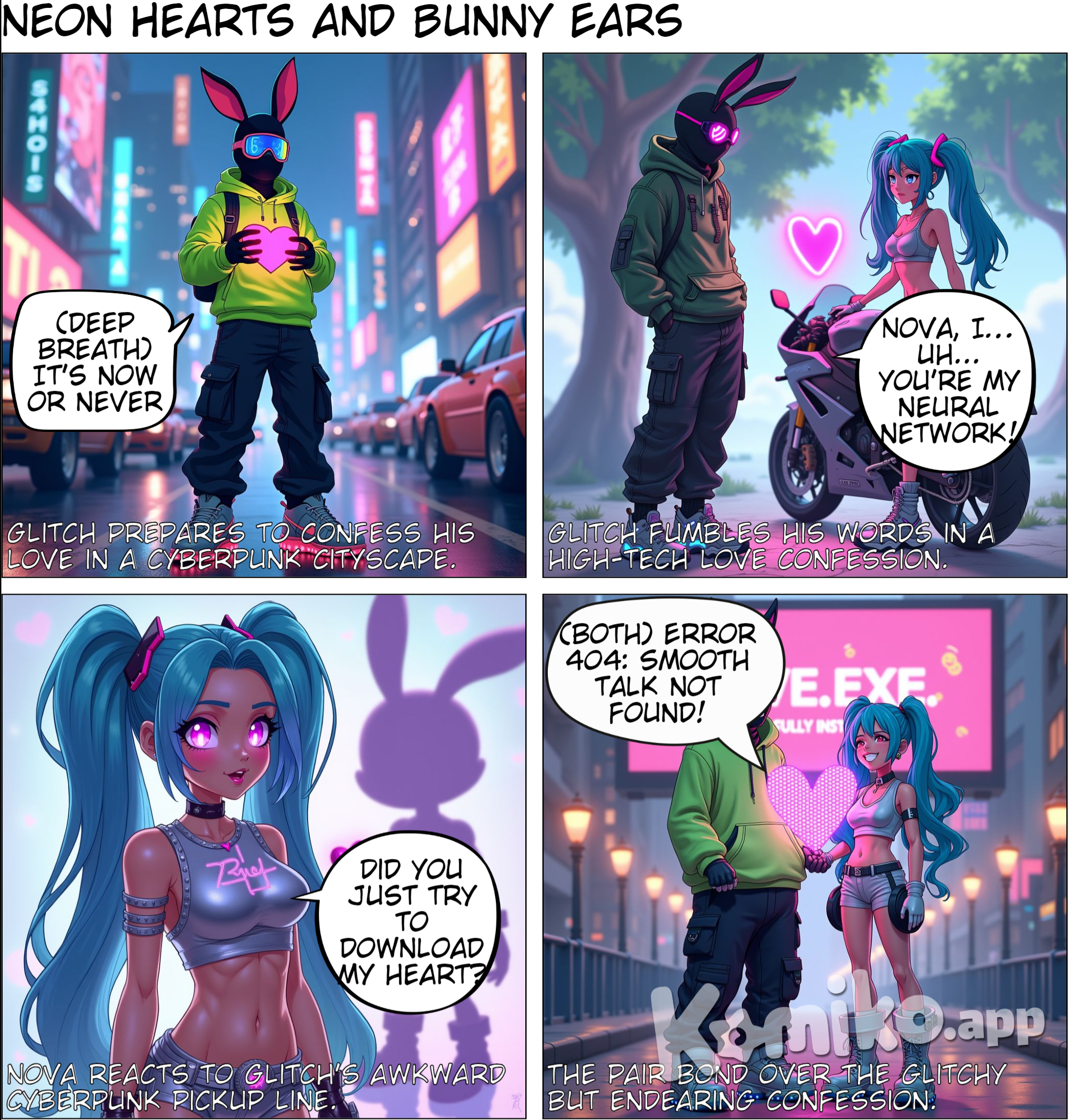 cyberpunk comedy, about male charecter with bunny balaclava and skie googles,streetwear, love confession fun