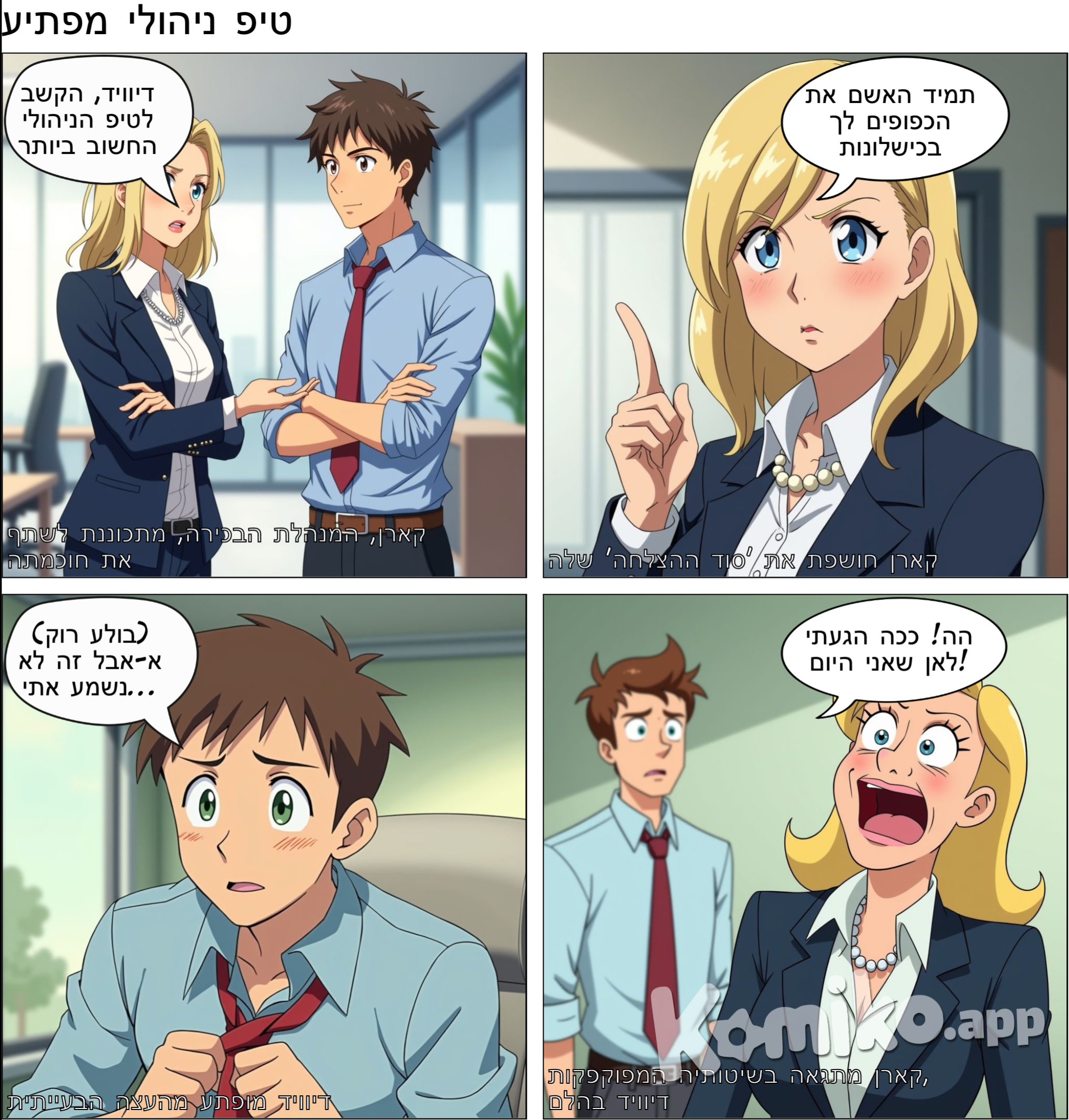 מנהלת בלונדינית בשנות ה 45 שלה נותנת טיפ ניהולי למנהל צעיר שלה