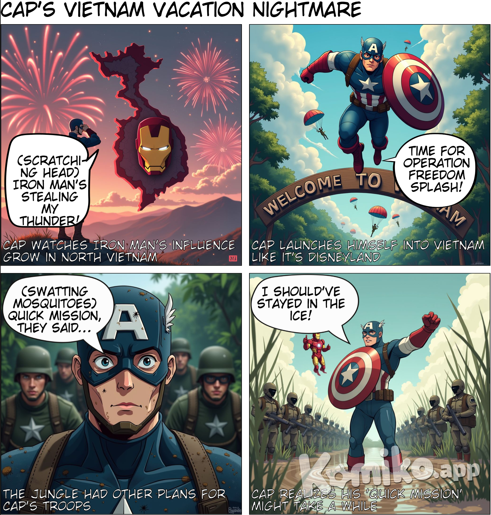 *Panel 1:* Captain America scratches his head as he watches Iron Man’s influence growing in North Vietnam.  *Panel 2:* Cap, looking determined, launches himself (and his troops) into Vietnam like he’s landing at a theme park, with troops parachuting in behind him.  *Narration Box:*   "Cap tried to help his new buddy South Vietnam by sending in his own troops! *It’s just a quick mission,* he thought. But the jungle had other plans…"
