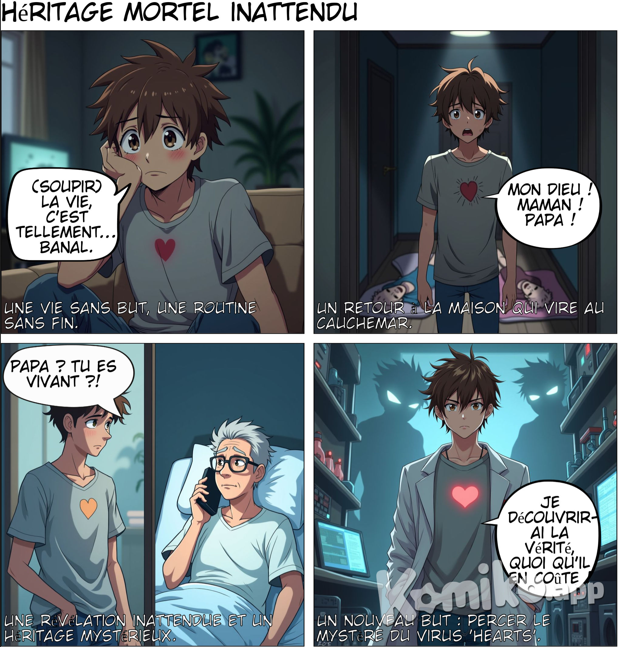 Le personnage principal vit une vie classique sans aucun objectif , au point ou ses proches s’inquietes pour son futur , une dispute a alors lieux avec ses parents , il sort alors de chez lui pour se rafraichir les idees , puis quand il revient ses parents sont au sol , il va alors etre choquer , en essayant de comprendre pourquoi , il va decouvrir des marques au niveau du coup remontant du coeur , ils ont etaient inffecter par un pouvoir appeller Hearts , une maladie d’origine qui au fil des generations s’est transformer en maladie hereditaire avec les generations le corps s’est habituer pour utiliser cette maladie en pouvant utiliser l’energie ambiant comme d’un pouvoir , mais cette maladie etant hereditaire seme un mystere car ses parents sont trop vieux pour developper ca maintenant , c’est alors qu’il va se souvenir qu’il a lui aussi des marques de naissances a sa poitrine mais lui a herediter ca de son grand pere qui travailler dans une societer de protection meconnue du grand publique , il va alors comprendre par ceux qui y travaille que tout ca ne peut etre qu’un crime , car si ils n’ont pas la maladie de base alors le virus ne peut pas apparaitre plus tards , pour sauver ses parents il va alors demander de travailleur avec eux pour decouvrir l’origine de ce mal , un jour il va recevoir un appel de son pere , hallucinant le protagoniste repond rapidement , c’est bien son pere au telephone , il va alors le voir a l’hopital , son pere est maintenant extrememant faible mais a reussi a dompter ce ‘virus’ mais ce qui les inquietes c’est que la mere est dans un pire etat , elle etait deja faible physiquement a cause d’une maladie , plus tards on apprendra qu’elle sucombe finalement au virus , le hero va alors se poser beaucoup de question , quelle combat va til mener maintenant ? il n’a plus d’objectif , il va alors reflechire et prendre la decision de continuer ce travail car l’origine du mal n’est toujours pas trouver et que d’autre famille comme lui voir pire peuvent avoir la meme situation , une autre question se posera plus tards , qui sera resolue , pourquoi sa famille a lui ? Il va alors apprendre que pour developer ce virus ca prend du temps et c’etait un test , l’antagoniste la utiliser sur sa famille car leur origines sont en faite tres lier aux origines de la maladie de l’epoque et qu’ils sont donc plus aptes a developper un pouvoir ,. Nous allons vouloir ensuite savoir pourquoi il faut developper des pouvoirs ? L’origine du mal a besoin d’un corps atteint du pouvoir pour etre assez puissant pour supporter la possession du mal . Il y a alors des heretiques voulant le retour d’un etre suppreme pour etre celui qui controle , on comprend que tout ca peut venir d’un pouvoir d’epoque de possession qui possede donc les pouvoirs des gens contre qui il se bat . Et l’evolution de son pouvoir est de posseder quelqu’un des generations plus tards .