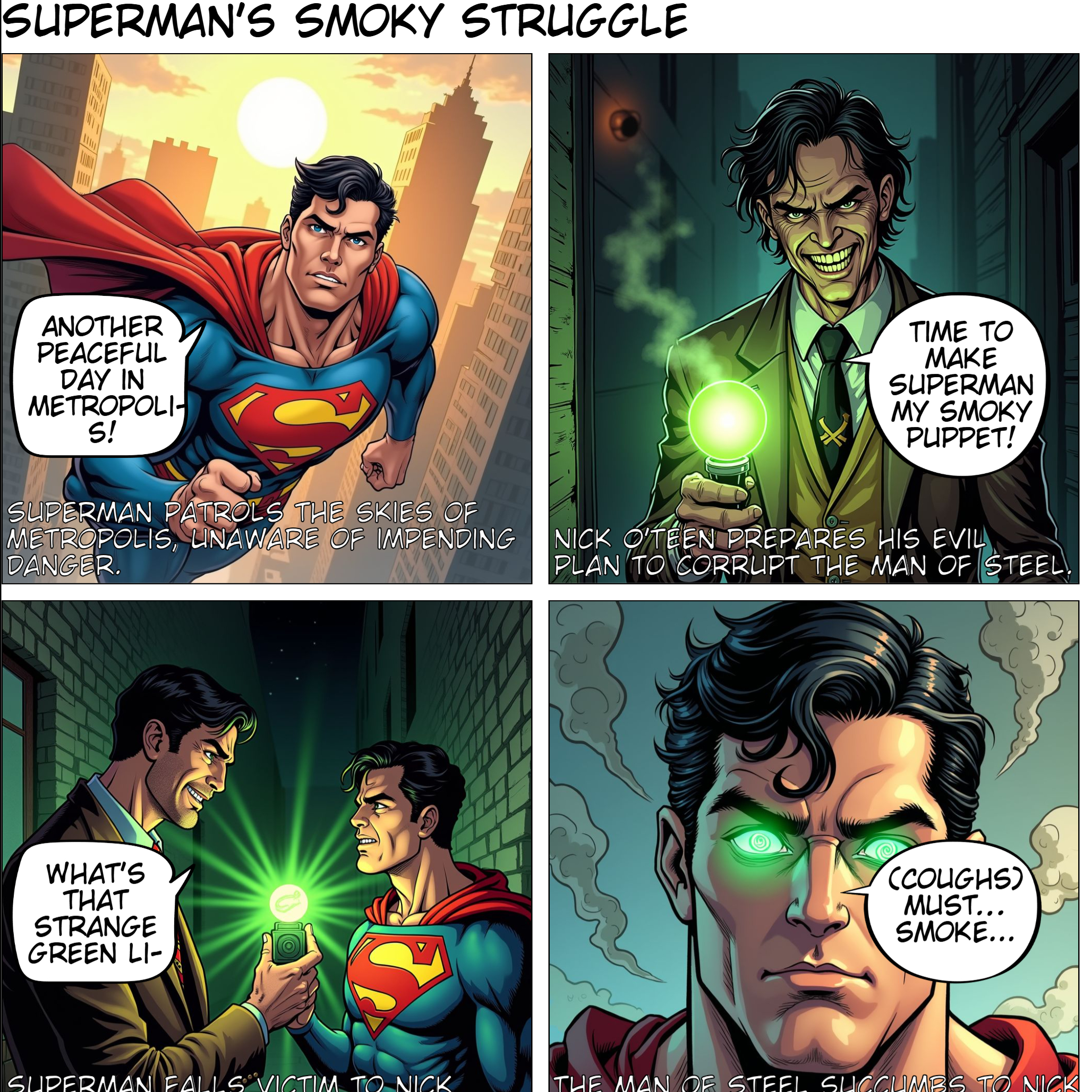 Superman is forcibly hypnotized into an evil smoker by Nick O'Teen, who wants to use the Man of Steel's new heat vision to create new smokers.