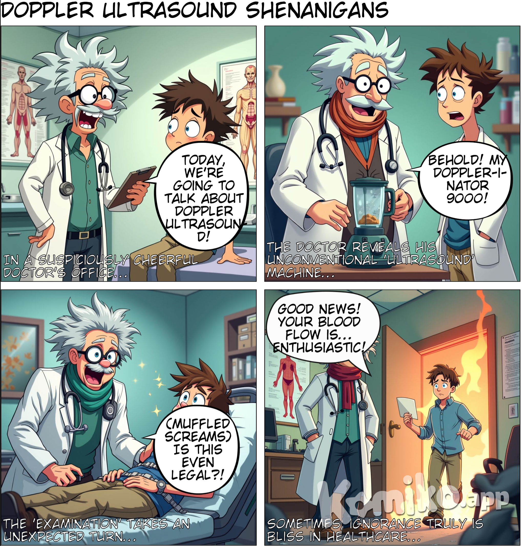 Panel 1 Background: A well-lit doctor’s office with a clean, minimalist design. A chart of the human body hangs on the wall, and a potted plant sits on a counter. Character A (Doctor): A cheerful doctor in a white coat, holding a clipboard, gesturing confidently. Character B (Patient): A curious patient sitting on the examination table, casually dressed, leaning slightly forward with interest. Caption: "In a bright doctor's office..." Dialogue: Doctor: "Today, we're going to talk about Doppler ultrasound!" Patient: "Isn't that the one that checks blood flow?"
