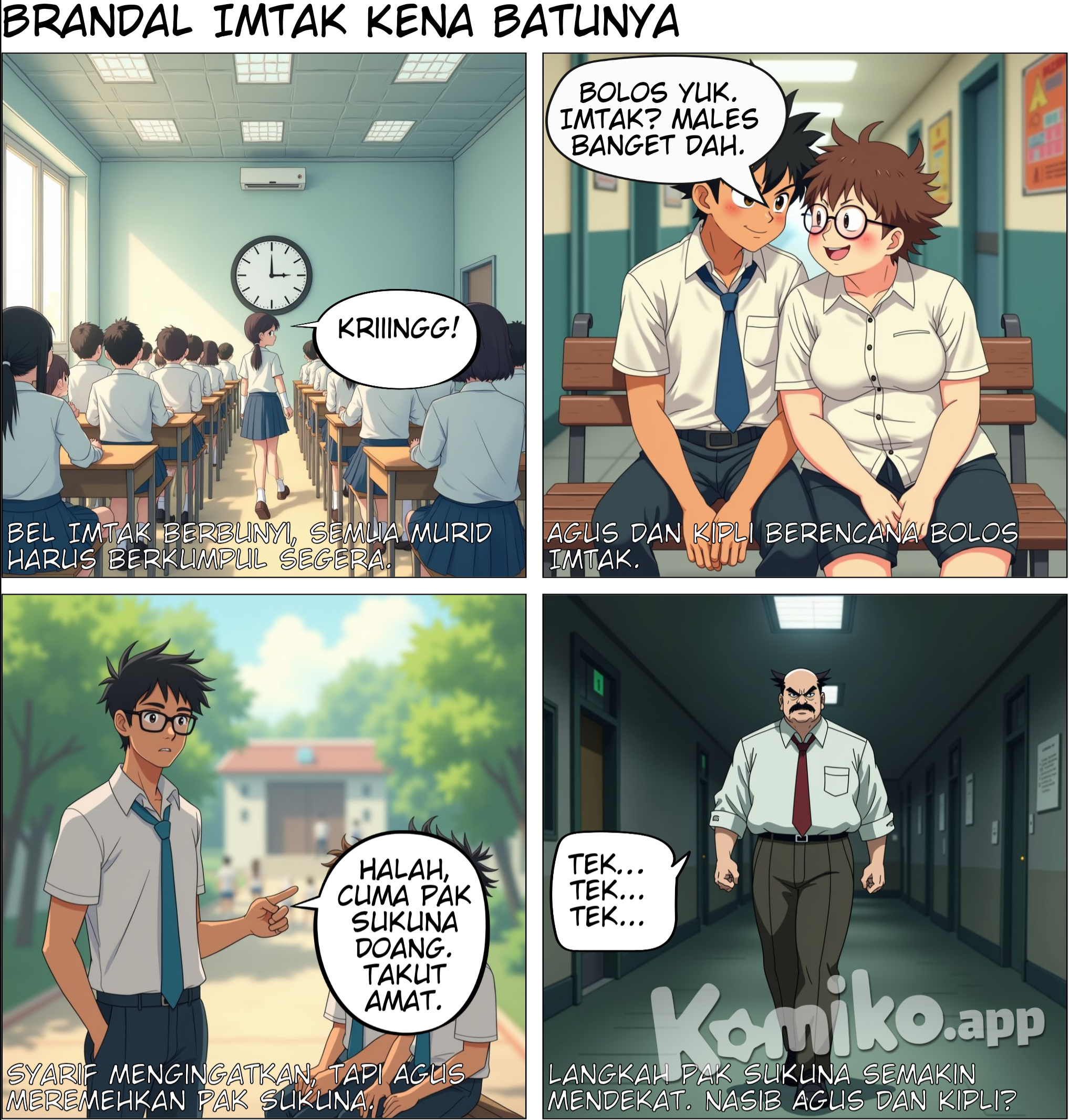 Title: Brandal Imtak Panel 1: (Image: The condition of the classroom is busy with students preparing to take part in the morning Imtak. Several students are seen talking and moving outside the classroom.) Text (sound effect): "Kriiingg!" Text (narration): "The Imtak bell rang, indicating that all students must gather immediately." --- Panel 2: (Image: Agus and Kipli sitting on a bench, apparently whispering about something. They don't seem interested in following Imtak.) Agus (whispering to Kipli): "Please, let's skip class. What are you doing, Imtak? I'm really lazy." Kipli (enthusiastic, replying to Agus): "Gazzz! Agreed!" --- Panel 3: (Image: Syarif approaches Agus and Kipli with a serious face. In the background, several students are preparing to go to the hall.) Syarif (reminding them): "Gus, Pli, come on, come with Imtak. Mr. Sukuna has already started traveling around." Kipli (sighs, lazily): "That's really bad, bro." Agus (grinning, dismissively): "Halah, it's just Mr. Sukuna. Very scared." --- Panel 4: (Image: Mr. Sukuna is seen from afar, his footsteps are heard approaching the class. His face is serious and looks ready to take action against students who play truant.) Text (sound effect): "Tek... tek... tek..." Text (narration): "Mr. Sukuna's steps are getting closer."