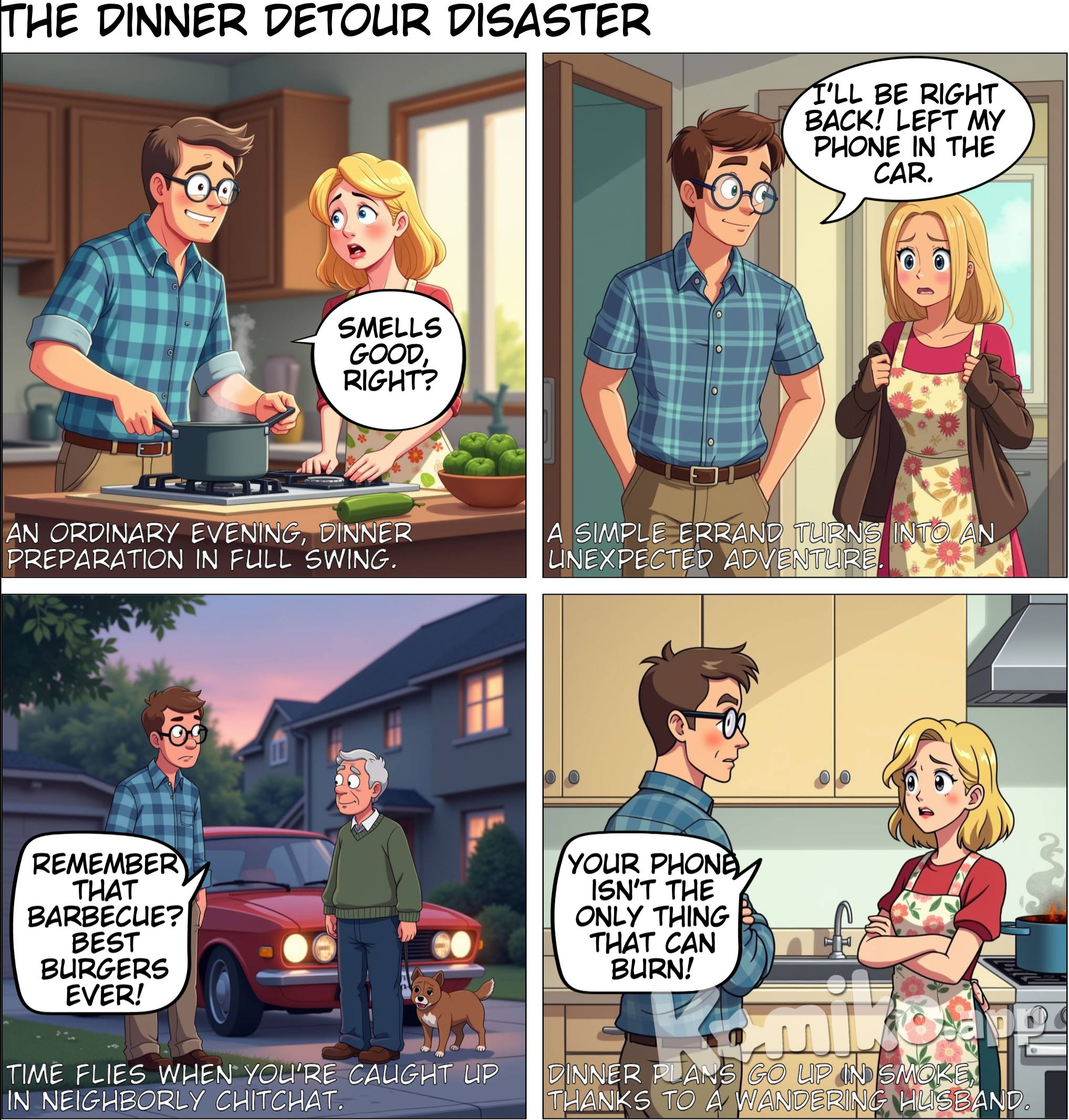 Title: The Dinner Detour Panel 1: (Inside the kitchen) (Wide shot of the cozy kitchen. A woman is chopping vegetables at the counter while a man stirs a pot on the stove.) Caption: It's an ordinary evening, and dinner is in the works. Woman: (smiling) Smells good, right? Man: (grinning) Absolutely! Just need my phone for the recipe. Panel 2: (Man walking towards the door) (The man walks toward the door, putting on his jacket.) Man: I’ll be right back! Left my phone in the car. Woman: (wave of her hand) Hurry up, we need to finish before it gets too late! Panel 3: (Outside the house) (The man steps outside and closes the door behind him. He walks towards his car in the driveway. His neighbor, a friendly elderly man, is walking his dog nearby.) Neighbor: (cheerfully) Hey there! How’s it going? Man: (smiling) Oh, just getting my phone! How about you? Panel 4: (Close-up of the man and neighbor) (They stand by the car, the man looks relaxed, the neighbor gestures with his hand.) Neighbor: (chuckling) Can't complain! Just taking Max out for his evening stroll. Man: (nodding) Nice! We're just cooking dinner. Panel 5: (Inside the kitchen) (The woman, now slightly worried, leans against the counter, looking at the clock.) Woman: (thought bubble) Where is he? Dinner will be ready soon! Panel 6: (Outside the car) (The man and neighbor are still talking, now reminiscing about old times.) Man: (laughing) Remember when we had that barbecue? You brought the best burgers! Neighbor: (grinning) Of course! We should do that again sometime! Panel 7: (Inside the kitchen) (The woman glances impatiently at the clock. She has her hands on her hips.) Woman: (thinking) I hope he’s not getting distracted again… Panel 8: (Back outside) (The man waves goodbye to the neighbor, finally getting into his car to grab his phone.) Man: (shouting) Gotta grab it! I’ll be quick! Panel 9: (Inside the kitchen) (The woman stands with arms crossed, her expression is one of annoyance as the door opens.) Woman: (yelling) What took you so long?! Panel 10: (The man entering the kitchen, baffled) (The man steps back inside, his arms raised in confusion.) Man: (puzzled) I was just talking to Mr. Thompson! Panel 11: (Close-up of the woman, fuming) (The woman's face turns red with frustration.) Woman: (angrily) Your phone isn’t the only thing that can burn!!!!! Final Panel: (Split-screen of the man looking confused and the woman visibly angry) (The man scratches his head while the woman points toward the stove.) Man: (still confused) Uh, it’s just dinner? Woman: (with a fixed glare) It’s called dinner for a reason! Caption: Dinner chaos, courtesy of a wandering husband!