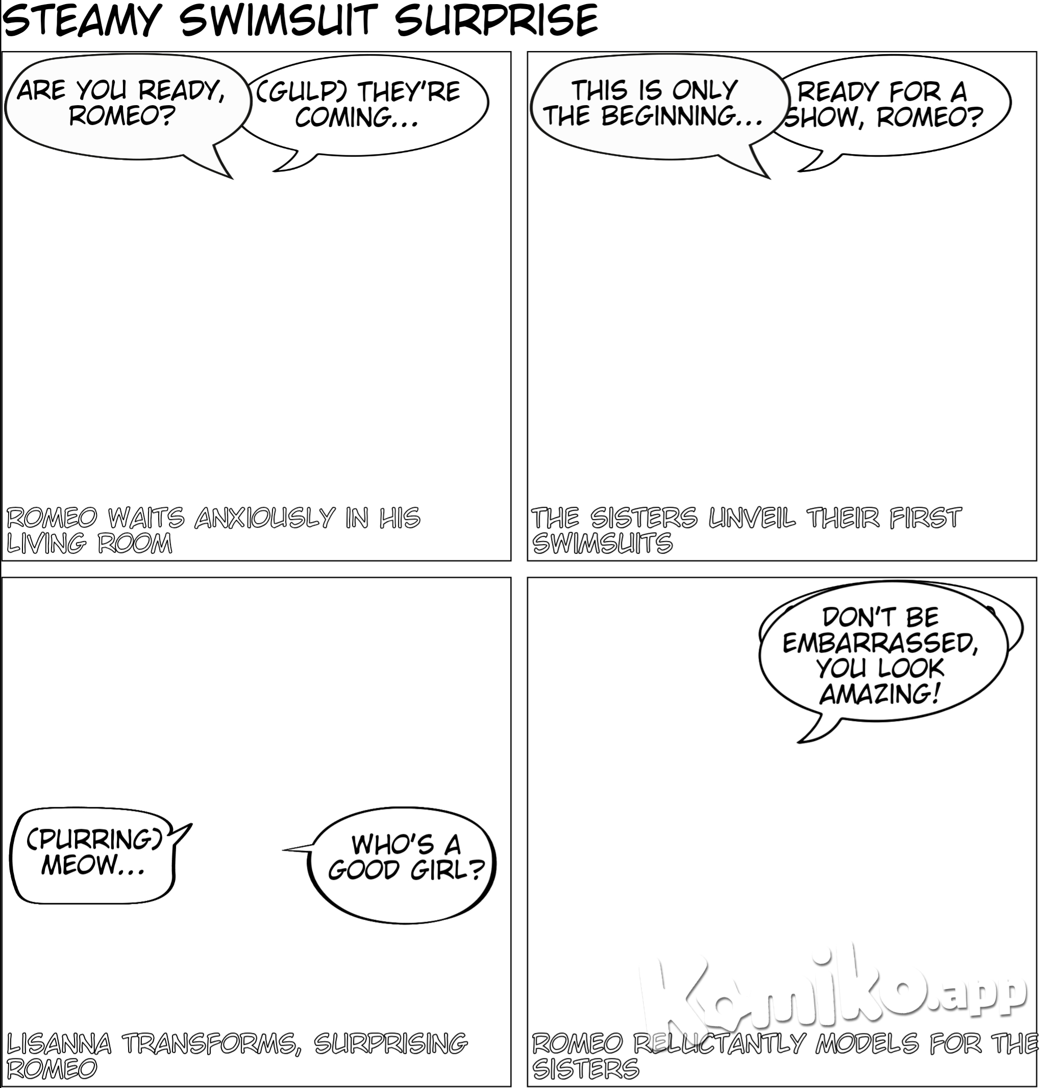 Romeo felt himself twitching in anticipation for what was to come. He was at his house, specifically his living room. But he wasn't alone, while his Father was still out on the trip with the rest of the guys, his Mother was currently out and wouldn't be back till tomorrow night, something that when he informed two White-Hair guildmates, they instantly took advantage of as when the day was over and the night sky came over Magnolia, they practically forced themselves to his home, not that he really had any problems with it.  When they had arrived Mira and Lisanna immediately told him to wait in the living room and close all the blindes while the two went upstairs. Doing as he was told he made it so there was no way for anyone from the outside would be able to peak in as he took his seat on the sofa, knowing that he was going to be for a good show.  "Are you ready, Romeo?" A voice called out to him from behind a wall.  Before he could respond though the lights in the room went dim, providing an atmosphere that fit the situation as the two White-haired beauties came from around the wall, clad in nothing but enticing swimsuits. Walking right in front of him they stood a bit apart while providing a pose for the fire mage, allowing him to take in their first choice of Swimwear, which Romeo recognized as what they wore when they visited the Waterpark at the capitol.  Mirajane was wearing a dark blue bikini, no shoulder straps on the top as the fabric wrapped around her chest while providing plenty of her breast out on display, a golden ring holding the front of it together. While her bottoms were currently hidden by the sash that wrapped around her hips while still making it look graceful.  Lisanna meanwhile, wore a very light purple bikini, the top covering more of her breast but still able to show off their size proudly with the front having a very cute bow tie to hold it together. Her bottoms though, showed off much of her hips and pelvis.  Both looked amazing before him as they each had a sultry smile that turned into a naughty smirk as they saw the tent form in his shorts.  "I take it our little show has already gotten you excited," Mira said first before expertly bringing her hands to his chest, the softness of her touch as she glided it up his body and to his face made him shiver as she added in a husky tone, "But don't worry, this is only the beginning, we both have many more swimsuits to show off for you."  Backing away Lisanna waked behind her sister as she grabbed one of the knots on the back of her top, giving it a tug as the fabric was ripped off Mira's form before Romeo's eyes as he immediately leaned forward to see Mira's breast on display. But just as the last piece of the top was about to whizz past the front of her breast and reveal her bright pink nipples, the Demon-Mage showed off a devious-smirk as her and Lisanna's entire body shined white, hiding their form from his gaze as they were cover in the oh-so familiar light of transformation-magic before it stopped, the two of them now clad in new swimsuits, school-swimsuits which hugged their entire bodies as they each got into a familiar pose similar to what they had during the Grand Magic Games. Mirajane on her knees, behind facing him as the bottom of her dark ocean blue swimsuit dug into her ass cheeks while she cupped her head with one hand and giving him an innocent expression. Lisanna raising her hands behind her head next to her while bending her legs in an enticing way, showing off her bodily curves to her current spectator.  Seeing the surprise evident on his face Mira took the chance to tease Romeo, "Oh, I'm sorry, were you expecting something that showed a little less?"  The comment snapped Romeo out of his daze as he decided to talk back to his current performers as he leaned back and said, "Honestly, it doesn't matter what any of you have on, it'll always surprise me how good you two can look in anything."  The comment caused the two siblings to giggle as Lisanna decided to take the lead on this part as she walked forwards in front of Romeo before getting on her knees a few feet away, "Anything? Well, I wonder how you think I look in this?"  With a simple click of her tongue her body once again transformed, but instead of another swimsuit, she took the form of her Cat spirit, cat ears spring from her head while her attire change into something similar of a swimsuit with a white coat of fur with black, exotic stripes dotting over it. The bottom of her legs along with her lower arms also had a white light coat of fur while her hands and feet turned into paws to match her appearance, a long striped tail protruding from her back tailbone finishing her look as she looked at him and gave him a simple but unbelievably cute, "Meow".  Walking on all fours at him the cat-girl rested her head on his lap, making sure to rub her head lightly but sensually against his covered erection.  Seeing Mira trying to hold in a giggle from the sight behind her sister Romeo had an idea pop into her head while letting out pleasurable grunts from Lisanna's simple, yet effective touch. Bringing his hand behind one of her cat ears he lightly scratched it, causing the girl to let out a satisfying purr as she leaned into his touch.  "Who's a good girl?" Romeo teased as he now doubled his efforts around her ear, now adding in his other hands to get her other ear, a gesture that gave Lisanna an immediate sense of pleasure, though admittedly, it wasn't the pleasure she expected to get from him tonight.  As he continued to scratch his now cat-like companion Romeo let out a thought that was on his mind for a while, "You know, I always wondered how much of that animal instinct you retain, I wonder if you'll like it if I scratch down her too?" Bringing one of his hands away from her ear as he glided it across her back, causing Lisanna to arched her back in a way to bring her chest down and raise up her hips in the air, as Romeo's hands continued to glide down her back before reaching his destination, right above her tail as he began to scratch the area. His fingers giving Lisanna enough pleasure that her purr sounded more like a moan while her tail shot up widely in excitement.  "I guess that's a yes," Romeo stated as he continued to pet the Lisanna, the two of them not noticing Mira sneakily making her way behind Romeo while transforming as well, though her form was much more, smaller. Jumping behind the couch Romeo was surprised when he felt a patch of fur rub against the side of his face. Turning to it he saw a black and white cat that he instantly recognized as Mirajane as it gave him a lick to the face before jumping down to his dies, moving on its back before being engulfed in a bright white light once more. Her form taking on her regular human appearance as she had the back of her head on his lap while her body was exposed to him once more on the couch as she had on another swimsuit.  This time her attire was a light blue bikini, the fabric thin as the straps on her top seemed to stretch in order to contain her large breast as he had a very generous view of the valley below. Her bottoms equally as thin as they showed off her hips very nicely as well. A sultry smile on her face with her eyelids narrowed at him she brought a hand up to his face as she said with a pleading yet teasing tone, "What about my pets?"  Chuckling to himself Romeo brought one of his hands away from Lisanna, a move that the girl was not pleased with as she let out a disappointing whine as the hand that was so expertly scratching her hips left as it went to her Sister. The Poster girl letting out a coo of pleasure as Romeo's hand landed on her stomach before lightly scratching the area, giving a pleasant feeling to her as she made herself comfortable, resting her head on Romeo's lap while Lisanna did the same on the other side as well. The two of them making sure to move and present their bodies to him in an enticing way as he continued to scratch and pet the two beauties on either side of him.  This went on for a couple of minutes before Mira thought it was time to unveil the little gift she and Lisanna had prepared for Romeo as she said, "You know Romeo, considering me and Lisanna have been giving you quite the show, would it be possible for you to maybe pose in something for us as well?" She asked him in a pleading voice.  Lisanna hearing what her Sister said and knowing what she met joined in the pleading as well as she looked up at Romeo with the best puppy eyes she could muster, "Yeah Romeo, Please? Just one little thing, it would mean the world to us!"  The looks the two were giving him were more than enough for the fire-mage, and even than considering the show they had given in he could at least try and return the favor, "All right, what do you want me to wear?"  "Actually we already picked it out for you, it's waiting in your room," Mira told him.  "Yeah, how about you go try it on big boy, and well get comfortable right here waiting for you to show it off." Lisanna added as the two sat up and practically pushed Romeo off the sofa before shoeing him to go and try on the piece of clothing they had gotten for him.  Sighing he went with their wishes as he made his way behind the wall and up the stairs, making his way to his room he couldn't help but get a bit curious as to what they wanted him to wear. Making his way to his room he saw a box lying on his bed that he assumed contained what the two Sisters wanted him to wear. Making his way to the bed he took the top off the box, and immediately felt his face go red as he saw the piece of clothing, or more accurately, swimsuit they had picked out.  It was a small, black speedo, that seemed like it might be a bit too small for his size. Sighing the Fire-mage knew he was too far in to turn back now. Removing his clothing and putting them away he put on the small garment on, feeling it immediately tighten his pelvis. Luckily the back didn't seem to sink much into his ass, though the same couldn't be said about the front. Normally, he thought the speedo would've been able to serviceable cover his front, but right now, thanks to the swim show he was sporting a massive erection, something that clearly bulged from the garment as it struggled to wrapped itself his waist. It was just barely able to contain his shaft, though he would've felt more embarrassed about wearing something like this, he knew he was in the privacy of his own home, and if Mirajane and Lisanna wanted him to wear this, he might as well give them their wish.  Giving himself one last check over Romeo made his way downstairs, psyching himself one last time before appearing in their sights. And they seemed to squeal with joy as they watched him appear, a defeated smile on his face as he walked in front of both of them, still not exactly able to look them in the face.  "Ah come on Romeo, don't be embarrassed, you look amazing!" Lisanna told him as she tried to get him to relax.  "You're definitely giving us a treat for our eyes looking like that, and if you look up, you'll get a treat yourself." Mira added