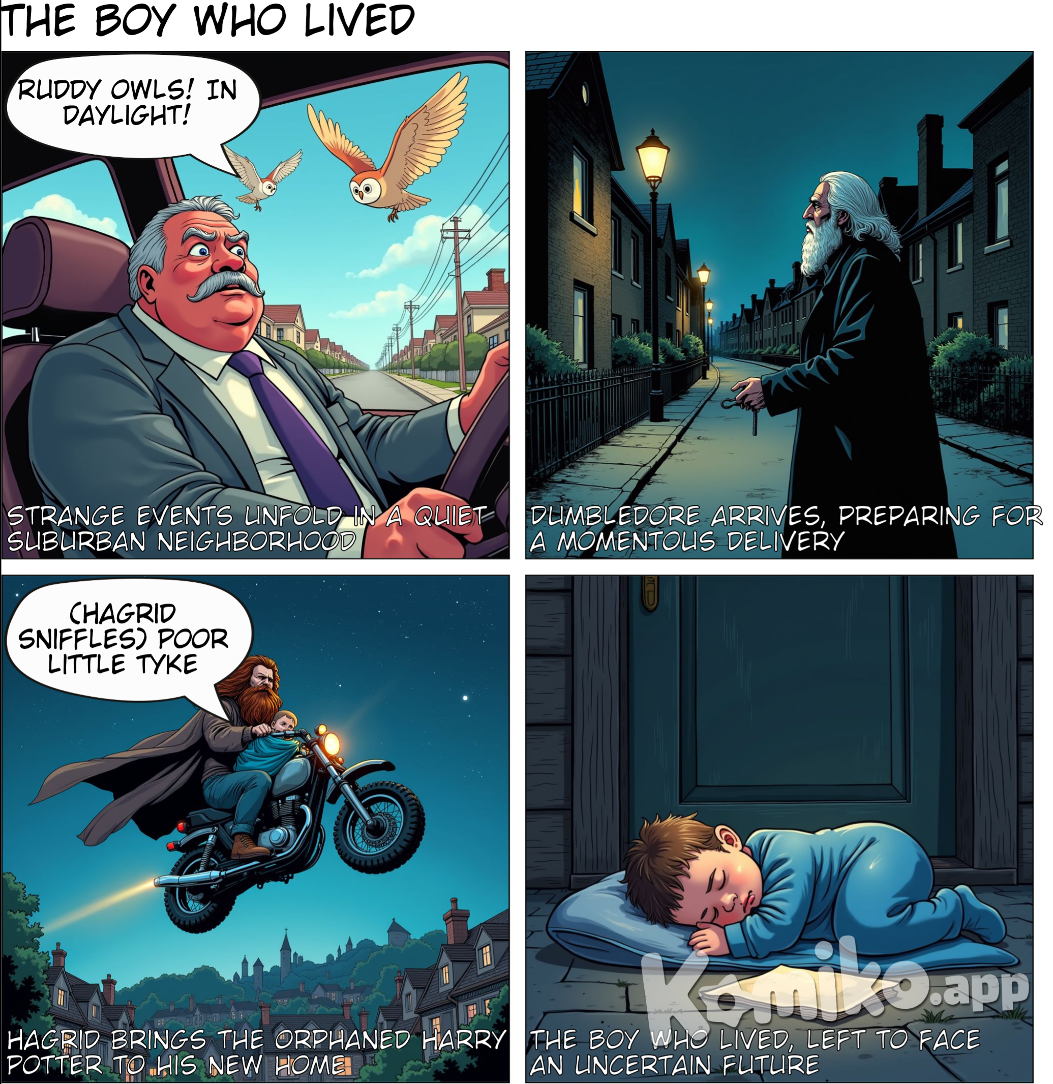 In chapter one of "Harry Potter and the Sorcerer's Stone," titled "The Boy Who Lived," we are introduced to the Dursley family—Vernon, Petunia, and their son Dudley—who are depicted as very ordinary and somewhat unpleasant. Vernon notices unusual occurrences around town, such as owls flying during the day and strange people in cloaks celebrating. That night, Albus Dumbledore and Professor McGonagall meet outside the Dursleys' home, discussing the defeat of the dark wizard Voldemort and the survival of baby Harry Potter. Hagrid arrives on a motorcycle, bringing Harry, who is orphaned but safe. Dumbledore leaves Harry on the Dursleys' doorstep with a letter explaining his background, setting the stage for Harry’s journey into the wizarding world.