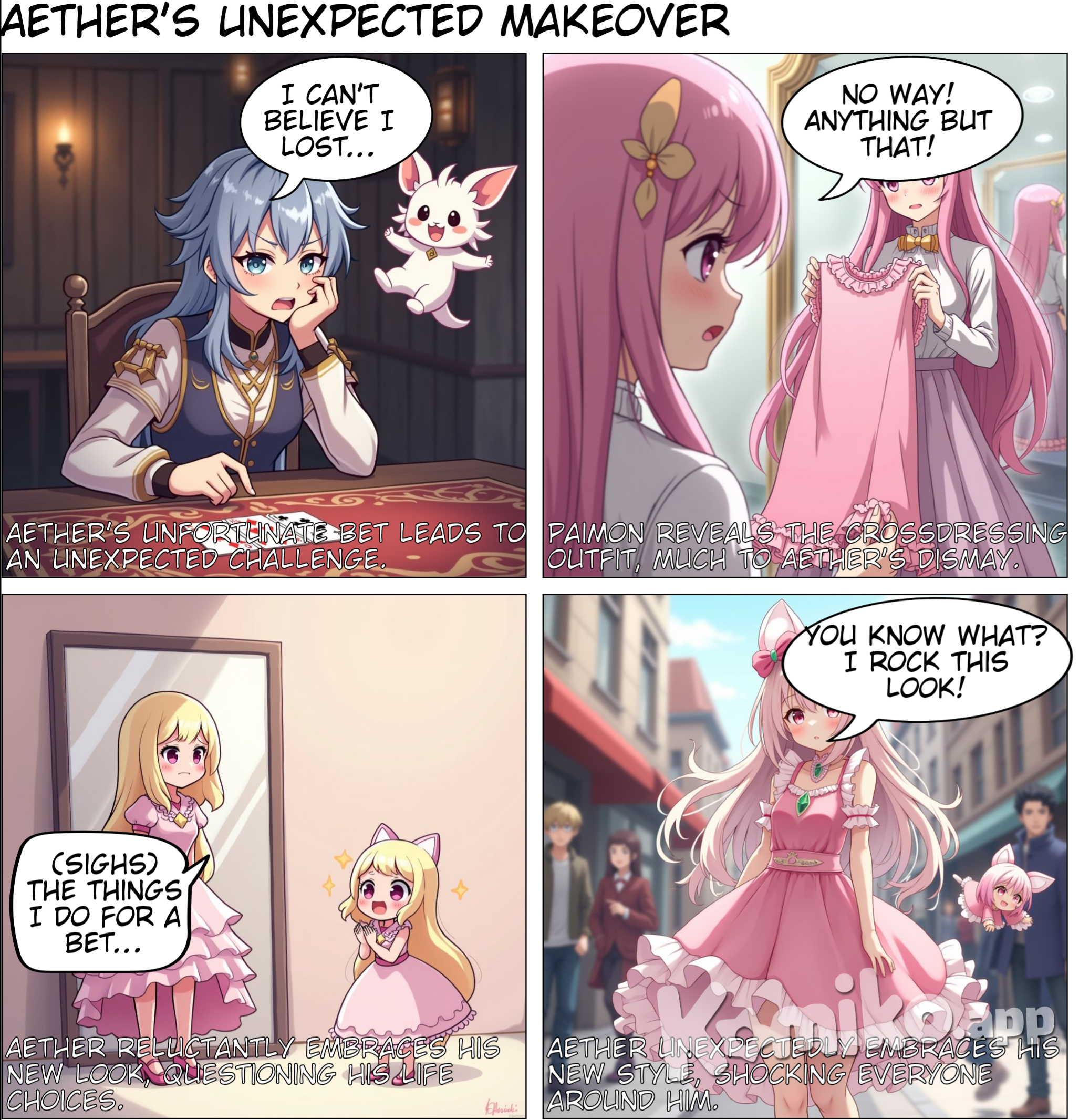 Aether from Genshin Impact losing a bet and being made to crossdress 