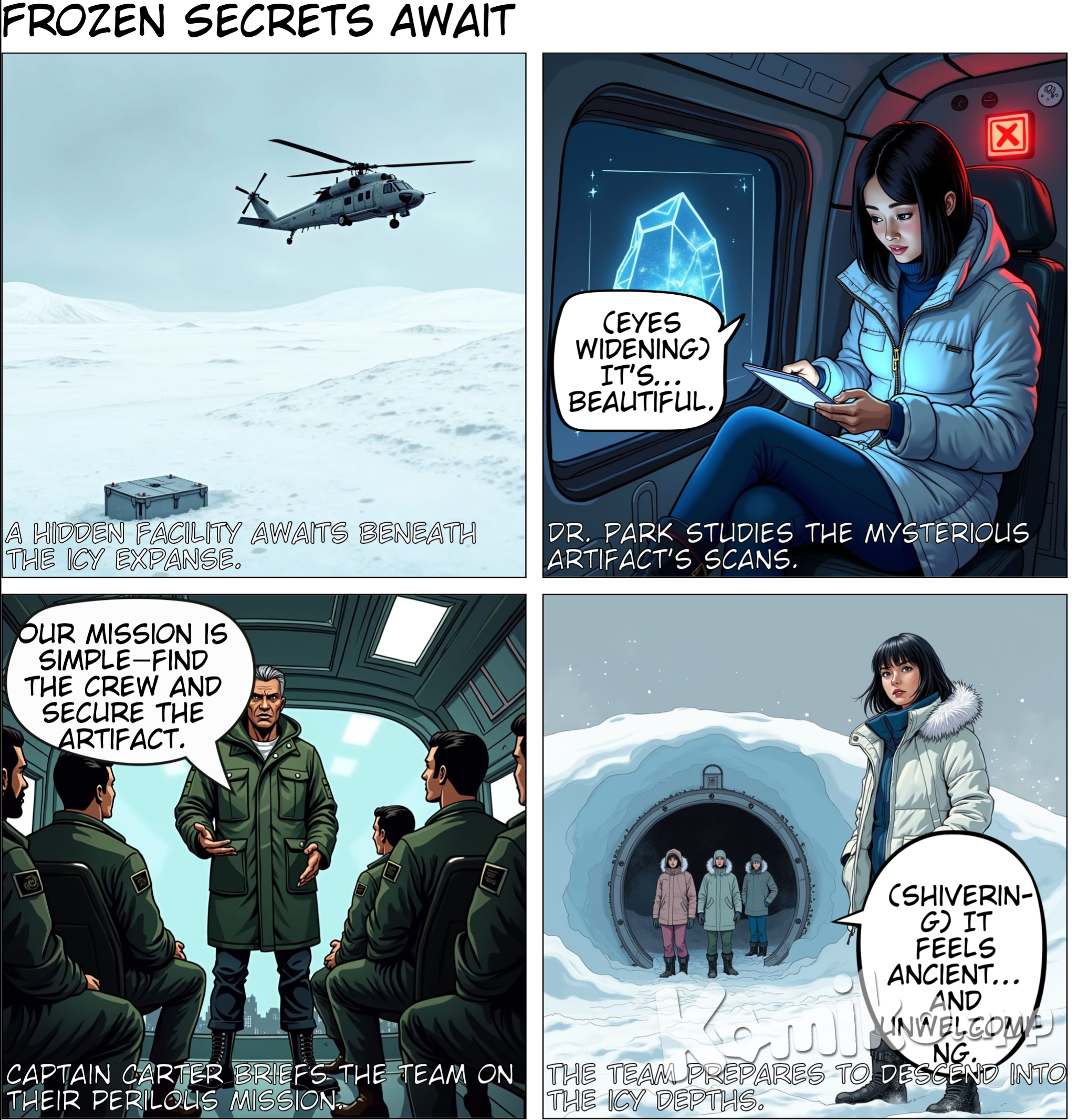 Page 1: Arrival at the Frozen Base  Panel 1: A military transport helicopter flies over a vast, frozen landscape. In the distance, a metal hatch breaks the surface of the ice—a small part of the hidden facility beneath. Panel 2: Inside the helicopter, Dr. Lyra Park looks at her tablet, showing scans of the artifact—a glowing, crystalline structure buried deep in the ice. Panel 3: Captain Elias Carter briefs the team.  Captain Carter: "Our mission is simple—find out what happened to the last crew and secure the artifact. Stick together, and we all make it out alive." Panel 4: They land near the entrance, and a hatch opens, revealing an elevator that leads down into the icy depths.  Dr. Lyra (narrating): "There’s something about this place... it feels ancient. Like it doesn’t want us here."