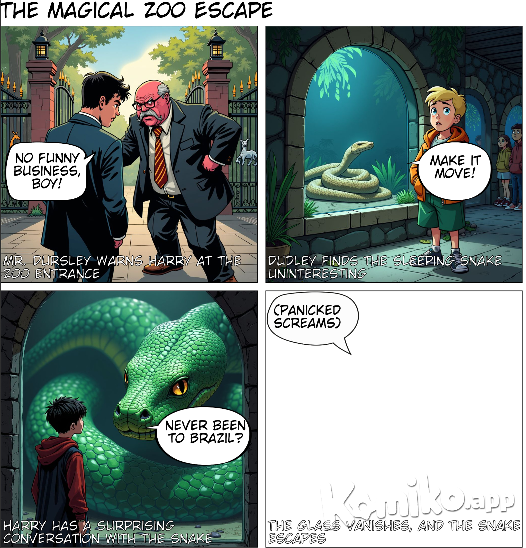The Vanishing Glass. Mr. Dursley warns Harry not to do anything suspicious at the zoo, and Harry promises he won't.Everything's going fine through lunch, until they get to the reptile house. Dudley calls the largest snake boring, because it's just sleeping. Harry goes over to look at it in the snake exhibit after Dudley moves away. The snake looks up and winks at Harry, and they have a conversation. Harry asks it where it's from, and the snake points to the sign that says Brazil. The snake's never been to Brazil, though, because it was born in captivity.Someone yells for Dudley and Mr. Dursley to come look at the snake, and in his rush to get over, Dudley pushes Harry out of the way. Piers and Dudley are looking at the snake through the glass when suddenly the glass vanishes. The snake escapes and makes a run for it.