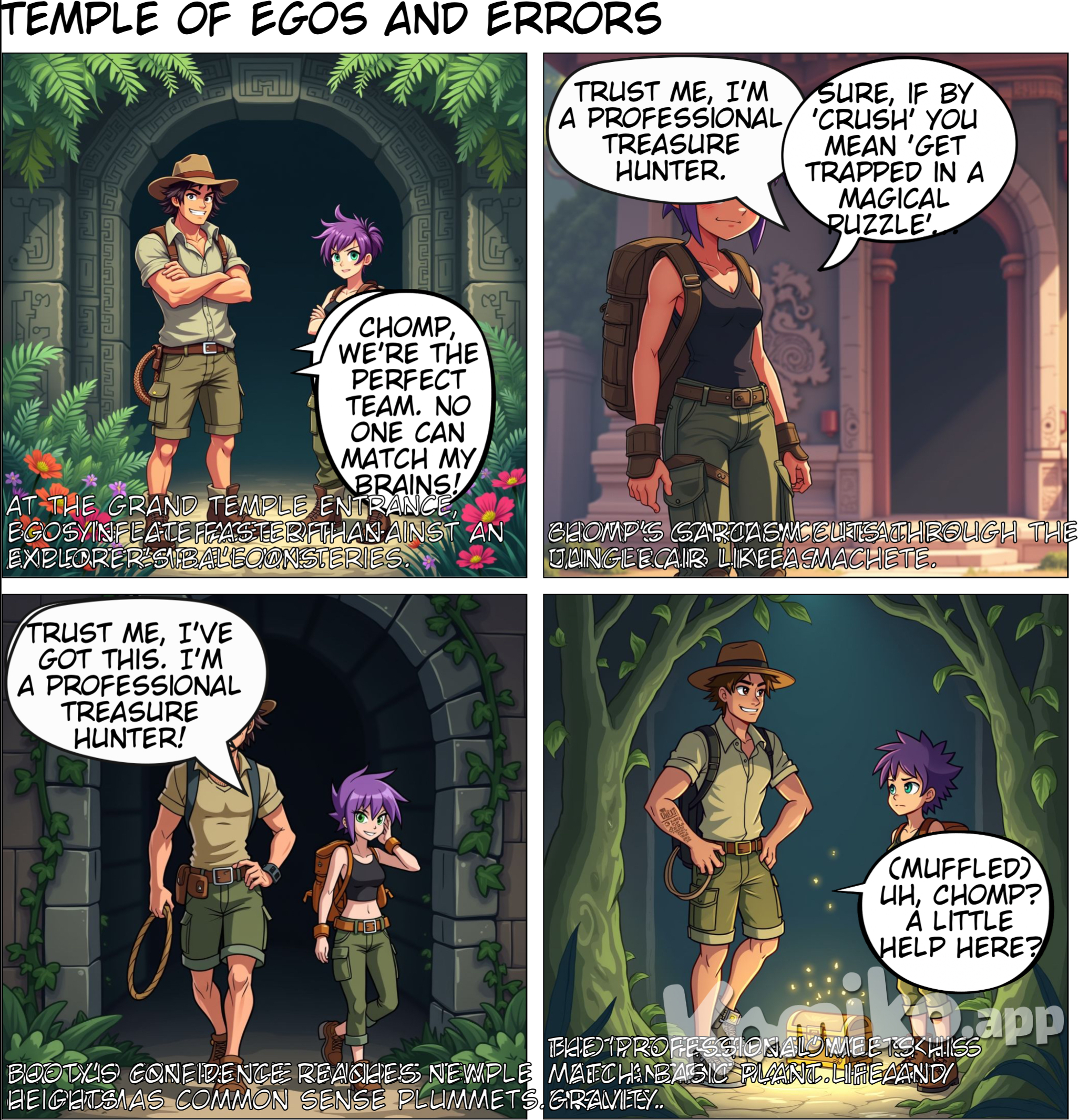The comic opens with Booty and Chomp standing in front of a grand, ancient temple entrance, covered in vines and mysterious symbols. The air is filled with the scent of wildflowers and adventure. Booty (with a smug grin, crossing his arms): "Chomp, you know we’re the perfect team. No one can match my brains... and, well, obviously my looks. We’re gonna crush this." Chomp (with a playful eye roll): "Sure, if by 'crush' you mean 'get trapped in a magical puzzle'—then yeah, we’re definitely the perfect team." Booty (laughing confidently): "Trust me, I’ve got this. After all, I’m a professional treasure hunter. The best."