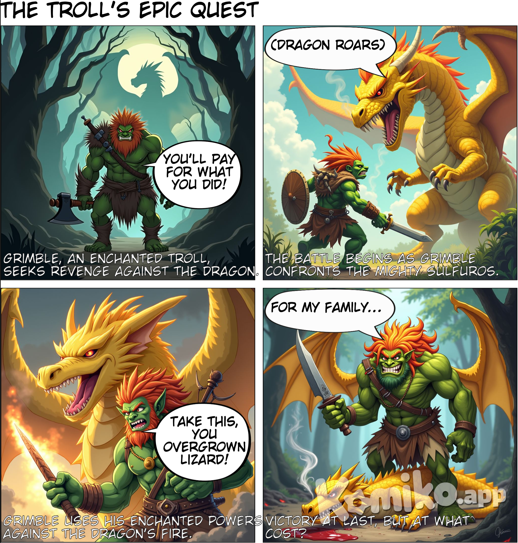 the game is called the troll fist is take place black there is a dragon there is an enchanted troll and enormous yellow dragon troll and the dragon is the antagoms ax ,sword ,shield ,khife ,magic wand defeat the drago because he wants to revenge the death of his entire family