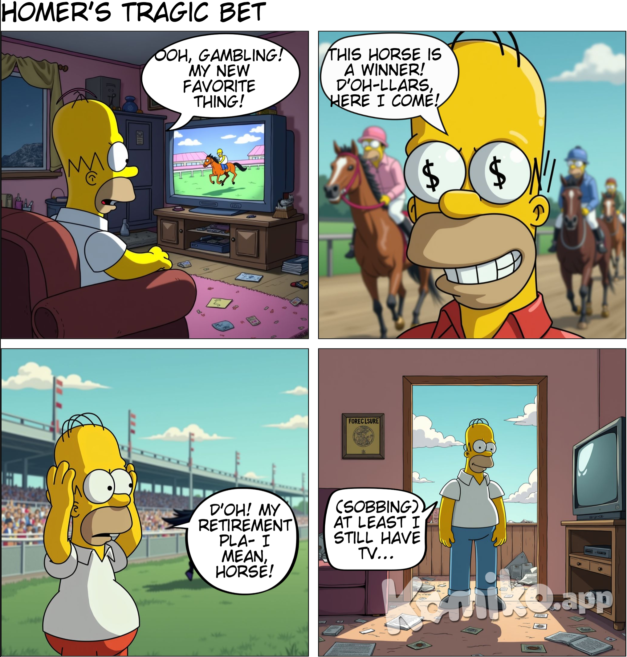 Scene 1: Homer’s Temptation Setting: The Simpson family living room, cluttered with typical household chaos. Homer is on the couch, watching TV. Action: Homer sees an ad for a horse racing gambling website. The ad shows a flashy racetrack with the tagline: "Bet big, win big!" Homer’s interest is piqued, and he’s drawn in by the idea of winning money quickly. Homer's Expression: His eyes widen with excitement, and he leans forward in anticipation. Dialogue: Homer mutters to himself, “I could do this... finally, something I’m good at!” Scene 2: The Bet Setting: The horse racing track, a lively, colorful atmosphere with cheering crowds and the roar of excitement. Action: Homer is at the betting booth, holding cash and choosing a horse. He makes a bold bet, confident that this will be his big win. Homer's Expression: A smirk of self-assurance, eagerly waiting for the race to start. Dialogue: Homer says, “This horse is a winner! I can feel it!” Scene 3: The Loss Setting: The race is in full swing. Horses are racing down the track, and Homer watches intently. Action: Homer’s chosen horse finishes last, and Homer’s face falls as he realizes he’s lost. The crowd cheers for the winning horse, while Homer is left stunned and defeated. Homer's Expression: Shock and disbelief, with his mouth agape and a hand on his forehead in frustration. Dialogue: Homer exclaims, “What?! How did I lose?! This can’t be happening!” Scene 4: The Fallout Setting: The Simpson family home, now a shell of its former self. The furniture is broken, and the house looks disheveled. There’s a sense of emptiness. Action: Homer returns home late at night, disheveled and empty-handed. He stands in the doorway, looking around at the destroyed house, realizing his addiction has cost him everything. His family is gone. Homer's Expression: Deep sorrow and regret, his face filled with guilt and realization. Dialogue: Homer says softly, “What have I done... I’ve lost everything.”