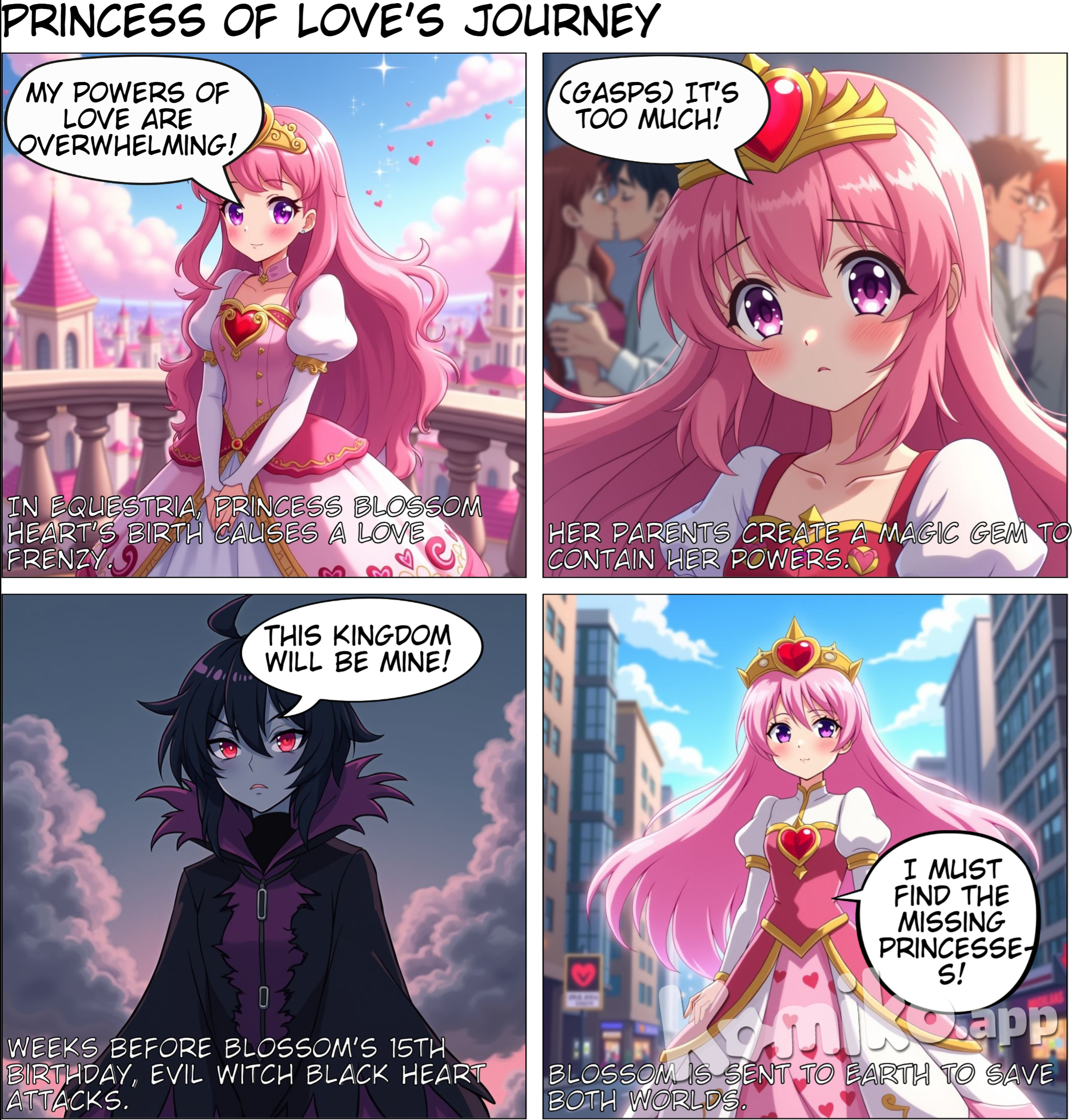  she's from a magical land called Equestria she lives in the kingdom of love she was born on February 14th as the princess of love her princess name is blossom heart and the reason for valentines day is when she was born her powers were out of control causing everyone to fall in love with someone so her mother made a special magic gem to contain her powers and she put it in her crown so they celebrate her birthday every year by being with the one you love in Honor of the princess of love but a few weeks before her 15th birthday an evil witch named black heart tried to take over the kingdom of love so Valentine's mom and dad the king and queen used all their power to stop her leaving them powerless but they managed to send the evil witch to a place called earth but that their world and earth in danger so they sent their daughter valentine to earth to find the five missing princess to save Equestria