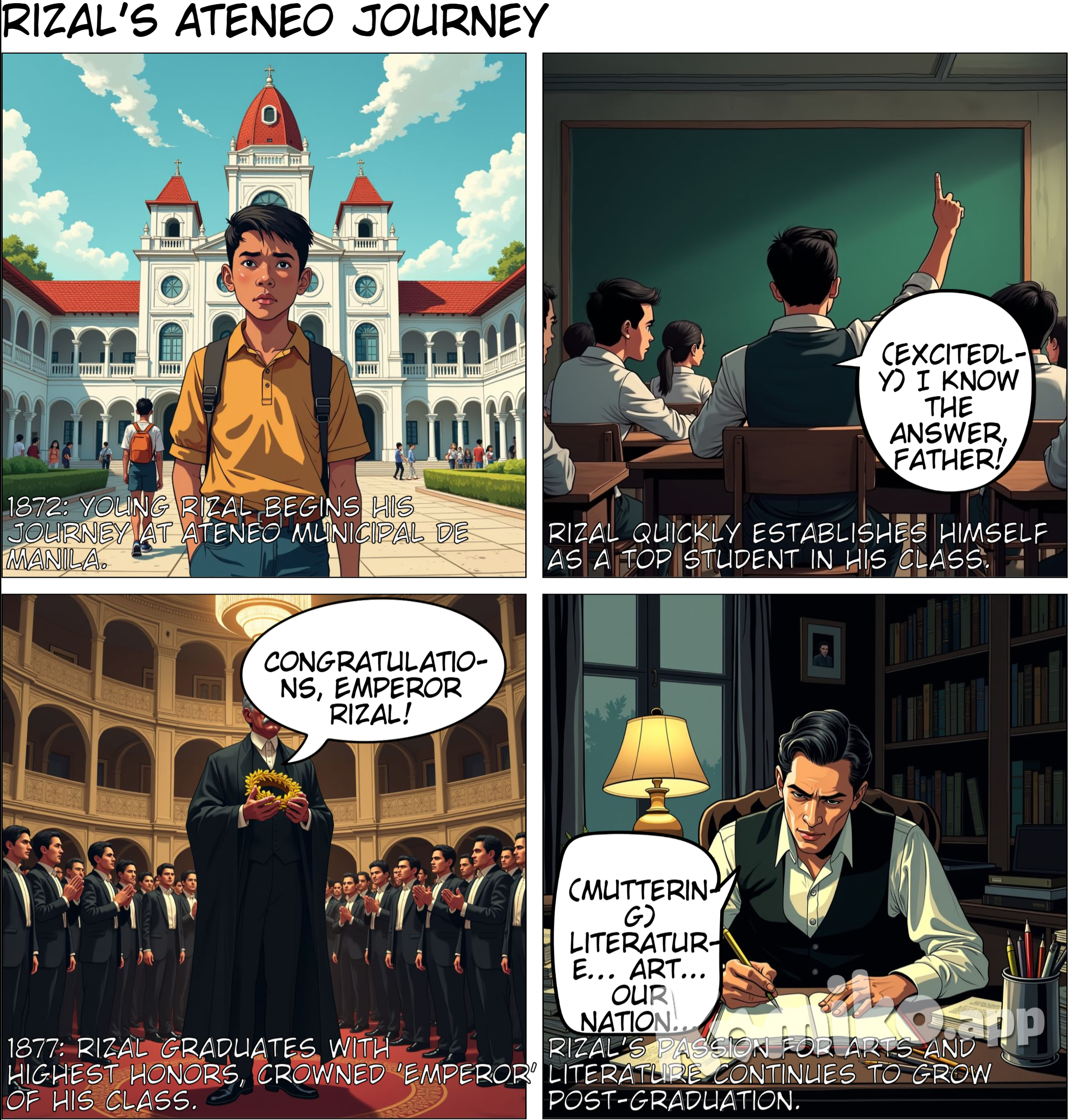 Secondary Education (Ateneo Municipal de Manila): In 1872, Rizal enrolled at the Ateneo Municipal de Manila, where he excelled academically. He graduated with high honors in 1877, earning a Bachelor of Arts degree. His performance earned him recognition as an "emperor" in his class, and he demonstrated a keen interest in literature and the arts.