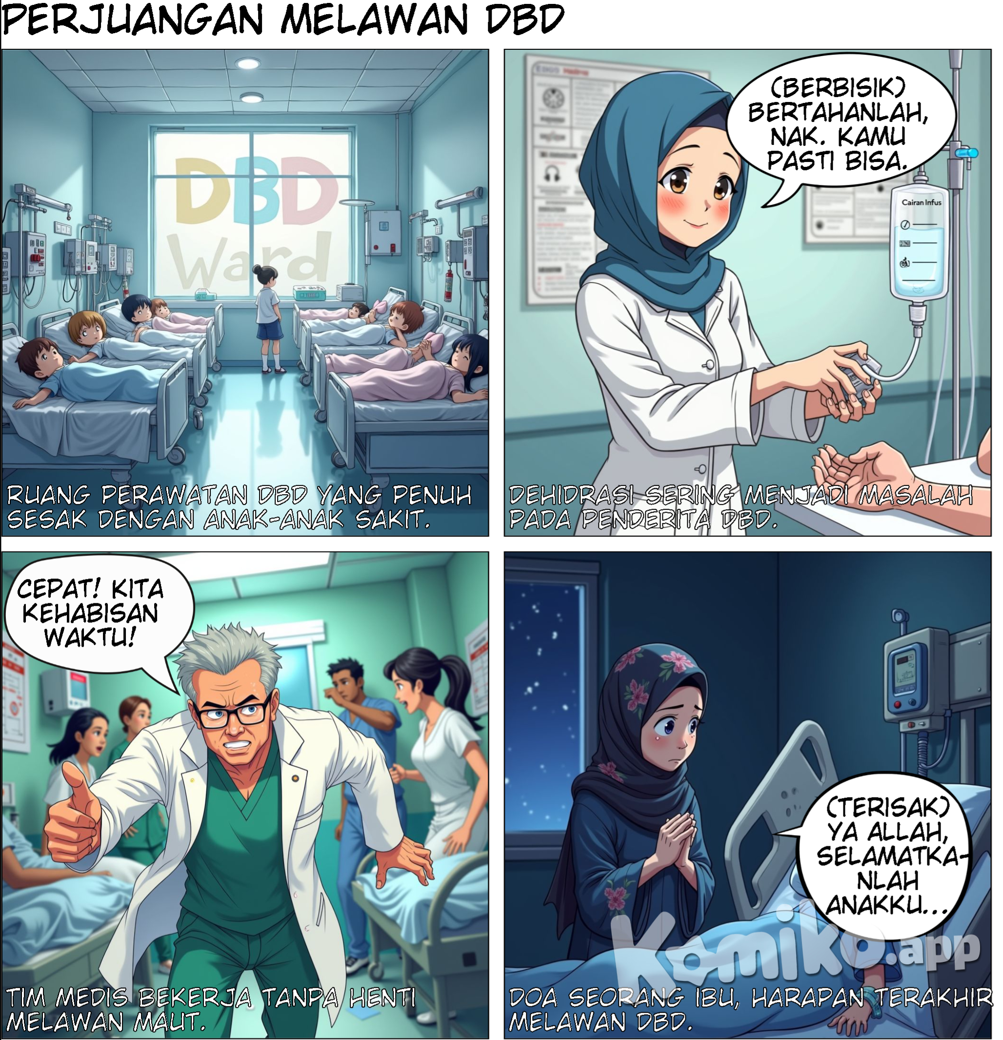  Perjuangan Melawan DBD Panel 1: Gambar beberapa pasien anak-anak yang juga dirawat karena DBD. Panel 2: Perawat memberikan cairan infus pada pasien lain. Teks narasi: “Dehidrasi sering menjadi masalah pada penderita DBD.” Panel 3: Tunjukkan tim medis bekerja keras untuk merawat para pasien. Panel 4: Gambar ibu Ardi yang berdoa di samping tempat tidur anaknya.